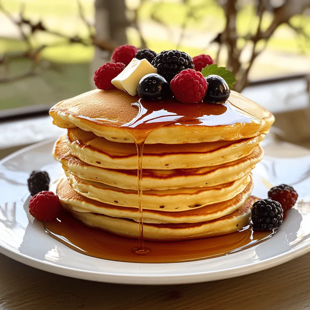 - 1 cup all-purpose flour - 2 tablespoons sugar - 1 tablespoon baking powder - 1/2 teaspoon salt - 1 cup milk (dairy or non-dairy) - 1 large egg - 2 tablespoons unsalted butter, melted (plus extra for cooking) - 1 teaspoon vanilla extract - Maple syrup for serving - Fresh berries (optional, for garnish) These ingredients are simple and easy to find. Each one plays a role in making fluffy pancakes. The flour gives the base. Sugar adds a touch of sweetness. Baking powder makes the pancakes rise. Salt enhances all the flavors. Milk brings moisture. The egg binds everything. Butter adds richness. Vanilla gives a nice aroma. Maple syrup is the classic topping. Fresh berries can make it special. - Mixing bowls - Whisk - Non-stick skillet or griddle - Measuring cups and spoons Having the right tools makes cooking easier. Mixing bowls help you combine ingredients. A whisk mixes everything well. A non-stick skillet or griddle ensures pancakes cook evenly. Measuring cups and spoons help you get the right amounts. With these items ready, you can start cooking fluffy pancakes with maple syrup. For the full recipe, check the earlier section. - Whisk together the flour, sugar, baking powder, and salt in a large bowl. - In a separate bowl, mix the milk, egg, melted butter, and vanilla extract. - Carefully combine the wet and dry ingredients. Stir gently until just mixed. - Let the batter rest for about 5 to 10 minutes. This helps make the pancakes fluffy. - Preheat your skillet over medium heat and grease it with butter. - Pour 1/4 cup of batter for each pancake. Cook until bubbles form on top. - Flip the pancakes and cook for another 1 to 2 minutes until golden brown. Use this Full Recipe to make sure you get every step right. Enjoy your fluffy pancakes topped with maple syrup! To make fluffy pancakes, avoid overmixing. When you combine wet and dry ingredients, mix gently. You want some lumps in the batter. This keeps the pancakes light. After mixing, let the batter rest for about 5-10 minutes. Resting allows the flour to hydrate and the baking powder to work. This step is key for a fluffy texture. Getting the right skillet temperature is crucial. Preheat your non-stick skillet over medium heat before adding batter. If the skillet is too hot, your pancakes will burn. If it's too cool, they won't rise. Use a small amount of butter each time you cook pancakes. This adds flavor and helps prevent sticking. Ensure you coat the skillet evenly with butter for best results. For a beautiful presentation, stack your pancakes high on a plate. Drizzle them with plenty of maple syrup. Add fresh berries on top for color and extra flavor. You can also mix and match different fruits, like bananas or peaches. This adds a fun twist to your meal. Enjoy your fluffy pancakes with a side of crispy bacon or sausage for a hearty breakfast. For the full recipe, check out the detailed steps above. {{image_2}} You can easily change up your fluffy pancakes. Try adding chocolate chips or fresh fruits like blueberries or bananas to the batter. This makes each bite exciting and tasty. You can also add spices like cinnamon or nutmeg. A sprinkle of these spices boosts the flavor and adds warmth. If you need gluten-free options, use almond or coconut flour instead of all-purpose flour. These flours can create a great texture. For vegan pancakes, swap the egg for a mashed banana or ground flaxseed mixed with water. Use almond or soy milk in place of dairy milk. Both options work well and keep the pancakes fluffy. Toppings can make your pancakes even better. You can use different syrup options like agave or fruit syrup for added sweetness. Try topping your pancakes with whipped cream or a handful of nuts for crunch. Each choice adds a unique flavor and texture, making breakfast fun and delicious. For the full recipe, check out the Fluffy Pancakes with Maple Syrup section above. You can store leftover pancakes in the refrigerator for up to 3 days. Place them in an airtight container to keep them fresh. If you want to save them longer, freezing is best. To freeze pancakes, stack them with parchment paper in between. This prevents them from sticking together. Then, place the stack in a freezer bag and remove as much air as possible. To reheat pancakes, a few methods work well. The microwave is quick but can make them a bit soggy. Instead, use your skillet. Heat it on low and add a little butter. Place the pancakes in the skillet and warm them for about 1-2 minutes on each side. This keeps them fluffy and delicious. You can also use a toaster for a crispier texture. Leftover pancakes can be fun to use in different meals. Try making a pancake sandwich with your favorite filling. You can also cut them into strips and add them to a fruit salad. For desserts, stack them with ice cream and drizzle with chocolate sauce. You can even create a pancake trifle by layering pancakes, whipped cream, and fresh berries. Enjoy your creativity with these tasty options! To make pancakes fluffier, you should use fresh baking powder. This helps create bubbles. Mix the wet and dry ingredients gently. Overmixing can make pancakes tough. Also, allow the batter to rest for 5-10 minutes. This gives the flour time to hydrate. You can also separate the egg. Whip the egg white until stiff and fold it in at the end. This adds extra air for fluffiness. Yes, you can make the batter ahead of time! Mix the dry and wet ingredients, but do not overmix. Store the batter in the fridge for up to 24 hours. When you are ready to cook, give it a gentle stir. If it looks thick, add a splash of milk to loosen it. This helps keep your pancakes fresh and tasty. The best maple syrup for pancakes is pure maple syrup. Look for brands that say "100% pure" on the label. Grade A syrup is lighter and sweeter. It works well with pancakes. Grade B is darker and richer, perfect for a strong maple flavor. Choose a syrup based on your taste. Local farms often sell delicious options, too. You can tell pancakes are done when they are golden brown. Look for bubbles forming on the surface. When the bubbles begin to pop, it’s time to flip. After flipping, cook for another 1-2 minutes. The edges should look set, and the pancake should spring back when touched. This shows they are fluffy and ready to serve. In this blog post, I detailed how to make perfect pancakes. You learned about the key ingredients and the essential tools needed. I shared step-by-step instructions and helpful tips for fluffiness. Variations and storage tips helped you see new possibilities with pancakes. Remember, perfect pancakes don’t just fill your belly; they create moments. Enjoy experimenting in the kitchen!