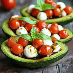 - 2 ripe avocados - 1 cup cherry tomatoes, halved - 1 cup fresh mozzarella balls (bocconcini), halved - 1/4 cup fresh basil leaves, chopped - 2 tablespoons balsamic glaze - 1 tablespoon olive oil - Salt and pepper to taste Choosing ripe avocados: Look for avocados that yield slightly when pressed. This means they are ready to eat. A firm avocado needs more time to ripen. Selecting the best tomatoes: Choose cherry tomatoes that are bright and firm. Their sweetness adds great flavor to the dish. Freshness of mozzarella: Fresh mozzarella should be soft and moist. Look for the ones stored in water or whey for the best taste. For the detailed steps of making this dish, check out the Full Recipe. First, cut each avocado in half. Be careful with the knife. Remove the pit gently. Next, take a spoon and scoop out a little flesh from the center. This gives more room for the filling. You want to keep the shell intact. In a mixing bowl, combine the halved cherry tomatoes, mozzarella balls, and chopped basil leaves. These fresh ingredients make the dish pop. Then, drizzle the mixture with olive oil and balsamic glaze. Season with salt and pepper to taste. Gently toss everything together to blend the flavors. Now it’s time to stuff the avocado halves. Spoon the Caprese mixture generously into each half. Make sure to fill them well. For an extra kick, drizzle a little more balsamic glaze on top. This adds nice flavor and looks beautiful. For the full recipe, check the details above. Enjoy your fresh and flavorful delight! To make your Caprese stuffed avocado shine, presentation matters. Place each avocado half on a colorful plate. Sprinkle extra chopped basil on top for a pop of color. You can also serve it on a bed of mixed greens for a nice look. For drinks, pair it with a crisp white wine like Sauvignon Blanc. If you want something non-alcoholic, try sparkling water with a squeeze of lemon. Serve your Caprese stuffed avocado chilled for the best taste. The coolness helps the flavors pop. If you prepare it ahead, chill it for about 30 minutes. This lets the ingredients blend well. Serve it right after assembling for the freshest flavor. Want to spice things up? Add a pinch of red pepper flakes for heat. You can also mix in some diced olives for a briny twist. If you don't have balsamic glaze, try a splash of lemon juice or apple cider vinegar. Both add a nice zing to your dish. With these tips, your Caprese stuffed avocado will impress everyone! {{image_2}} You can get creative with your Caprese stuffed avocado by swapping ingredients. Try using different cheeses like feta or goat cheese. These cheeses add unique flavors that mix well with the fresh ingredients. You can also explore alternative herbs. Instead of basil, use fresh parsley or cilantro for a new twist. Each swap can create a new taste adventure. If you want a vegan Caprese stuffed avocado, simply omit the cheese. Instead, try using marinated tofu or avocado as a creamy base. This keeps the dish rich in flavor while staying plant-based. For low-carb options, skip the mozzarella and add more vegetables. Zucchini or bell peppers can give you the crunch you need without the carbs. Seasonal vegetables can elevate your Caprese stuffed avocado. In the summer, add diced cucumbers or bell peppers for a refreshing crunch. During fall, roasted butternut squash gives a warm, sweet flavor. For holidays, sprinkle in pomegranate seeds for a festive touch. These additions can make your dish more colorful and flavorful. Check the Full Recipe for more inspiration on how to make this dish shine! To keep your Caprese stuffed avocado fresh, store it in an airtight container. Place any leftover avocado halves in the fridge. They will stay tasty for about one day. The lemon juice helps slow browning. If you skip the lemon, cover the exposed flesh with plastic wrap. This method keeps the air out. Freezing stuffed avocados is tricky. The texture changes when frozen. I do not recommend freezing them. However, you can prepare the filling in advance. Store the Caprese mixture in the fridge for 2-3 days. For on-the-go servings, pack the filling and avocado separately. Assemble them when ready to eat. The ingredients last about one day in the fridge once prepared. The avocados brown quickly. Thus, it's best to eat them soon after making. The cherry tomatoes and mozzarella can stay fresh for a few days. Always check for spoilage before serving. Enjoy this fresh dish quickly for the best taste! Caprese stuffed avocado is a fresh dish that combines flavors from Italy. It features ripe avocados filled with a mix of cherry tomatoes, mozzarella, and basil. The creamy avocado pairs well with the juicy tomatoes and soft cheese. A drizzle of balsamic glaze adds a sweet and tangy touch. This dish looks beautiful and tastes even better. You can enjoy it as a light lunch or a fancy appetizer. Yes, you can prepare Caprese stuffed avocado in advance! Here’s how: - Prep the filling: Mix the tomatoes, mozzarella, and basil ahead of time. - Store separately: Keep the filling and avocado halves in separate containers. This keeps the avocado from browning. - Assemble before serving: Stuff the avocados just before you plan to eat. This keeps them fresh and tasty. Caprese stuffed avocado pairs well with many side dishes. Here are some great options: - A fresh green salad with a light vinaigrette. - Grilled chicken or shrimp for added protein. - Crusty bread to soak up any extra balsamic glaze. - A glass of chilled white wine or sparkling water for a refreshing drink. Yes, Caprese stuffed avocado is quite healthy! Here are some benefits: - Avocados are rich in healthy fats, good for your heart. - Tomatoes provide vitamins and antioxidants, which are great for your skin. - Mozzarella offers protein and calcium for strong bones. - Basil has anti-inflammatory properties and adds flavor without extra calories. This dish is a tasty way to get essential nutrients while enjoying delicious flavors. In this post, we explored how to make Caprese stuffed avocados. We discussed the fresh ingredients, pantry staples, and tips for picking the best produce. I provided clear instructions for preparing and mixing the filling, along with easy assembly steps. You can impress your guests with unique variations and serving suggestions. Remember, proper storage helps keep your dish fresh. Enjoy this healthy treat that's simple to make and full of flavor!
