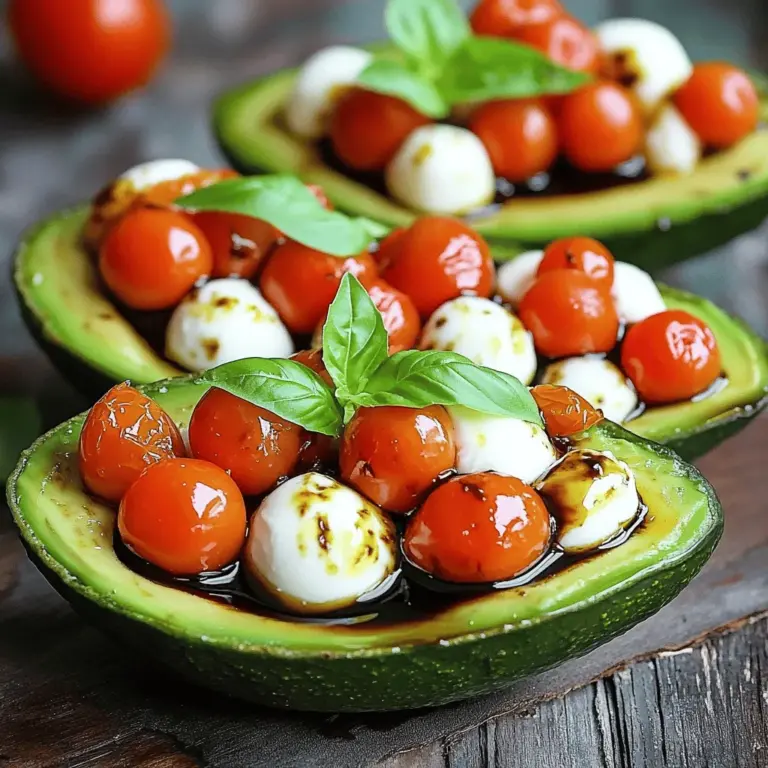 - 2 ripe avocados - 1 cup cherry tomatoes, halved - 1 cup fresh mozzarella balls (bocconcini), halved - 1/4 cup fresh basil leaves, chopped - 2 tablespoons balsamic glaze - 1 tablespoon olive oil - Salt and pepper to taste Choosing ripe avocados: Look for avocados that yield slightly when pressed. This means they are ready to eat. A firm avocado needs more time to ripen. Selecting the best tomatoes: Choose cherry tomatoes that are bright and firm. Their sweetness adds great flavor to the dish. Freshness of mozzarella: Fresh mozzarella should be soft and moist. Look for the ones stored in water or whey for the best taste. For the detailed steps of making this dish, check out the Full Recipe. First, cut each avocado in half. Be careful with the knife. Remove the pit gently. Next, take a spoon and scoop out a little flesh from the center. This gives more room for the filling. You want to keep the shell intact. In a mixing bowl, combine the halved cherry tomatoes, mozzarella balls, and chopped basil leaves. These fresh ingredients make the dish pop. Then, drizzle the mixture with olive oil and balsamic glaze. Season with salt and pepper to taste. Gently toss everything together to blend the flavors. Now it’s time to stuff the avocado halves. Spoon the Caprese mixture generously into each half. Make sure to fill them well. For an extra kick, drizzle a little more balsamic glaze on top. This adds nice flavor and looks beautiful. For the full recipe, check the details above. Enjoy your fresh and flavorful delight! To make your Caprese stuffed avocado shine, presentation matters. Place each avocado half on a colorful plate. Sprinkle extra chopped basil on top for a pop of color. You can also serve it on a bed of mixed greens for a nice look. For drinks, pair it with a crisp white wine like Sauvignon Blanc. If you want something non-alcoholic, try sparkling water with a squeeze of lemon. Serve your Caprese stuffed avocado chilled for the best taste. The coolness helps the flavors pop. If you prepare it ahead, chill it for about 30 minutes. This lets the ingredients blend well. Serve it right after assembling for the freshest flavor. Want to spice things up? Add a pinch of red pepper flakes for heat. You can also mix in some diced olives for a briny twist. If you don't have balsamic glaze, try a splash of lemon juice or apple cider vinegar. Both add a nice zing to your dish. With these tips, your Caprese stuffed avocado will impress everyone! {{image_2}} You can get creative with your Caprese stuffed avocado by swapping ingredients. Try using different cheeses like feta or goat cheese. These cheeses add unique flavors that mix well with the fresh ingredients. You can also explore alternative herbs. Instead of basil, use fresh parsley or cilantro for a new twist. Each swap can create a new taste adventure. If you want a vegan Caprese stuffed avocado, simply omit the cheese. Instead, try using marinated tofu or avocado as a creamy base. This keeps the dish rich in flavor while staying plant-based. For low-carb options, skip the mozzarella and add more vegetables. Zucchini or bell peppers can give you the crunch you need without the carbs. Seasonal vegetables can elevate your Caprese stuffed avocado. In the summer, add diced cucumbers or bell peppers for a refreshing crunch. During fall, roasted butternut squash gives a warm, sweet flavor. For holidays, sprinkle in pomegranate seeds for a festive touch. These additions can make your dish more colorful and flavorful. Check the Full Recipe for more inspiration on how to make this dish shine! To keep your Caprese stuffed avocado fresh, store it in an airtight container. Place any leftover avocado halves in the fridge. They will stay tasty for about one day. The lemon juice helps slow browning. If you skip the lemon, cover the exposed flesh with plastic wrap. This method keeps the air out. Freezing stuffed avocados is tricky. The texture changes when frozen. I do not recommend freezing them. However, you can prepare the filling in advance. Store the Caprese mixture in the fridge for 2-3 days. For on-the-go servings, pack the filling and avocado separately. Assemble them when ready to eat. The ingredients last about one day in the fridge once prepared. The avocados brown quickly. Thus, it's best to eat them soon after making. The cherry tomatoes and mozzarella can stay fresh for a few days. Always check for spoilage before serving. Enjoy this fresh dish quickly for the best taste! Caprese stuffed avocado is a fresh dish that combines flavors from Italy. It features ripe avocados filled with a mix of cherry tomatoes, mozzarella, and basil. The creamy avocado pairs well with the juicy tomatoes and soft cheese. A drizzle of balsamic glaze adds a sweet and tangy touch. This dish looks beautiful and tastes even better. You can enjoy it as a light lunch or a fancy appetizer. Yes, you can prepare Caprese stuffed avocado in advance! Here’s how: - Prep the filling: Mix the tomatoes, mozzarella, and basil ahead of time. - Store separately: Keep the filling and avocado halves in separate containers. This keeps the avocado from browning. - Assemble before serving: Stuff the avocados just before you plan to eat. This keeps them fresh and tasty. Caprese stuffed avocado pairs well with many side dishes. Here are some great options: - A fresh green salad with a light vinaigrette. - Grilled chicken or shrimp for added protein. - Crusty bread to soak up any extra balsamic glaze. - A glass of chilled white wine or sparkling water for a refreshing drink. Yes, Caprese stuffed avocado is quite healthy! Here are some benefits: - Avocados are rich in healthy fats, good for your heart. - Tomatoes provide vitamins and antioxidants, which are great for your skin. - Mozzarella offers protein and calcium for strong bones. - Basil has anti-inflammatory properties and adds flavor without extra calories. This dish is a tasty way to get essential nutrients while enjoying delicious flavors. In this post, we explored how to make Caprese stuffed avocados. We discussed the fresh ingredients, pantry staples, and tips for picking the best produce. I provided clear instructions for preparing and mixing the filling, along with easy assembly steps. You can impress your guests with unique variations and serving suggestions. Remember, proper storage helps keep your dish fresh. Enjoy this healthy treat that's simple to make and full of flavor!