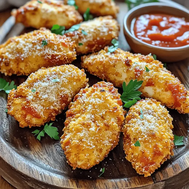 For Oven-Baked Crispy Parmesan Chicken Tenders, here are the ingredients you will need: - 1 pound chicken tenderloins - 1 cup buttermilk (or milk with a splash of lemon juice) - 1 cup all-purpose flour - 1 teaspoon garlic powder - 1 teaspoon onion powder - 1 teaspoon smoked paprika - 1 cup grated Parmesan cheese - 1 cup breadcrumbs (panko preferred for extra crunch) - 1 teaspoon dried Italian herbs (oregano, basil, thyme) - Salt and pepper to taste - Olive oil spray You can easily swap some ingredients if needed: - Buttermilk: Use regular milk with lemon juice. - Breadcrumbs: Any type of breadcrumbs works, but panko gives the best crunch. - Parmesan cheese: Grana Padano or Pecorino Romano are great substitutes. - Herbs: Fresh herbs can replace dried ones. Just use more. To make this recipe, you will need some key tools: - Baking sheet: Line it with parchment paper for easy cleanup. - Shallow bowls: Use these for dredging the chicken. - Whisk: Good for mixing dry ingredients. - Spray bottle: Fill it with olive oil to mist the chicken for crispiness. Following these guidelines will help you create the perfect crispy chicken tenders. For the complete process, check the Full Recipe. Start by soaking the chicken tenderloins in buttermilk. This step is key. It helps to make the chicken juicy and flavorful. Let the chicken soak for at least 30 minutes. You can even go longer if you want. The acidity in the buttermilk helps tenderize the meat. If you don't have buttermilk, mix regular milk with a splash of lemon juice. This works just as well. While the chicken soaks, it's time to prepare the coating. In a shallow dish, mix the flour with garlic powder, onion powder, smoked paprika, salt, and pepper. This spice mix gives the chicken great flavor. In another bowl, combine the grated Parmesan cheese with breadcrumbs and dried Italian herbs. Use panko breadcrumbs for extra crunch. Make sure to mix it well so every bite is tasty. Once you're ready, preheat your oven to 425°F (220°C). Line a baking sheet with parchment paper to prevent sticking. Take the chicken tenders out of the buttermilk, letting the excess drip off. Dredge each tender in the flour mixture first, then shake off any extra. Next, dip it into the Parmesan breadcrumb mix, pressing gently to coat well. Place the breaded tenders on the baking sheet. Lightly spray the tops with olive oil. This helps them get crispy in the oven. Bake for about 20-25 minutes. Look for a golden brown color and make sure the chicken is cooked through. Let them rest for a few minutes before serving. Enjoy your Oven-Baked Crispy Parmesan Chicken Tenders! You can find the Full Recipe for more details. To get the crispiest texture, use panko breadcrumbs. Panko provides a light, airy crunch. Make sure to coat the chicken well in the flour mixture first. This helps the cheese and breadcrumbs stick. Lightly spray the tops with olive oil before baking. This gives them a golden finish. Don’t skip the buttermilk soak. It adds flavor and moisture. Overcrowding the baking sheet can cause steaming. Leave space between each tender so they cook evenly. Also, avoid using too much flour or cheese. A light coating works best for that crunch. Use a baking sheet lined with parchment paper. This prevents sticking and makes cleanup easy. A shallow dish for the flour and another for the breadcrumbs helps with coating. A good pair of tongs makes handling the chicken easy. Lastly, an olive oil spray bottle lets you control the amount of oil used. For the full recipe, visit the link above. {{image_2}} You can change the taste of your chicken tenders with many seasonings. For a spicy kick, add cayenne pepper or chili powder to the flour mix. If you love herbs, try fresh rosemary or thyme for a fragrant touch. You can also experiment with lemon zest for a bright flavor. Mix and match to find your favorite blend. If you need a gluten-free version, use gluten-free flour instead of regular flour. You can also swap panko breadcrumbs with crushed gluten-free crackers or cornflakes. These options still give you that crunchy texture. Just make sure all your ingredients are certified gluten-free to avoid any issues. Meal prep makes weeknight dinners easy. You can bread the chicken tenders in advance and freeze them. Lay them flat on a baking sheet first, then freeze until solid. After that, transfer them to a bag. When ready to cook, bake them right from the freezer. Just add a few extra minutes to the cooking time. This way, you always have a tasty meal on hand! For the full recipe, check the complete guide. After cooking your oven-baked crispy Parmesan chicken tenders, you want to store them right. Let them cool down to room temperature first. Then, place them in an airtight container. If you have some leftovers, keep them safe from air and moisture. You can also wrap them tightly in plastic wrap and then place them in a container. This way, they stay fresh longer. To reheat the chicken tenders, I suggest using the oven. Preheat your oven to 375°F (190°C). Place the chicken tenders on a baking sheet. Heat them for about 10-15 minutes until they're hot and crispy again. If you want to use a microwave, it’s best to cover them with a damp paper towel. This helps keep them moist. However, the oven will keep them crispier. These chicken tenders can last in the fridge for about 3-4 days. If you want to store them longer, consider freezing them. In the freezer, they can last for up to 2 months. Just be sure to wrap them well to avoid freezer burn. When you're ready to eat, thaw them in the fridge overnight before reheating. For the full recipe, check out the details above. Yes, you can use chicken breasts. Just slice them into strips. The cooking time may change. Thicker pieces will need more time in the oven. Aim for strips that are about the same size as tenders. This helps them cook evenly. To check if the chicken is done, use a meat thermometer. Insert it into the thickest part of the chicken. The safe internal temperature is 165°F (74°C). If you don’t have a thermometer, cut into a piece. The meat should be white and juices should run clear. Many sauces go well with chicken tenders. Here are some favorites: - Barbecue sauce - Honey mustard - Ranch dressing - Marinara sauce - Buffalo sauce Feel free to mix and match to find your favorite. Enjoy the crispy flavors with your favorite dips! For the full recipe, check out the complete guide. This blog post covered how to make tasty chicken tenders from start to finish. We looked at ingredients, prep steps, and cooking methods. I shared tips for getting that perfect crispy texture and avoiding common mistakes. You also learned variations to boost flavor and storage techniques. Now, you are ready to impress with your chicken tender skills! Enjoy cooking and experimenting. Your tasty tenders await!