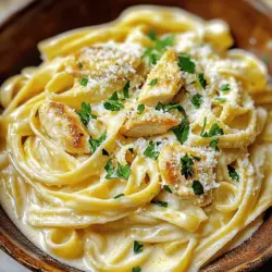 To make the creamy garlic chicken pasta, gather these items: - 400g fettuccine pasta - 2 boneless chicken breasts, sliced thin - 4 cloves garlic, minced - 1 cup heavy cream - 1 cup chicken broth - 1 cup grated Parmesan cheese - 2 tablespoons olive oil - 1 tablespoon butter - 1 teaspoon Italian seasoning - Salt and pepper to taste - Fresh parsley, chopped for garnish If you need substitutes, here are some great options: - Use penne or spaghetti instead of fettuccine. - Swap chicken for shrimp or tofu for a different flavor. - Try low-fat milk instead of heavy cream for a lighter sauce. - Use vegetable broth instead of chicken broth for a vegetarian option. - If you’re out of Parmesan, use Pecorino Romano or nutritional yeast. This dish serves four people and offers a tasty balance. Each serving contains: - Calories: 600 - Protein: 35g - Carbohydrates: 60g - Fat: 25g - Fiber: 2g - Sodium: 700mg For more details, check the Full Recipe. Enjoy cooking this creamy garlic chicken pasta! Start by boiling water in a large pot. Add salt to the water. Once it boils, add the fettuccine pasta. Cook it according to the package directions until it is al dente. This usually takes around 10-12 minutes. When done, drain the pasta but save half a cup of the water. Set the pasta aside and let it cool. In a large skillet, heat two tablespoons of olive oil and one tablespoon of butter over medium heat. Add the sliced chicken breasts to the skillet. Sprinkle salt, pepper, and Italian seasoning on the chicken. Cook it for about 5 to 7 minutes until it turns golden brown. Make sure the chicken is cooked through. Once done, take the chicken out and place it on a plate. In the same skillet, add four minced garlic cloves. Sauté the garlic for about 30 seconds. Be careful not to let it burn. Next, pour in one cup of chicken broth. Bring it to a gentle simmer. After that, add one cup of heavy cream. Stir well to mix everything together. Gradually add one cup of grated Parmesan cheese to the sauce. Keep stirring until the cheese melts and makes the sauce smooth. If the sauce gets too thick, use the reserved pasta water to adjust the consistency. Now, return the cooked chicken to the skillet. Add the drained fettuccine. Toss everything together so the pasta is well coated in the creamy sauce. Taste and add more salt and pepper if needed. When ready to serve, plate the pasta. Garnish each dish with fresh chopped parsley. You can also sprinkle some extra Parmesan cheese on top for added flavor. Enjoy your delicious creamy garlic chicken pasta! For the complete recipe, check out the Full Recipe section. To cook perfect pasta, start with a large pot. Use plenty of water and add salt. This step adds flavor to the pasta. Bring the water to a rolling boil before adding your fettuccine. Stir the pasta often to prevent it from sticking. Cook until it's al dente, which means it still has a bite. Drain the pasta when done, but save some water for later. This water can help loosen your sauce. For juicy, tender chicken, slice the breasts thinly. This helps them cook evenly and quickly. Heat olive oil and butter in your skillet over medium heat. Once hot, add the chicken and season it well with salt, pepper, and Italian seasoning. Sauté until the chicken turns golden and is cooked through. This usually takes about 5-7 minutes. Take the chicken out of the pan to keep it juicy while you make the sauce. To make the sauce creamy, use heavy cream and chicken broth. After cooking the garlic, pour in the broth and let it simmer. Add the heavy cream next, stirring to combine. Gradually mix in the grated Parmesan cheese. It melts and thickens the sauce, making it rich and smooth. If the sauce feels too thick, add a splash of reserved pasta water. This small trick helps you achieve the perfect creamy texture. Enjoy this sauce with your pasta for a delicious meal. For the full recipe, check out the complete instructions above. {{image_2}} You can easily make this dish vegetarian. Just swap the chicken for mushrooms or tofu. Both options give a nice texture and flavor. Mushrooms add a deep, earthy taste. Tofu absorbs the creamy sauce well. Use the same cooking method as for chicken. Cook until golden and crispy. Adding vegetables boosts nutrition and flavor. Good choices are spinach, bell peppers, or broccoli. Sauté them in the pan after the garlic. This adds color and crunch. You can also toss in cherry tomatoes for a sweet burst. Adjust cooking times for firmer veggies to keep them vibrant. Fettuccine works well, but feel free to use other pasta. Penne, spaghetti, or even gluten-free pasta can work great. Choose a shape that holds sauce well. For shorter pasta, reduce cooking time slightly. This way, you keep everything balanced and delicious. Check out the Full Recipe for more tips! After you enjoy your Creamy Garlic Chicken Pasta, store any leftovers in an airtight container. Let the pasta cool down first. Place it in the fridge for up to three days. This keeps the flavors fresh and tasty. To reheat, use a skillet over low heat. Add a splash of chicken broth or cream to keep it moist. Stir often until it heats through. You can also use a microwave. Heat in short bursts, stirring in between to avoid hot spots. If you want to save some for later, freezing is an option. Place the cooled pasta in a freezer-safe container. It can last up to three months in the freezer. When ready to eat, thaw it in the fridge overnight. Reheat as mentioned above for the best results. Yes, you can use other cheeses. Mozzarella or cream cheese can work well. Each cheese gives a unique taste and texture. Experiment to find what you love best. Just keep in mind, the creaminess may change based on the cheese you choose. This dish pairs well with many sides. A fresh green salad adds a nice crunch. Garlic bread can soak up that creamy sauce. Steamed vegetables bring color and nutrients. Choose what fits your meal and your mood! To make it healthier, try these tips: - Use whole wheat pasta for more fiber. - Swap heavy cream for Greek yogurt or cashew cream. - Add more veggies like spinach, broccoli, or bell peppers. These changes keep the flavor while boosting nutrition. Yes, this recipe is great for meal prep! You can make it ahead and store it. Divide it into portions and keep it in the fridge. Reheat it when you’re ready to eat. Just add a splash of water to keep it creamy. This recipe stands out for its rich flavor and easy steps. The garlic sauce is creamy and comforting. You can make it in about 30 minutes. The balance of chicken and pasta keeps it filling. Plus, it’s a crowd-pleaser for all ages. You can find the full recipe above to get started! In this blog post, I covered how to make Creamy Garlic Chicken Pasta. We looked at the ingredients, cooking steps, and helpful tips. You learned about variations like vegetarian options and how to store leftovers. For the best results, follow each step carefully. Don't hesitate to experiment with flavors and ingredients. Enjoy your cooking, and remember to share your tasty results!