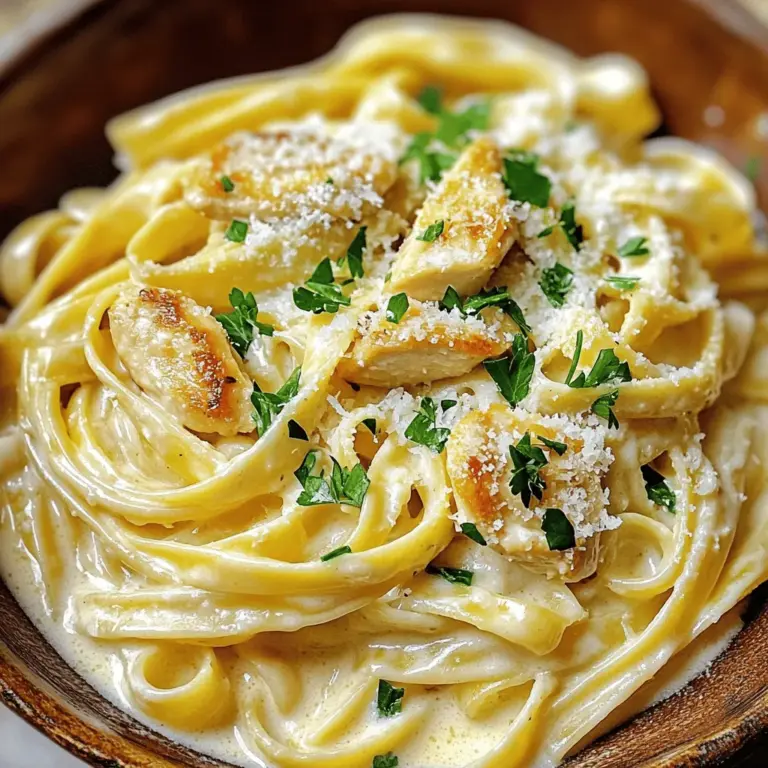 To make the creamy garlic chicken pasta, gather these items: - 400g fettuccine pasta - 2 boneless chicken breasts, sliced thin - 4 cloves garlic, minced - 1 cup heavy cream - 1 cup chicken broth - 1 cup grated Parmesan cheese - 2 tablespoons olive oil - 1 tablespoon butter - 1 teaspoon Italian seasoning - Salt and pepper to taste - Fresh parsley, chopped for garnish If you need substitutes, here are some great options: - Use penne or spaghetti instead of fettuccine. - Swap chicken for shrimp or tofu for a different flavor. - Try low-fat milk instead of heavy cream for a lighter sauce. - Use vegetable broth instead of chicken broth for a vegetarian option. - If you’re out of Parmesan, use Pecorino Romano or nutritional yeast. This dish serves four people and offers a tasty balance. Each serving contains: - Calories: 600 - Protein: 35g - Carbohydrates: 60g - Fat: 25g - Fiber: 2g - Sodium: 700mg For more details, check the Full Recipe. Enjoy cooking this creamy garlic chicken pasta! Start by boiling water in a large pot. Add salt to the water. Once it boils, add the fettuccine pasta. Cook it according to the package directions until it is al dente. This usually takes around 10-12 minutes. When done, drain the pasta but save half a cup of the water. Set the pasta aside and let it cool. In a large skillet, heat two tablespoons of olive oil and one tablespoon of butter over medium heat. Add the sliced chicken breasts to the skillet. Sprinkle salt, pepper, and Italian seasoning on the chicken. Cook it for about 5 to 7 minutes until it turns golden brown. Make sure the chicken is cooked through. Once done, take the chicken out and place it on a plate. In the same skillet, add four minced garlic cloves. Sauté the garlic for about 30 seconds. Be careful not to let it burn. Next, pour in one cup of chicken broth. Bring it to a gentle simmer. After that, add one cup of heavy cream. Stir well to mix everything together. Gradually add one cup of grated Parmesan cheese to the sauce. Keep stirring until the cheese melts and makes the sauce smooth. If the sauce gets too thick, use the reserved pasta water to adjust the consistency. Now, return the cooked chicken to the skillet. Add the drained fettuccine. Toss everything together so the pasta is well coated in the creamy sauce. Taste and add more salt and pepper if needed. When ready to serve, plate the pasta. Garnish each dish with fresh chopped parsley. You can also sprinkle some extra Parmesan cheese on top for added flavor. Enjoy your delicious creamy garlic chicken pasta! For the complete recipe, check out the Full Recipe section. To cook perfect pasta, start with a large pot. Use plenty of water and add salt. This step adds flavor to the pasta. Bring the water to a rolling boil before adding your fettuccine. Stir the pasta often to prevent it from sticking. Cook until it's al dente, which means it still has a bite. Drain the pasta when done, but save some water for later. This water can help loosen your sauce. For juicy, tender chicken, slice the breasts thinly. This helps them cook evenly and quickly. Heat olive oil and butter in your skillet over medium heat. Once hot, add the chicken and season it well with salt, pepper, and Italian seasoning. Sauté until the chicken turns golden and is cooked through. This usually takes about 5-7 minutes. Take the chicken out of the pan to keep it juicy while you make the sauce. To make the sauce creamy, use heavy cream and chicken broth. After cooking the garlic, pour in the broth and let it simmer. Add the heavy cream next, stirring to combine. Gradually mix in the grated Parmesan cheese. It melts and thickens the sauce, making it rich and smooth. If the sauce feels too thick, add a splash of reserved pasta water. This small trick helps you achieve the perfect creamy texture. Enjoy this sauce with your pasta for a delicious meal. For the full recipe, check out the complete instructions above. {{image_2}} You can easily make this dish vegetarian. Just swap the chicken for mushrooms or tofu. Both options give a nice texture and flavor. Mushrooms add a deep, earthy taste. Tofu absorbs the creamy sauce well. Use the same cooking method as for chicken. Cook until golden and crispy. Adding vegetables boosts nutrition and flavor. Good choices are spinach, bell peppers, or broccoli. Sauté them in the pan after the garlic. This adds color and crunch. You can also toss in cherry tomatoes for a sweet burst. Adjust cooking times for firmer veggies to keep them vibrant. Fettuccine works well, but feel free to use other pasta. Penne, spaghetti, or even gluten-free pasta can work great. Choose a shape that holds sauce well. For shorter pasta, reduce cooking time slightly. This way, you keep everything balanced and delicious. Check out the Full Recipe for more tips! After you enjoy your Creamy Garlic Chicken Pasta, store any leftovers in an airtight container. Let the pasta cool down first. Place it in the fridge for up to three days. This keeps the flavors fresh and tasty. To reheat, use a skillet over low heat. Add a splash of chicken broth or cream to keep it moist. Stir often until it heats through. You can also use a microwave. Heat in short bursts, stirring in between to avoid hot spots. If you want to save some for later, freezing is an option. Place the cooled pasta in a freezer-safe container. It can last up to three months in the freezer. When ready to eat, thaw it in the fridge overnight. Reheat as mentioned above for the best results. Yes, you can use other cheeses. Mozzarella or cream cheese can work well. Each cheese gives a unique taste and texture. Experiment to find what you love best. Just keep in mind, the creaminess may change based on the cheese you choose. This dish pairs well with many sides. A fresh green salad adds a nice crunch. Garlic bread can soak up that creamy sauce. Steamed vegetables bring color and nutrients. Choose what fits your meal and your mood! To make it healthier, try these tips: - Use whole wheat pasta for more fiber. - Swap heavy cream for Greek yogurt or cashew cream. - Add more veggies like spinach, broccoli, or bell peppers. These changes keep the flavor while boosting nutrition. Yes, this recipe is great for meal prep! You can make it ahead and store it. Divide it into portions and keep it in the fridge. Reheat it when you’re ready to eat. Just add a splash of water to keep it creamy. This recipe stands out for its rich flavor and easy steps. The garlic sauce is creamy and comforting. You can make it in about 30 minutes. The balance of chicken and pasta keeps it filling. Plus, it’s a crowd-pleaser for all ages. You can find the full recipe above to get started! In this blog post, I covered how to make Creamy Garlic Chicken Pasta. We looked at the ingredients, cooking steps, and helpful tips. You learned about variations like vegetarian options and how to store leftovers. For the best results, follow each step carefully. Don't hesitate to experiment with flavors and ingredients. Enjoy your cooking, and remember to share your tasty results!