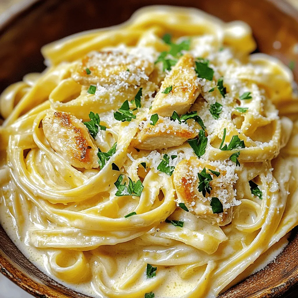 To make the creamy garlic chicken pasta, gather these items: - 400g fettuccine pasta - 2 boneless chicken breasts, sliced thin - 4 cloves garlic, minced - 1 cup heavy cream - 1 cup chicken broth - 1 cup grated Parmesan cheese - 2 tablespoons olive oil - 1 tablespoon butter - 1 teaspoon Italian seasoning - Salt and pepper to taste - Fresh parsley, chopped for garnish If you need substitutes, here are some great options: - Use penne or spaghetti instead of fettuccine. - Swap chicken for shrimp or tofu for a different flavor. - Try low-fat milk instead of heavy cream for a lighter sauce. - Use vegetable broth instead of chicken broth for a vegetarian option. - If you’re out of Parmesan, use Pecorino Romano or nutritional yeast. This dish serves four people and offers a tasty balance. Each serving contains: - Calories: 600 - Protein: 35g - Carbohydrates: 60g - Fat: 25g - Fiber: 2g - Sodium: 700mg For more details, check the Full Recipe. Enjoy cooking this creamy garlic chicken pasta! Start by boiling water in a large pot. Add salt to the water. Once it boils, add the fettuccine pasta. Cook it according to the package directions until it is al dente. This usually takes around 10-12 minutes. When done, drain the pasta but save half a cup of the water. Set the pasta aside and let it cool. In a large skillet, heat two tablespoons of olive oil and one tablespoon of butter over medium heat. Add the sliced chicken breasts to the skillet. Sprinkle salt, pepper, and Italian seasoning on the chicken. Cook it for about 5 to 7 minutes until it turns golden brown. Make sure the chicken is cooked through. Once done, take the chicken out and place it on a plate. In the same skillet, add four minced garlic cloves. Sauté the garlic for about 30 seconds. Be careful not to let it burn. Next, pour in one cup of chicken broth. Bring it to a gentle simmer. After that, add one cup of heavy cream. Stir well to mix everything together. Gradually add one cup of grated Parmesan cheese to the sauce. Keep stirring until the cheese melts and makes the sauce smooth. If the sauce gets too thick, use the reserved pasta water to adjust the consistency. Now, return the cooked chicken to the skillet. Add the drained fettuccine. Toss everything together so the pasta is well coated in the creamy sauce. Taste and add more salt and pepper if needed. When ready to serve, plate the pasta. Garnish each dish with fresh chopped parsley. You can also sprinkle some extra Parmesan cheese on top for added flavor. Enjoy your delicious creamy garlic chicken pasta! For the complete recipe, check out the Full Recipe section. To cook perfect pasta, start with a large pot. Use plenty of water and add salt. This step adds flavor to the pasta. Bring the water to a rolling boil before adding your fettuccine. Stir the pasta often to prevent it from sticking. Cook until it's al dente, which means it still has a bite. Drain the pasta when done, but save some water for later. This water can help loosen your sauce. For juicy, tender chicken, slice the breasts thinly. This helps them cook evenly and quickly. Heat olive oil and butter in your skillet over medium heat. Once hot, add the chicken and season it well with salt, pepper, and Italian seasoning. Sauté until the chicken turns golden and is cooked through. This usually takes about 5-7 minutes. Take the chicken out of the pan to keep it juicy while you make the sauce. To make the sauce creamy, use heavy cream and chicken broth. After cooking the garlic, pour in the broth and let it simmer. Add the heavy cream next, stirring to combine. Gradually mix in the grated Parmesan cheese. It melts and thickens the sauce, making it rich and smooth. If the sauce feels too thick, add a splash of reserved pasta water. This small trick helps you achieve the perfect creamy texture. Enjoy this sauce with your pasta for a delicious meal. For the full recipe, check out the complete instructions above. {{image_2}} You can easily make this dish vegetarian. Just swap the chicken for mushrooms or tofu. Both options give a nice texture and flavor. Mushrooms add a deep, earthy taste. Tofu absorbs the creamy sauce well. Use the same cooking method as for chicken. Cook until golden and crispy. Adding vegetables boosts nutrition and flavor. Good choices are spinach, bell peppers, or broccoli. Sauté them in the pan after the garlic. This adds color and crunch. You can also toss in cherry tomatoes for a sweet burst. Adjust cooking times for firmer veggies to keep them vibrant. Fettuccine works well, but feel free to use other pasta. Penne, spaghetti, or even gluten-free pasta can work great. Choose a shape that holds sauce well. For shorter pasta, reduce cooking time slightly. This way, you keep everything balanced and delicious. Check out the Full Recipe for more tips! After you enjoy your Creamy Garlic Chicken Pasta, store any leftovers in an airtight container. Let the pasta cool down first. Place it in the fridge for up to three days. This keeps the flavors fresh and tasty. To reheat, use a skillet over low heat. Add a splash of chicken broth or cream to keep it moist. Stir often until it heats through. You can also use a microwave. Heat in short bursts, stirring in between to avoid hot spots. If you want to save some for later, freezing is an option. Place the cooled pasta in a freezer-safe container. It can last up to three months in the freezer. When ready to eat, thaw it in the fridge overnight. Reheat as mentioned above for the best results. Yes, you can use other cheeses. Mozzarella or cream cheese can work well. Each cheese gives a unique taste and texture. Experiment to find what you love best. Just keep in mind, the creaminess may change based on the cheese you choose. This dish pairs well with many sides. A fresh green salad adds a nice crunch. Garlic bread can soak up that creamy sauce. Steamed vegetables bring color and nutrients. Choose what fits your meal and your mood! To make it healthier, try these tips: - Use whole wheat pasta for more fiber. - Swap heavy cream for Greek yogurt or cashew cream. - Add more veggies like spinach, broccoli, or bell peppers. These changes keep the flavor while boosting nutrition. Yes, this recipe is great for meal prep! You can make it ahead and store it. Divide it into portions and keep it in the fridge. Reheat it when you’re ready to eat. Just add a splash of water to keep it creamy. This recipe stands out for its rich flavor and easy steps. The garlic sauce is creamy and comforting. You can make it in about 30 minutes. The balance of chicken and pasta keeps it filling. Plus, it’s a crowd-pleaser for all ages. You can find the full recipe above to get started! In this blog post, I covered how to make Creamy Garlic Chicken Pasta. We looked at the ingredients, cooking steps, and helpful tips. You learned about variations like vegetarian options and how to store leftovers. For the best results, follow each step carefully. Don't hesitate to experiment with flavors and ingredients. Enjoy your cooking, and remember to share your tasty results!