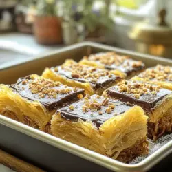 To make Chocolate Kataifi Bars, gather these simple ingredients: - 200g kataifi pastry - 100g unsalted butter, melted - 150g dark chocolate, chopped - 1/2 cup heavy cream - 1/4 cup powdered sugar - 1/2 cup crushed nuts (such as pistachios or almonds) - 1 teaspoon vanilla extract - A pinch of salt These items create a rich, crispy, and creamy treat. Each ingredient plays a key role in the final taste and texture. You can swap some ingredients if needed. Use coconut oil instead of butter for a dairy-free option. Milk chocolate works well if you prefer a sweeter flavor. If you cannot find kataifi pastry, use phyllo dough instead. Just cut it into thin strips. For a nut-free version, skip the nuts or use seeds. Fresh ingredients make a big difference. Kataifi pastry should be soft and pliable. If it feels dry, it won’t bake right. Dark chocolate should be high quality for the best taste. Always check the expiration dates on heavy cream and other items. Fresh ingredients lead to tasty, satisfying bars. First, gather your ingredients to make Chocolate Kataifi Bars. You will need: - 200g kataifi pastry - 100g unsalted butter, melted - 150g dark chocolate, chopped - 1/2 cup heavy cream - 1/4 cup powdered sugar - 1/2 cup crushed nuts (such as pistachios or almonds) - 1 teaspoon vanilla extract - A pinch of salt Preheat your oven to 350°F (175°C). Grease your 9x9 inch baking pan with cooking spray or butter. In a large bowl, gently fluff the kataifi pastry. Pour the melted butter over it and mix. Make sure every strand is coated. Next, press half of the buttered kataifi into the bottom of your pan. This forms the base layer. Now, it's time to bake! Place your pan in the oven for 15-20 minutes. You want the base to be golden and crisp. Keep an eye on it to avoid burning. Once it's done, remove it from the oven and let it cool for a few minutes. While the base cools, make the chocolate filling. In a saucepan over medium heat, combine heavy cream and chopped dark chocolate. Stir until the chocolate melts and the mixture is smooth. Once smooth, remove it from the heat. Stir in the powdered sugar, vanilla extract, and a pinch of salt until mixed well. Pour the chocolate mixture over the baked kataifi base. Spread it evenly for a nice finish. For the topping, combine the remaining kataifi pastry with the crushed nuts in a bowl. This adds a nice crunch. Sprinkle this mixture over the chocolate layer. Press down lightly to help it stick. Bake again for 10-15 minutes. You want the top to be golden and crispy. After baking, let the bars cool completely in the pan. This helps them set before cutting into squares. Follow these steps, and you will have tasty Chocolate Kataifi Bars. For more details, check the Full Recipe. When making Chocolate Kataifi Bars, some common mistakes can ruin your dessert. First, avoid using dry kataifi pastry. It should feel soft and moist. If it seems dry, sprinkle a bit of water to help it along. Be careful not to over-bake the base. You want it golden, not burnt. Lastly, when pouring chocolate, spread it evenly. This helps each bite be rich and smooth. The texture of your Chocolate Kataifi Bars is key. For a crispy top, ensure you bake the kataifi until golden. This gives a nice crunch to each bite. When mixing the chocolate, do not rush. Stir slowly until it’s creamy. This makes the filling luscious. The nuts on top should add a bit of crunch, so choose your favorites like pistachios or almonds. Serve your bars at room temperature. This way, the chocolate stays soft and rich. Cut them into squares for easy sharing. You can also pair them with a scoop of vanilla ice cream. This adds a nice contrast to the rich chocolate. If you like, dust some powdered sugar on top for a sweet touch. Enjoy these treats with friends or family for a special dessert! {{image_2}} You can mix different flavors into your Chocolate Kataifi Bars. Try adding orange zest for a citrus kick. You might also use milk chocolate instead of dark for a sweeter taste. If you love coffee, consider adding instant coffee granules to the chocolate mix. This will create a rich mocha flavor that excites your palate. Toppings can elevate your bars. After baking, drizzle melted chocolate on top for extra sweetness. Sprinkle sea salt over the bars for a nice contrast to the chocolate. You can also add shredded coconut or more crushed nuts for added texture. These toppings can make your bars even more appealing. If you have dietary needs, you can adjust this recipe easily. For a gluten-free option, ensure that your kataifi pastry is gluten-free. You can also swap out heavy cream for coconut cream to make it dairy-free. If you want a healthier twist, use a sugar substitute in place of powdered sugar. These modifications let everyone enjoy this tasty treat. For the complete recipe, check out the Full Recipe. To keep your Chocolate Kataifi Bars fresh, store them in an airtight container. Place parchment paper between layers to avoid sticking. You can keep them at room temperature for up to three days. If you want to keep them longer, refrigerate them. They will stay tasty for about a week in the fridge. If you want to freeze these bars, cut them into squares first. Wrap each piece tightly in plastic wrap. Then, place them in a freezer-safe bag or container. These bars can last in the freezer for up to three months. When you are ready to enjoy them, let them thaw in the fridge overnight. To enjoy the bars warm, preheat your oven to 300°F (150°C). Place the bars on a baking sheet. Heat them for about 10-15 minutes. This will make the chocolate gooey again. You can also use a microwave. Heat them for about 10 seconds at a time until warm. This method is quick and easy! For the full recipe, refer to the earlier sections in this article. Kataifi pastry is a thin, noodle-like dough. It comes from Middle Eastern and Mediterranean cooking. This pastry is made from wheat flour and water. It has a unique texture that crisps up well when baked. You can find it in many Middle Eastern markets. Kataifi is perfect for sweet and savory dishes. Its strands create a light, airy feel in desserts. Yes, you can make these bars ahead of time. Prepare the bars and bake them as directed. After cooling, store them in an airtight container. Keep them in the fridge for up to a week. You can also freeze them for longer storage. Just wrap them well to prevent freezer burn. When ready to eat, let them thaw in the fridge overnight. You can tell the bars are baked properly by their color. The top should be golden brown and crispy. The base should also look lightly browned. You can test the texture by gently pressing the top. If it feels firm and springs back, it’s done. Remember, over-baking can make them too dry. These bars go well with many treats. You can serve them with whipped cream for added richness. A scoop of ice cream is also a great choice. Fresh fruit like berries adds a nice touch too. For a drink, try coffee or mint tea to balance the sweetness. Check out the Full Recipe to explore more pairing ideas! In this blog post, we explored the key ingredients for perfect Chocolate Kataifi Bars. You learned about substitutions, the importance of freshness, and how to layer for the best results. We shared tips to avoid common mistakes and variations for added flavor. Finally, we offered storage tips for keeping your bars fresh. Keep these insights in mind as you create your own delicious treats. Enjoy the process and have fun!