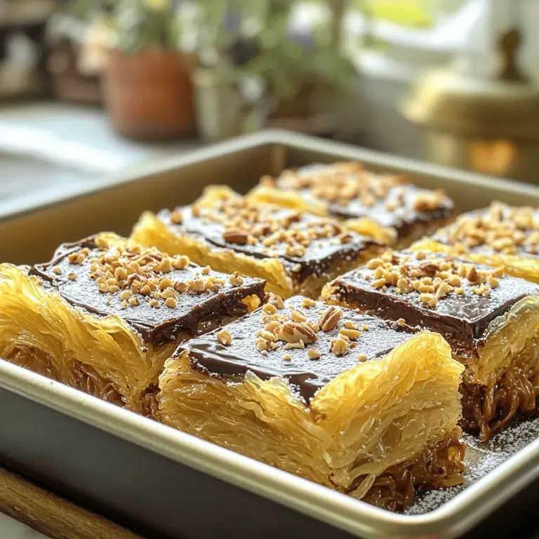 To make Chocolate Kataifi Bars, gather these simple ingredients: - 200g kataifi pastry - 100g unsalted butter, melted - 150g dark chocolate, chopped - 1/2 cup heavy cream - 1/4 cup powdered sugar - 1/2 cup crushed nuts (such as pistachios or almonds) - 1 teaspoon vanilla extract - A pinch of salt These items create a rich, crispy, and creamy treat. Each ingredient plays a key role in the final taste and texture. You can swap some ingredients if needed. Use coconut oil instead of butter for a dairy-free option. Milk chocolate works well if you prefer a sweeter flavor. If you cannot find kataifi pastry, use phyllo dough instead. Just cut it into thin strips. For a nut-free version, skip the nuts or use seeds. Fresh ingredients make a big difference. Kataifi pastry should be soft and pliable. If it feels dry, it won’t bake right. Dark chocolate should be high quality for the best taste. Always check the expiration dates on heavy cream and other items. Fresh ingredients lead to tasty, satisfying bars. First, gather your ingredients to make Chocolate Kataifi Bars. You will need: - 200g kataifi pastry - 100g unsalted butter, melted - 150g dark chocolate, chopped - 1/2 cup heavy cream - 1/4 cup powdered sugar - 1/2 cup crushed nuts (such as pistachios or almonds) - 1 teaspoon vanilla extract - A pinch of salt Preheat your oven to 350°F (175°C). Grease your 9x9 inch baking pan with cooking spray or butter. In a large bowl, gently fluff the kataifi pastry. Pour the melted butter over it and mix. Make sure every strand is coated. Next, press half of the buttered kataifi into the bottom of your pan. This forms the base layer. Now, it's time to bake! Place your pan in the oven for 15-20 minutes. You want the base to be golden and crisp. Keep an eye on it to avoid burning. Once it's done, remove it from the oven and let it cool for a few minutes. While the base cools, make the chocolate filling. In a saucepan over medium heat, combine heavy cream and chopped dark chocolate. Stir until the chocolate melts and the mixture is smooth. Once smooth, remove it from the heat. Stir in the powdered sugar, vanilla extract, and a pinch of salt until mixed well. Pour the chocolate mixture over the baked kataifi base. Spread it evenly for a nice finish. For the topping, combine the remaining kataifi pastry with the crushed nuts in a bowl. This adds a nice crunch. Sprinkle this mixture over the chocolate layer. Press down lightly to help it stick. Bake again for 10-15 minutes. You want the top to be golden and crispy. After baking, let the bars cool completely in the pan. This helps them set before cutting into squares. Follow these steps, and you will have tasty Chocolate Kataifi Bars. For more details, check the Full Recipe. When making Chocolate Kataifi Bars, some common mistakes can ruin your dessert. First, avoid using dry kataifi pastry. It should feel soft and moist. If it seems dry, sprinkle a bit of water to help it along. Be careful not to over-bake the base. You want it golden, not burnt. Lastly, when pouring chocolate, spread it evenly. This helps each bite be rich and smooth. The texture of your Chocolate Kataifi Bars is key. For a crispy top, ensure you bake the kataifi until golden. This gives a nice crunch to each bite. When mixing the chocolate, do not rush. Stir slowly until it’s creamy. This makes the filling luscious. The nuts on top should add a bit of crunch, so choose your favorites like pistachios or almonds. Serve your bars at room temperature. This way, the chocolate stays soft and rich. Cut them into squares for easy sharing. You can also pair them with a scoop of vanilla ice cream. This adds a nice contrast to the rich chocolate. If you like, dust some powdered sugar on top for a sweet touch. Enjoy these treats with friends or family for a special dessert! {{image_2}} You can mix different flavors into your Chocolate Kataifi Bars. Try adding orange zest for a citrus kick. You might also use milk chocolate instead of dark for a sweeter taste. If you love coffee, consider adding instant coffee granules to the chocolate mix. This will create a rich mocha flavor that excites your palate. Toppings can elevate your bars. After baking, drizzle melted chocolate on top for extra sweetness. Sprinkle sea salt over the bars for a nice contrast to the chocolate. You can also add shredded coconut or more crushed nuts for added texture. These toppings can make your bars even more appealing. If you have dietary needs, you can adjust this recipe easily. For a gluten-free option, ensure that your kataifi pastry is gluten-free. You can also swap out heavy cream for coconut cream to make it dairy-free. If you want a healthier twist, use a sugar substitute in place of powdered sugar. These modifications let everyone enjoy this tasty treat. For the complete recipe, check out the Full Recipe. To keep your Chocolate Kataifi Bars fresh, store them in an airtight container. Place parchment paper between layers to avoid sticking. You can keep them at room temperature for up to three days. If you want to keep them longer, refrigerate them. They will stay tasty for about a week in the fridge. If you want to freeze these bars, cut them into squares first. Wrap each piece tightly in plastic wrap. Then, place them in a freezer-safe bag or container. These bars can last in the freezer for up to three months. When you are ready to enjoy them, let them thaw in the fridge overnight. To enjoy the bars warm, preheat your oven to 300°F (150°C). Place the bars on a baking sheet. Heat them for about 10-15 minutes. This will make the chocolate gooey again. You can also use a microwave. Heat them for about 10 seconds at a time until warm. This method is quick and easy! For the full recipe, refer to the earlier sections in this article. Kataifi pastry is a thin, noodle-like dough. It comes from Middle Eastern and Mediterranean cooking. This pastry is made from wheat flour and water. It has a unique texture that crisps up well when baked. You can find it in many Middle Eastern markets. Kataifi is perfect for sweet and savory dishes. Its strands create a light, airy feel in desserts. Yes, you can make these bars ahead of time. Prepare the bars and bake them as directed. After cooling, store them in an airtight container. Keep them in the fridge for up to a week. You can also freeze them for longer storage. Just wrap them well to prevent freezer burn. When ready to eat, let them thaw in the fridge overnight. You can tell the bars are baked properly by their color. The top should be golden brown and crispy. The base should also look lightly browned. You can test the texture by gently pressing the top. If it feels firm and springs back, it’s done. Remember, over-baking can make them too dry. These bars go well with many treats. You can serve them with whipped cream for added richness. A scoop of ice cream is also a great choice. Fresh fruit like berries adds a nice touch too. For a drink, try coffee or mint tea to balance the sweetness. Check out the Full Recipe to explore more pairing ideas! In this blog post, we explored the key ingredients for perfect Chocolate Kataifi Bars. You learned about substitutions, the importance of freshness, and how to layer for the best results. We shared tips to avoid common mistakes and variations for added flavor. Finally, we offered storage tips for keeping your bars fresh. Keep these insights in mind as you create your own delicious treats. Enjoy the process and have fun!