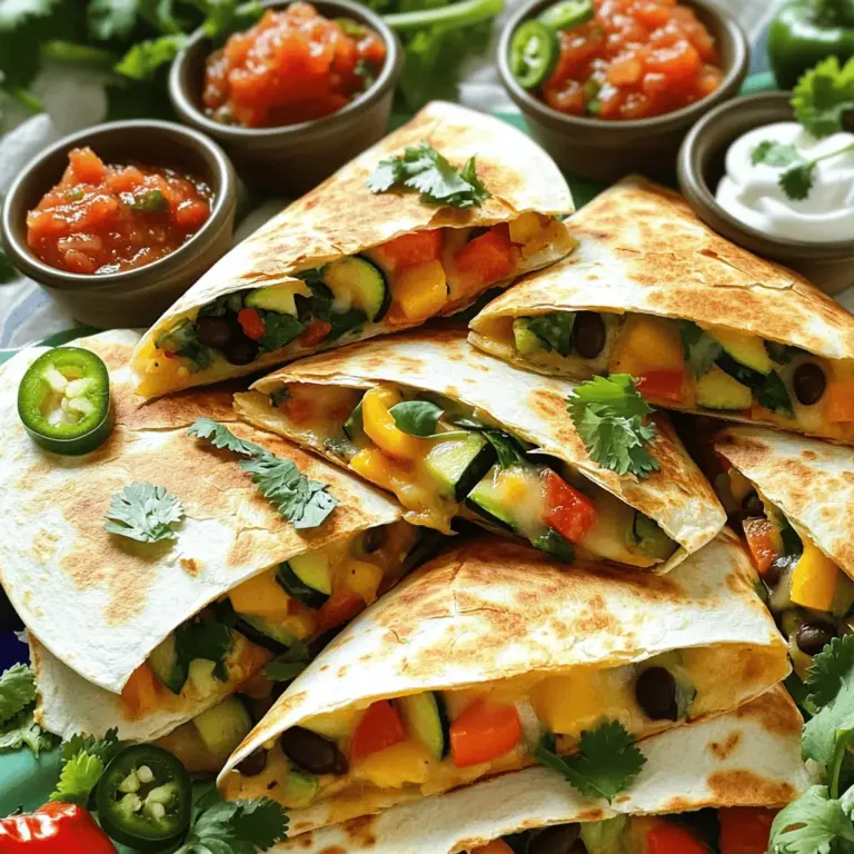 To make easy veggie quesadillas, gather these ingredients: - 4 large whole wheat tortillas - 1 cup shredded cheese (cheddar or a blend) - 1 bell pepper, diced (any color) - 1 small zucchini, diced - 1 cup spinach, chopped - 1 small red onion, sliced - 1 cup canned black beans, drained and rinsed - 1 teaspoon cumin - 1 teaspoon paprika - Salt and pepper to taste - 2 tablespoons olive oil - Optional: Salsa and sour cream for serving Cheese makes a big difference in flavor. Here are some great choices: - Cheddar - Monterey Jack - Mozzarella - Pepper Jack for a spicy kick - A blend of your favorites for more taste Feel free to swap in your favorite vegetables! Here are some ideas: - Corn for sweetness - Mushrooms for earthiness - Broccoli for crunch - Carrots for color - Avocado for creaminess Try different combos to find your perfect mix! For the full recipe, check out the details above. Start by washing all your veggies. Dice the bell pepper and zucchini into small pieces. Slice the red onion thin. Chop the spinach, too. This will help them cook evenly. Rinse the black beans in a strainer. They add protein and flavor to your quesadillas. Heat a large skillet over medium heat. Add one tablespoon of olive oil. Toss in the sliced onion and sauté for 2-3 minutes. When they soften, add the bell pepper and zucchini. Cook for 3-4 minutes until they are tender. Stir in the spinach and black beans. Add cumin, paprika, salt, and pepper. Cook for 2 more minutes. The spinach will wilt nicely. Now, in the same skillet, add another tablespoon of olive oil. Place one tortilla in the skillet. On one half, sprinkle cheese, then layer the veggie mix, and top with more cheese. Fold the tortilla to make a half-moon shape. Cook for 3-4 minutes until the bottom is golden. Flip it carefully and cook for another 3-4 minutes. The cheese should melt perfectly. Remove from heat and cut into wedges. Repeat with the rest of the tortillas and filling. Serve the quesadillas warm on a bright platter. Small bowls of salsa and sour cream make great dips. For a fun twist, add fresh cilantro or jalapeño slices on top. Enjoy these easy veggie quesadillas with friends or family. They make a tasty snack or meal any time. Check the Full Recipe for more details. To get a perfect crispy quesadilla, use medium heat. If the heat is too high, the outside burns before the cheese melts. Use enough oil in the skillet, but not too much. A light coating works best. Flip the quesadilla gently, using a spatula. Cook each side until golden brown, about 3-4 minutes. This way, you’ll get a crunchy shell with gooey cheese inside. Serve your quesadillas with fresh salsa and sour cream. These dips add a nice touch. You can also add guacamole for creaminess. A side of fresh salad can help balance the meal too. If you want a kick, try jalapeño slices or hot sauce. To make your quesadillas even tastier, add spices. A pinch of chili powder can give a nice heat. Fresh herbs like cilantro or parsley can brighten the flavor. For a twist, try adding avocado slices or corn. You can even mix in some cooked chicken or shrimp for more protein. Each of these ideas can take your quesadillas to the next level. For the full recipe, check out the earlier section. {{image_2}} You can easily make gluten-free quesadillas. Use gluten-free tortillas instead of whole wheat. Many brands offer tasty options. Check your local store for these. They work just as well and keep the taste great. To make these quesadillas vegan, skip the cheese or use vegan cheese. There are many delicious plant-based cheeses available. You can also add more beans or avocado. This adds creaminess without any dairy. Feel free to mix up the fillings. Try adding corn, mushrooms, or diced tomatoes. Sweet potatoes and butternut squash make great choices too. You can even use leftover cooked veggies. Just remember to drain any excess moisture. This keeps your quesadillas from getting soggy. The Full Recipe gives you the basics, but your creativity can shine through. Don't be afraid to experiment with flavors and textures! To keep your leftover quesadillas fresh, let them cool completely. Then, wrap each quesadilla in plastic wrap or aluminum foil. You can also place them in an airtight container. This method helps to keep them moist and tasty. Store them in the fridge for up to three days. When you're ready to enjoy your leftover quesadillas, take them out of the fridge. You can reheat them in a skillet for about 3-4 minutes on medium heat. This method keeps the quesadillas crispy. If you prefer, you can use a microwave. Heat them for about 30 seconds to 1 minute. However, this may make them a bit soft. If you want to save quesadillas for later, freezing is a great option. Wrap each cooled quesadilla tightly in plastic wrap, then place them in a freezer-safe bag. Label the bag with the date. They can last for up to two months in the freezer. When you're ready to eat, thaw them in the fridge overnight before reheating. For more details and a full recipe, check out the [Full Recipe]. The best cheese for quesadillas is a melty cheese. I love using cheddar. It adds a nice flavor. You can also try Monterey Jack or a blend of cheeses. These options melt well and taste great. Yes, you can make these quesadillas ahead of time. Prepare the filling and store it in the fridge. When you're ready to eat, just assemble and cook the quesadillas. This saves time on busy days. Veggie quesadillas pair well with many sides. I suggest salsa, guacamole, or sour cream for dipping. A fresh salad or some chips can also make a nice side. You can even add some fruit for a sweet touch. Check out the Full Recipe for more ideas! In this post, we covered all aspects of making delicious quesadillas. We discussed essential ingredients, cooking steps, and tips for perfect results. You can customize these with your favorite cheeses and veggies. I shared storage tips so you can enjoy leftovers too. Remember, the key to great quesadillas is the right combination of fillings and cooking method. With practice, you will create tasty dishes every time. Enjoy your quesadilla journey!