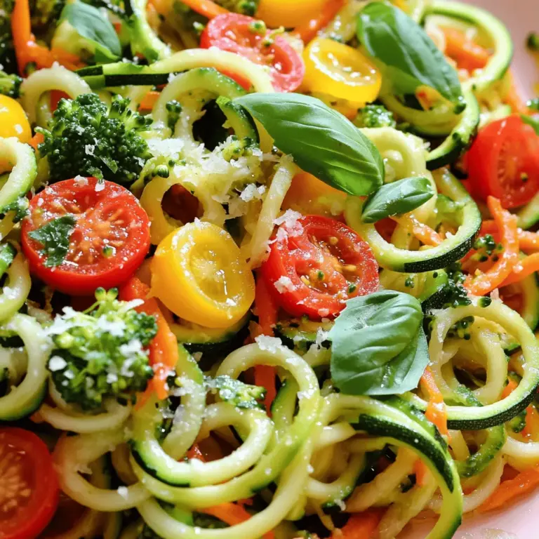 To make a great Zucchini Noodle Primavera, gather these main ingredients: - 4 medium zucchinis, spiralized into noodles - 1 bell pepper (red, yellow, or orange), thinly sliced - 1 cup cherry tomatoes, halved - 1 cup broccoli florets - 1 medium carrot, julienned - 2 cloves garlic, minced - 1/4 cup fresh basil leaves, chopped - 3 tablespoons olive oil - Salt and pepper to taste - 1/4 teaspoon red pepper flakes (optional) - Grated Parmesan cheese (for serving) These ingredients create a colorful and tasty dish. The zucchini noodles serve as a fresh base. The variety of veggies adds flavor and crunch. You can add more flavors to your dish with these options: - 1/2 cup sliced mushrooms - 1 small onion, thinly sliced - Lemon juice or zest for brightness - Nuts like pine nuts or walnuts for crunch These extras can personalize your dish. They add depth and texture, making each bite exciting. For this recipe, make sure you have the right tools: - A spiralizer or vegetable peeler for zucchini - A large skillet for cooking - A cutting board and knife for prep - Measuring cups and spoons for accuracy Having the right equipment makes cooking easier. It ensures you prepare your Zucchini Noodle Primavera quickly and efficiently. Don't forget to check the [Full Recipe] for more details! Start with fresh, crisp veggies. Use a spiralizer for the zucchinis. You want long, thin noodles. Slice your bell pepper into thin strips. Cut your cherry tomatoes in half. Julienne the carrot into thin matchsticks. Break the broccoli into small florets. This helps them cook evenly. Make sure your garlic is minced well. This will add great flavor. In a large skillet, heat 2 tablespoons of olive oil over medium heat. Add the minced garlic and cook for about 1 minute until it smells great. Next, toss in the bell pepper, carrot, and broccoli. Sauté these for about 4-5 minutes. Look for a slight softness in the veggies. Add the halved cherry tomatoes next. Cook for another 2-3 minutes until they start to break down. In a separate pan, add the zucchini noodles with 1 tablespoon of olive oil. Sauté these for 2-3 minutes. You want them tender but still crunchy. Once done, mix the sautéed veggies with the zucchini noodles in the large skillet. Toss everything together until it’s well combined. Season with salt, pepper, and red pepper flakes if you like a little heat. Add the chopped fresh basil and give it one last toss. Serve hot and sprinkle with grated Parmesan cheese if you want. For the complete recipe, check out the Full Recipe. To spiralize zucchini, use a spiralizer. This tool makes perfect noodles. Choose firm, fresh zucchinis. Cut off both ends before spiralizing. Aim for medium-sized zucchinis for better texture. If you don’t have a spiralizer, a vegetable peeler works, too. Just create thin strips. Keep the skin on for added color and nutrients. Cook zucchini noodles quickly. Sauté them for about 2-3 minutes. This keeps them crisp and tender. Overcooking makes them mushy. Always add salt at the end. Salt draws out moisture. If you want to reduce moisture, sprinkle salt on raw noodles. Let them sit for 10 minutes, then pat dry. This trick helps them stay firm when cooked. Add fresh herbs for bright flavor. Basil and parsley are great choices. You can also try thyme or oregano. For heat, include red pepper flakes. A squeeze of lemon juice adds zing. Experiment with different cheeses, too. Feta or goat cheese can add creaminess. Don’t forget to taste as you cook. Adjust salt and pepper to your liking. For the full recipe, check out the details above! {{image_2}} You can make Zucchini Noodle Primavera heartier by adding protein. Grilled chicken or shrimp works great. For chicken, cook it in the skillet before adding veggies. Dice it into bite-sized pieces. For shrimp, sauté it until it turns pink. This adds flavor and makes the dish more filling. You can also use tofu if you want a meat-free option. This dish is already gluten-free with zucchini noodles! But if you want more variety, consider using gluten-free pasta. Look for options made from rice or quinoa. These will cook similarly, giving you a tasty base. Just ensure the sauce is also gluten-free by checking labels. To make this dish vegan, skip the Parmesan cheese. You can sprinkle nutritional yeast for a cheesy taste. If you want to keep it vegetarian, just add the cheese. Both options keep the dish delicious. You can also add more veggies like spinach or mushrooms for extra texture and flavor. For the full recipe, check out the details above and enjoy your cooking! To store leftover Zucchini Noodle Primavera, first let it cool down. Place it in an airtight container. Make sure to remove as much air as you can. This helps keep the dish fresh. Store it in the fridge for up to three days. If you want to keep it longer, consider freezing. When ready to eat the leftovers, you can reheat them easily. The best way is to use a skillet. Heat it over medium heat and add a splash of olive oil. Add the noodles and veggies. Stir them for about 3-5 minutes. This method keeps them tasty and prevents sogginess. You can also use a microwave. Place it in a bowl, cover it, and heat for 1-2 minutes. Stir halfway through for even heating. If you want to freeze Zucchini Noodle Primavera, here's how. First, cook the dish completely. Then, let it cool to room temperature. Once cool, transfer it to a freezer-safe container. Make sure to label it with the date. You can freeze it for up to three months. When you're ready to eat, thaw it overnight in the fridge. Reheat as mentioned before. This way, you enjoy a fresh meal even after freezing. For the full recipe, refer to the earlier sections. Yes, you can prepare zucchini noodles ahead of time. Spiralize them and store them in the fridge. Use a paper towel to absorb excess moisture. This helps keep them fresh and crisp. Enjoy them within two days for the best taste and texture. If you want a change, try other veggie noodles. You can use butternut squash or carrots. Spaghetti squash also works well. These alternatives give a fun twist to your dish. They add different flavors and textures, too. To make this dish more filling, add protein. Cooked chicken, shrimp, or tofu are great options. You can also mix in beans or lentils for extra heartiness. Serve with whole grain bread or a side salad for a complete meal. Yes, this recipe is great for meal prep. You can store it in airtight containers. It stays fresh for up to four days in the fridge. Reheat it gently on the stove or in the microwave. This makes it easy to enjoy a healthy meal later. For the full recipe, check out the details above! Zucchini Noodle Primavera offers a fresh, healthy meal option. We explored key ingredients and steps to make it. You learned about tips for texture and flavor too. Variations make this dish adaptable for any diet. Proper storage keeps leftovers tasty for later. In the end, this recipe is simple, fun, and full of flavor. Enjoy your cooking adventure!