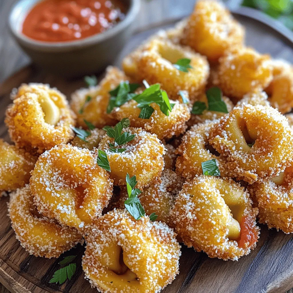 To make Quick Crispy Parmesan Fried Tortellini, you need some simple ingredients. Here’s what you will need: - 12 oz refrigerated tortellini (cheese or spinach-filled) - 1 cup panko breadcrumbs - ½ cup grated Parmesan cheese - 1 tsp garlic powder - 1 tsp onion powder - ½ tsp dried oregano - Salt and pepper, to taste - 1 large egg, beaten - Vegetable oil, for frying - Fresh parsley, chopped (for garnish) This list is easy to gather. The tortellini is the star of the dish. I prefer cheese-filled tortellini for a rich taste. You can also use spinach-filled tortellini for a fresh twist. Panko breadcrumbs give a great crunch. Mixing them with Parmesan cheese, garlic powder, onion powder, and oregano adds depth. Don’t forget salt and pepper to boost flavors. You’ll use one large egg as a binder. This helps the breadcrumbs stick well. Vegetable oil is best for frying. It heats evenly and gives a nice golden color. Finally, fresh parsley adds a pop of color and freshness when serving. If you want the full recipe, check out the detailed instructions for cooking and frying. Enjoy making this delicious dish! First, cook the tortellini. Follow the package instructions. Aim for al dente. This means the pasta should be firm but not hard. It usually takes about 3-5 minutes. Once done, drain the tortellini in a colander. Let it cool for a few minutes. This helps in handling them later without burning your fingers. Now, let’s set up for breading. In a shallow bowl, mix panko breadcrumbs, Parmesan cheese, garlic powder, onion powder, oregano, salt, and pepper. Stir well so all the seasonings blend nicely. In another shallow bowl, beat the egg. This will help the breadcrumbs stick better. Take each tortellini. First, dip it into the egg. Let any extra egg drip off. Next, roll it in the breadcrumb mixture. Make sure it is fully coated. If you want a thicker crust, dip it back in the egg and then into the breadcrumbs again. This double coating adds extra crunch. Heat about 1 inch of vegetable oil in a deep skillet over medium heat. Test the oil by dropping in a breadcrumb. If it sizzles, you are ready to fry. Carefully add the coated tortellini in batches. Avoid overcrowding to keep them crispy. Fry for about 2-3 minutes on each side. Look for a golden brown color. Once done, use a slotted spoon to take them out. Place them on a paper towel-lined plate to drain excess oil. Enjoy your Quick Crispy Parmesan Fried Tortellini! For the complete instructions, check the Full Recipe. To get your tortellini crispy, start with dry pasta. Use refrigerated tortellini for the best taste. When frying, heat your oil to the right temperature. It's hot enough when a breadcrumb sizzles. For extra crunch, try a double coating. Dip your tortellini in egg, then breadcrumbs. Repeat the process for a thicker layer of crispiness. Serve your crispy tortellini with marinara sauce for dipping. Pesto also makes a great pair. Garnish them with fresh parsley for a pop of color. You can add a sprinkle of more Parmesan for extra flavor. Serve them on a fun plate to make them look fancy. Fry your tortellini in small batches. Overcrowding the pan can make them soggy. It also slows down cooking time. Each piece needs room to fry evenly. If they touch, they may stick together and lose their crunch. Keep this in mind for a perfect fry every time. {{image_2}} You can make Quick Crispy Parmesan Fried Tortellini even more exciting. Try adding herbs like basil or thyme to the breadcrumb mix. These herbs add a fresh taste that brightens up the dish. You can also use spices like paprika or cayenne for a kick. For a cheesy twist, mix in mozzarella or gouda with the Parmesan. These cheeses melt beautifully and enhance flavor. If you want a lighter option, consider baking instead of frying. Preheat your oven to 400°F and bake the tortellini for about 20 minutes. This method gives you a crispy finish without all the oil. You can also opt for whole wheat tortellini for extra fiber. If you need a gluten-free option, look for gluten-free tortellini at your local store. These tortellini make a great appetizer for parties. Serve them in a cute bowl with marinara or pesto for dipping. You can also place them on a platter with toothpicks for easy snacking. For maximum appeal, sprinkle some fresh parsley on top. This adds color and makes the dish look even more inviting. If you want to impress your guests, arrange them in a circle with a small bowl of sauce in the center. To keep your fried tortellini fresh, store them in an airtight container. This helps prevent them from getting soggy. A glass or plastic container with a tight lid works best. Make sure the tortellini cool down before sealing. This step keeps moisture from building up inside the container. Reheating fried tortellini can be tricky. For ideal texture, use the oven. Preheat your oven to 350°F (175°C). Place the tortellini on a baking sheet. Heat for about 10-15 minutes until they are warm and crispy again. Avoid using the microwave, as it can make them soggy. You can freeze fried tortellini before or after frying. If freezing before frying, simply place them on a baking sheet. Freeze until firm, then transfer to a zip-top bag. If freezing after frying, let them cool completely first. Then, store in an airtight container or a freezer-safe bag. For thawing, move the tortellini to the fridge overnight before reheating. This helps maintain their texture. Yes, you can use frozen tortellini. Just cook it for about 2-3 minutes longer than the package says. This ensures they are heated through. After cooking, let them cool before breading. It helps the coating stick better. The best oils for frying are those with high smoke points. Here are a few good options: - Vegetable oil: Smoke point around 400°F - Canola oil: Smoke point around 400°F - Peanut oil: Smoke point around 450°F These oils work well for frying tortellini and won’t burn easily. Look for a golden brown color on the tortellini. It should take about 2-3 minutes on each side. You can also test one piece by cutting it open. It should be hot and crispy inside. You can prep the tortellini early. Cook and coat them, then store in the fridge for up to 2 hours. Fry them just before serving for the best taste. If you want to reheat, use an oven to keep them crispy. In this post, we covered how to make crispy fried tortellini. We discussed the ingredients you'll need and outlined each step from cooking to frying. I shared tips to ensure maximum crispiness and variations to try. Storing and reheating tips helped you plan for leftovers. This dish is perfect for snacks or parties, offering a simple way to impress guests. Try your own twist on this recipe, and enjoy every delicious bite!