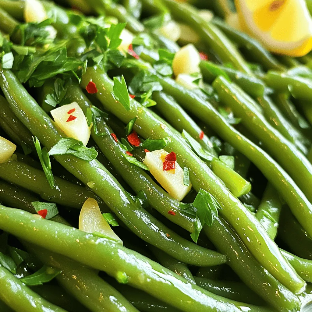 - Fresh green beans, trimmed and rinsed - Garlic, thinly sliced - Olive oil - Soy sauce - Red pepper flakes (optional) - Salt and pepper - Lemon zest - Fresh lemon juice - Chopped fresh parsley Gathering the right ingredients makes all the difference. Fresh green beans bring a crisp and vibrant taste. I like to rinse them well before cooking. Thinly sliced garlic adds a punch of flavor, so don’t skimp on it. Olive oil is your best friend here. It carries the garlic's taste and helps cook the beans evenly. For a touch of umami, soy sauce is key. If you enjoy heat, feel free to add red pepper flakes. A sprinkle of salt and pepper enhances all the flavors. Lemon zest and fresh lemon juice brighten the dish and add freshness. Finally, chopped parsley gives a lovely color and a hint of herbiness. For the full cooking process, be sure to check out the Full Recipe. This recipe is simple, yet it creates a fantastic side that pairs well with many dishes. 1. Washing and trimming green beans: Start by rinsing the green beans under cold water. This removes dirt and any grit. Next, trim the ends of each bean. This step is key for a clean look and bite. Pat them dry with a towel and set them aside. 2. Slicing garlic cloves: Take your garlic cloves and thinly slice them. Thin slices allow the garlic to cook evenly. This enhances the flavor without overpowering the dish. 1. Heating olive oil in the skillet: Grab a large skillet and pour in the olive oil. Heat it over medium heat. Make sure the oil is hot but not smoking. This helps the garlic cook perfectly. 2. Sautéing garlic until fragrant: Add the sliced garlic to the hot oil. Sauté the garlic for about one minute. Watch it closely; you want it fragrant, not browned. Burnt garlic can make your dish taste bitter. 3. Cooking green beans to tender-crisp: Toss in the green beans, coating them with the garlic oil. Cook them for about 5-7 minutes, stirring often. You want them bright green and tender-crisp, not mushy. 1. Adding red pepper flakes and soy sauce: If you like a kick, sprinkle in red pepper flakes during the last minute of cooking. Then, drizzle the soy sauce over the beans. Stir well to combine all the flavors. 2. Incorporating lemon zest and juice: Right before serving, add the lemon zest and juice. This brightens the dish and adds fresh flavor. Mix gently to keep the beans intact. 3. Serving suggestions with garnish: Transfer the sautéed beans to a serving dish. Garnish with chopped fresh parsley for color and extra flavor. These beans make a great side for any meal. For the complete details, you can check the Full Recipe. To keep garlic from burning, add it to the oil when it's hot but not smoking. Stir it often. Cook for just one minute. You want it fragrant, not brown. If it burns, it will taste bad. For perfect green bean texture, cook them until they are bright green and tender-crisp. This usually takes about 5 to 7 minutes. Stir them often. You want a nice snap when you bite into them. Sautéed garlic green beans pair well with many dishes. Serve them with grilled chicken or fish for a tasty meal. They also go well with rice or quinoa. For plating, place the green beans in a mound on the plate. Drizzle with extra lemon juice for a fresh look. A sprinkle of chopped parsley adds a nice touch and color. Green beans are full of vitamins and minerals. They are low in calories and high in fiber. This makes them a great choice for health. Each serving of sautéed garlic green beans has about 100 calories. This can vary based on added ingredients. For a full recipe, check the details above. {{image_2}} You can easily swap out soy sauce for other ingredients. Tamari is a great choice if you need a gluten-free option. Coconut aminos is another good pick for a sweeter taste. If you want to change the herbs, try using basil or thyme instead of parsley. Each herb adds its own flavor twist to the dish. Get creative by adding different vegetables. Bell peppers give a nice crunch and color. Carrots add sweetness and a pop of orange. You can also mix in spices for a new taste. Cumin brings warmth, while paprika adds smokiness. Both options can change the whole flavor profile of your green beans. There are endless ways to make this dish your own! For the full recipe, check out the [Full Recipe]. To keep your sautéed garlic green beans fresh, store them in an airtight container. They can last up to three days in the fridge. Make sure to let them cool before sealing. If they are still warm, they can create steam. This steam can make your beans mushy. You can freeze sautéed garlic green beans, but they may lose some crunch. First, let them cool completely. Then, place them in a freezer-safe bag. Remove as much air as possible before sealing. They can stay good for up to two months in the freezer. When you want to use them, thaw in the fridge overnight. To reheat without losing texture, use a skillet. Heat it on medium, then add a splash of olive oil. Toss in the green beans and cook for a few minutes until hot. You can also use the microwave, but cover them loosely. Heat in short bursts to avoid overcooking. This method helps keep the beans crisp and flavorful. You can find the full recipe for sautéed garlic green beans in the previous sections. Sautéed garlic green beans last about 3 to 5 days in the fridge. Store them in an airtight container. This helps keep them fresh and tasty. If you notice any change in color or smell, it’s best to toss them out. Yes, you can prep sautéed garlic green beans ahead of time. Wash and trim the beans a day before. You can also slice the garlic in advance. Just remember to cook them close to serving time for the best flavor and texture. To add heat, sprinkle red pepper flakes during cooking. You can also add a diced jalapeño for a fresh kick. If you want more spice, try a dash of hot sauce or chili oil when serving. Sautéed garlic green beans pair well with many dishes. They go great with grilled chicken or fish. You can also serve them with rice or quinoa for a complete meal. Add a simple salad or crusty bread to round out the plate. Check out the Full Recipe for more ideas. To make sautéed garlic green beans, you need fresh green beans and simple ingredients. The steps are easy: wash, slice, sauté, and season. Keep tips in mind for the best flavor and texture. You can adjust recipes to fit your taste with different ingredients. Store leftovers properly to enjoy them later. Sautéed garlic green beans are healthy and versatile. Try them as a side or mix in other veggies. With these easy steps, your meals can be tasty and satisfying. Enjoy your cooking adventure!