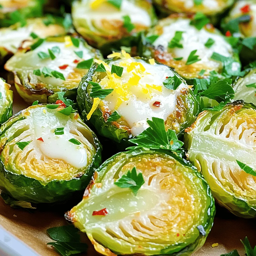 - 1 lb Brussels sprouts, trimmed and halved - 3 tablespoons olive oil - 4 cloves garlic, minced - 1/2 cup grated Parmesan cheese - 1 teaspoon lemon zest - 1/2 teaspoon red pepper flakes (optional) - Salt and pepper to taste - Fresh parsley, chopped (for garnish) When I make Garlic Parmesan Brussels Sprouts, I love using fresh ingredients. The Brussels sprouts are key. They should be firm and bright green. If you can’t find Brussels sprouts, you can use green beans or cauliflower instead. I always choose high-quality olive oil. It enhances the flavor and makes the sprouts crisp. Fresh garlic adds a punch. If you run out of garlic, try using garlic powder as a backup. Parmesan cheese gives the dish a creamy texture. If you want a lighter option, low-fat cheese works too. You can even try nutritional yeast for a dairy-free version. Lemon zest brightens the dish. It adds a fresh taste that cuts through the richness. Red pepper flakes add heat, but you can skip them if you prefer a milder flavor. Don’t forget the salt and pepper. These simple seasonings bring out the flavors of all the ingredients. Finally, fresh parsley adds a pop of color and freshness on top. For the full recipe, check out the link provided. Start by washing the Brussels sprouts. Trim the ends and cut them in half. This helps them cook evenly. Place the halved sprouts in a large bowl. Add olive oil, minced garlic, salt, and pepper. Toss everything together until the sprouts are well-coated. This step is key to getting great flavor. Preheat your oven to 400°F (200°C). Spread the Brussels sprouts on a baking sheet lined with parchment. Make sure they’re in a single layer for even cooking. Roast in the oven for about 20 minutes. Stir them halfway through for even crispiness. When they turn golden brown, they are ready for the next step. Take the baking sheet out of the oven. Sprinkle grated Parmesan cheese over the hot sprouts. Add lemon zest and red pepper flakes if you like a little heat. Return the baking sheet to the oven for another 5 to 7 minutes. Once the cheese melts and bubbles, they’re done! Garnish with fresh parsley and serve hot. For the full recipe, check out the details above. Enjoy this tasty dish! To get your Brussels sprouts crispy, follow a few key steps. First, make sure to cut them in half. This helps them cook evenly. Next, don't overcrowd your baking sheet. Give them space to breathe. Spread them out in a single layer for the best results. Finally, use enough olive oil. This adds flavor and helps with crispiness. Aim for a light coating, not a pool of oil. Adding flavor is easy. Try some lemon zest. It brightens the dish and adds a fresh taste. You can also add red pepper flakes. This gives a little kick if you like spice. For an extra touch, toss in some balsamic vinegar before serving. It adds a sweet and tangy note that pairs well with the cheese. Watch out for a few common mistakes. One is not preheating your oven. This step is crucial for crispiness. Another mistake is not seasoning enough. A pinch of salt and pepper makes a big difference in taste. Lastly, don’t skip the cheese at the end. It creates a wonderful crust that makes this dish special. For the full recipe, check out the details provided earlier. {{image_2}} You can make Garlic Parmesan Brussels Sprouts even better with bacon. Just cook bacon until crispy and crumble it over the sprouts before roasting. The bacon adds a nice crunch and a savory taste. You can also use chicken or turkey for a heartier dish. Both choices mix well with the garlic and cheese. If you want a vegetarian twist, skip the cheese and use nutritional yeast. It gives a cheesy flavor without dairy. For a vegan version, stick with olive oil and season well. You can also add nuts like walnuts or pecans for extra crunch and protein. Herbs can add fun flavors. In spring, try fresh thyme or dill. In summer, basil or oregano works well. In fall, rosemary or sage can warm the dish. Just chop the herbs finely and mix them in before roasting. They will bring out the best in your Brussels sprouts. For the full recipe, check out the detailed instructions above. After you enjoy your Garlic Parmesan Brussels Sprouts, let them cool to room temperature. Place the leftovers in an airtight container. You can keep them in the fridge for up to three days. Make sure to label the container with the date. This way, you’ll know when to eat them. When you want to heat up your Brussels sprouts, the oven is your best friend. Preheat it to 350°F (175°C). Spread the sprouts on a baking sheet. Heat for about 10 to 15 minutes, or until they are warm and crispy again. You can also use a skillet on the stove. Just add a little oil and stir until heated through. If you have extra sprouts, you can freeze them. Start by cooking them fully as in the recipe. Once cooled, place them in freezer-safe bags. Squeeze out the air and seal tightly. They can last up to three months in the freezer. When you are ready to eat, thaw them overnight in the fridge. Then, reheat using the oven for the best taste. For the full recipe, check out the details above. Yes, you can make Garlic Parmesan Brussels sprouts ahead of time. Prepare them, then store them in the fridge for up to two days. To reheat, place them in the oven at 350°F (175°C) for about 10 minutes. This helps keep them crispy and flavorful. Just remember, fresh is always best! Garlic Parmesan Brussels sprouts pair well with many meals. Here are some great options: - Grilled chicken - Pan-seared fish - Quinoa or rice - A fresh salad - Pasta dishes These sides complement the rich flavor of the sprouts nicely. You can mix and match based on your meal. If you want to add some heat, here are a few ideas: - Increase the amount of red pepper flakes. - Add a pinch of cayenne pepper. - Drizzle some hot sauce over the finished sprouts. These tips will give your Garlic Parmesan Brussels sprouts a nice kick! For the full recipe, check out the complete guide. Garlic Parmesan Brussels sprouts are tasty and easy to make. We covered the key ingredients needed and options for swaps. I gave you step-by-step directions for prepping and roasting them perfectly. With tips, tricks, and fun variations, you can enjoy these sprouts any way you like. Don't forget to store your leftovers right to keep them fresh. Now, you have all the tools to create a dish that impresses! Happy cooking!