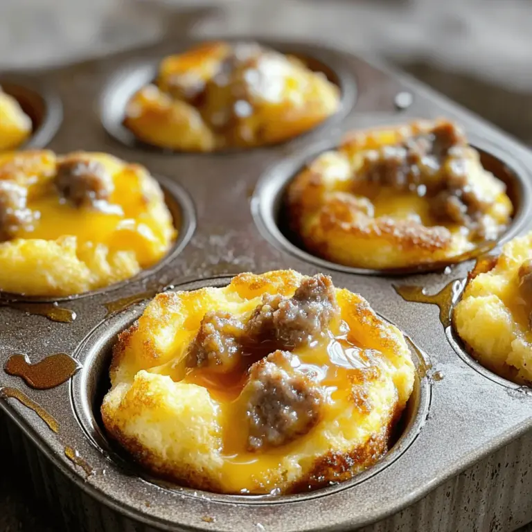 - 1 cup pancake mix - 1/2 cup milk - 1 large egg - 1/4 cup maple syrup - 1 cup cooked and crumbled breakfast sausage - 1/2 cup shredded cheddar cheese - Cooking spray or butter for greasing - Optional: additional maple syrup for drizzling Mini McGriddle Bites are easy to make with simple ingredients. You start with pancake mix. This mix gives the bites a fluffy base. I also add milk and an egg for moisture and richness. Maple syrup adds sweetness and flavor, making each bite special. Breakfast sausage is a must. It brings in that classic savory taste. I prefer using cooked sausage, crumbled into small pieces. It mixes well with the batter. Shredded cheddar cheese adds a nice creamy texture. Make sure to grease your muffin tin. You can use cooking spray or butter for this. Greasing helps the bites come out easily. If you like more sweetness, drizzle some extra maple syrup on top when serving. Now, let's talk about nutrition. Knowing what you eat is important. Each serving has a balanced mix of calories, fat, protein, and carbs. Always check for allergens if you have dietary needs. For the full recipe, refer to the section above. Enjoy your cooking! 1. Preheat your oven to 350°F (175°C). This helps the bites cook evenly. 2. Grease a mini muffin tin with cooking spray or butter. This keeps them from sticking. 3. In a mixing bowl, combine 1 cup of pancake mix, 1/2 cup of milk, and 1 large egg. Stir until just mixed. Do not overmix; that can make them tough. 4. Fold in 1/4 cup of maple syrup, 1 cup of cooked and crumbled breakfast sausage, and 1/2 cup of shredded cheddar cheese. Mix gently until everything is evenly spread out. 1. Spoon the batter into each muffin tin cup. Fill them about 3/4 full. This allows room for rising. 2. Bake in the preheated oven for 10-12 minutes. Check for doneness by inserting a toothpick. It should come out clean. 3. Allow the bites to cool for a few minutes. Gently remove them from the muffin tin. 1. Serve the Mini McGriddle Bites warm. They taste best fresh from the oven. 2. Drizzle with additional maple syrup if you want a sweeter treat. You can also serve them with fresh fruit or scrambled eggs for a full meal. For the full recipe, check out the detailed instructions above. - Avoiding overmixing the batter: Mix just until the wet and dry ingredients are combined. Overmixing can make the bites tough. You want them light and fluffy. - Ensuring even baking: Make sure to fill each muffin cup evenly. This helps them bake at the same rate. Rotate the muffin tin halfway through baking for even heat. - Substituting ingredients for different flavors: Swap breakfast sausage for crumbled bacon or diced ham. You can also use different types of cheese, like pepper jack for a kick. - Making them vegetarian or dairy-free: Use plant-based sausage and almond milk instead of regular milk. You can also replace cheese with a dairy-free option. - Best tools for mixing and baking: A large mixing bowl and a whisk work well for batter. A silicone spatula helps fold in ingredients without overmixing. - Recommended muffin tin types: A non-stick mini muffin tin is best. Silicone muffin tins are also great for easy removal of the bites. For the full recipe, check out the complete instructions above. {{image_2}} You can make Mini McGriddle Bites even more exciting. Try adding spices like cinnamon or nutmeg for warmth. A pinch of chili powder gives a nice kick too. Fresh herbs like chives or parsley can brighten the flavor. Incorporating different cheeses is another fun option. Swap out cheddar for pepper jack for a spicy twist. Cream cheese can add rich creaminess that pairs well with the sausage. For those on gluten-free diets, use gluten-free pancake mix. It works just as well and keeps the bites tasty. You can also try almond flour or coconut flour for a unique twist. If you want a vegan version, replace the egg with a flaxseed egg. Use plant-based milk and omit the sausage. Instead, add sautéed mushrooms or spinach for added flavor and nutrition. To drink with Mini McGriddle Bites, fresh orange juice is a great choice. Coffee or a sweet tea can balance the flavors too. For sides, fresh fruit like berries or bananas adds a nice touch. You might also enjoy them with crispy hash browns for a filling breakfast. Refer to the Full Recipe for all the details on making these tasty bites! To keep your Mini McGriddle Bites fresh, use an airtight container. This helps to lock in moisture and flavor. Before you store them, let them cool completely. If you store them while warm, moisture can build up and make them soggy. When you're ready to enjoy them again, you have a few options. The best way is to use the oven. Preheat your oven to 350°F (175°C). Place the bites on a baking sheet and heat for about 10 minutes. You can also use a microwave, but they may lose some crispness. Heat them for 30 seconds to 1 minute, checking often to avoid overcooking. If you want to save some for later, freezing is a great option. Place the cooled bites in a freezer bag or container. Make sure to remove as much air as possible. They can stay in the freezer for up to three months. When ready to eat, thaw them in the fridge overnight and reheat as described above. Enjoy your tasty treats anytime! For the full recipe, check the section above. What are Mini McGriddle Bites made of? Mini McGriddle Bites are made of pancake mix, milk, an egg, and maple syrup. They also include cooked breakfast sausage and cheddar cheese for flavor. This blend creates a sweet and savory treat perfect for any time of day. Are there any allergens in Mini McGriddle Bites? Yes, these bites contain common allergens. They have milk, eggs, and wheat from the pancake mix. If someone has a dairy or gluten allergy, they should be cautious and consider alternatives. How many servings does the recipe yield? The recipe yields about 12 mini bites. This makes them great for sharing or enjoying as a quick snack. Where can I buy Mini McGriddle Bites? You can find Mini McGriddle Bites at McDonald's locations. They are often part of their breakfast menu. You may also make them at home using the [Full Recipe] for a fun twist. Price range at McDonald's locations At McDonald's, the price for Mini McGriddle Bites varies by location. They usually cost around $3 to $5 for a small order. Prices may change based on the region or any special deals. Can I customize the ingredients? Yes, you can customize the ingredients in Mini McGriddle Bites. You can swap the sausage for bacon or make them vegetarian by adding veggies. Feel free to experiment with spices or herbs for added flavor. How to add more protein or veggies? To add more protein, you can include additional sausage or even cooked chicken. For veggies, try adding spinach, bell peppers, or onions. Just chop them finely and mix them into the batter. This way, you can make these bites even more nutritious and tasty! You learned how to make Mini McGriddle Bites using simple ingredients and easy steps. We covered nutrition, storage tips, and tasty variations to try. These bites are fun to make and great for any meal. Plus, you can switch up flavors or make them fit your diet. Enjoy cooking and get creative in the kitchen! Your next breakfast treat is just a recipe away.
