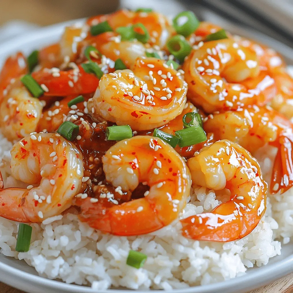 To make Sweet & Spicy Gochujang Shrimp, you need simple, fresh ingredients. Here’s the list: - 1 pound large shrimp, peeled and deveined - 2 tablespoons gochujang (Korean chili paste) - 1 tablespoon honey - 1 tablespoon soy sauce - 1 tablespoon sesame oil - 3 cloves garlic, minced - 1 tablespoon fresh ginger, grated - 1 tablespoon rice vinegar - 1 teaspoon lime juice - 2 green onions, chopped (for garnish) - Sesame seeds (for garnish) - Cooked jasmine rice (for serving) Each ingredient plays a key role in creating the dish's unique flavor profile. Gochujang is the star of this dish. It brings heat and depth. The honey adds sweetness, balancing the spice. Soy sauce provides umami, enhancing the shrimp's taste. Sesame oil adds a warm, nutty flavor. Garlic and ginger bring freshness and zing. Rice vinegar adds a touch of acidity, brightening the dish. Finally, lime juice gives a burst of citrus, elevating the overall flavor. Using fresh shrimp is ideal for the best taste and texture. Fresh shrimp offers a sweet, clean flavor. They cook quickly and stay tender. However, frozen shrimp can be a good choice too. They are often flash-frozen, preserving their quality. Just make sure to thaw them properly. Always check for quality, regardless of fresh or frozen. They should smell like the ocean, not fishy. To make the marinade, start by getting a medium bowl. Add these ingredients: - 2 tablespoons gochujang - 1 tablespoon honey - 1 tablespoon soy sauce - 1 tablespoon sesame oil - 3 cloves garlic, minced - 1 tablespoon fresh ginger, grated - 1 tablespoon rice vinegar - 1 teaspoon lime juice Whisk these together until smooth. This mix gives a sweet and spicy kick to the shrimp. Now, add your shrimp to the bowl. Use 1 pound of large, peeled, and deveined shrimp. Toss the shrimp well, so they coat evenly in the marinade. Cover the bowl with plastic wrap. Let the shrimp sit in the fridge for at least 15 minutes. This time helps the flavors soak in. Get a large skillet or wok and heat it over medium-high heat. When the pan is hot, add the marinated shrimp. Arrange them in a single layer. Cook for about 2-3 minutes on each side. You want them to turn pink and opaque. Avoid overcrowding the pan; cook in batches if needed. Once done, remove them from the skillet. If you like, drizzle any extra sauce over the shrimp. Serve the shrimp on a bed of cooked jasmine rice. Top with chopped green onions and sesame seeds for a delicious finish. Enjoy your Sweet & Spicy Gochujang Shrimp! To make the sauce just right, balance is key. You want a mix of sweet and spicy. Start with gochujang; it brings heat and depth. Adding honey gives it sweetness, which balances the spice. Taste as you mix, and adjust if needed. If you want more heat, add a pinch of chili flakes. If it's too spicy, a bit more honey can help. Cook shrimp quickly over high heat. Use a large skillet or wok for even cooking. Make sure the pan is hot before adding shrimp. This helps them cook fast and stay juicy. Don't overcrowd the pan; it leads to steaming, not searing. Cook them for 2-3 minutes on each side until they turn pink. This way, they stay tender and flavorful. Serve your shrimp over fluffy jasmine rice. This rice soaks up the sauce well. For a pop of color, garnish with chopped green onions and sesame seeds. Arrange the shrimp in a circle on the rice for a pretty look. You can also add steamed veggies like broccoli or snap peas to boost nutrition. This makes your dish colorful and healthy. For the full recipe, check the earlier section. {{image_2}} You can easily change the heat in this dish. If you like it mild, use less gochujang. Start with one tablespoon instead of two. For more heat, add extra gochujang or some chili flakes. You can also mix in a dash of hot sauce for a kick. Always taste as you go. This lets you control the spice to fit your taste. Not a fan of shrimp? No problem! You can swap shrimp for chicken, tofu, or even fish. If you use chicken, cut it into small pieces. Cook it the same way as shrimp. Tofu can soak up the sauce well. Just make sure to press it first to remove extra water. This makes it crispier when you cook it. Want to make your dish more colorful and healthy? Try adding veggies! Bell peppers, snap peas, or broccoli are great choices. You can stir-fry them with the shrimp for a complete meal. Another idea is to add nuts, like peanuts or cashews. They add crunch and healthy fats. For a nutritional boost, sprinkle some sesame seeds on top. This dish is not only tasty but can also be very good for you! To keep your Sweet & Spicy Gochujang Shrimp fresh, store it in the fridge. Place the shrimp in an airtight container. You can keep it for up to three days. Make sure the shrimp is cooled before sealing. Always check for any off smells before eating. If you want to freeze the shrimp, it’s best to do it before cooking. Place the marinated shrimp in a freezer-safe bag. Squeeze out excess air and seal it tightly. The shrimp can last for up to three months in the freezer. When ready to use, thaw in the fridge overnight. To reheat, use a skillet over medium heat. Add a splash of water or oil to prevent sticking. Cook for about 2-3 minutes until heated through. You can also use the microwave. Heat in short bursts, stirring in between, to avoid overcooking. Enjoy the flavors with jasmine rice again! To make Sweet & Spicy Gochujang Shrimp, start with fresh ingredients. You need shrimp, gochujang, honey, soy sauce, sesame oil, garlic, ginger, rice vinegar, and lime juice. Mix these ingredients in a bowl to create the marinade. Let the shrimp sit in the marinade for at least 15 minutes. Then, cook them in a hot skillet for 2-3 minutes on each side. Serve over jasmine rice and garnish with green onions and sesame seeds. This dish is easy and full of flavor! Yes, you can substitute gochujang if needed. Use sriracha or red pepper flakes for heat. However, these options lack the same depth of flavor. You can also mix miso paste with chili sauce for a different taste. Keep in mind that the flavor will change. Gochujang brings a unique sweet and spicy kick. Sweet & Spicy Gochujang Shrimp pairs well with many sides. Here are a few ideas: - Steamed broccoli - Cucumber salad - Kimchi - Fried rice - Sesame noodles These sides add freshness and balance to the rich shrimp dish. You can find the full recipe for Sweet & Spicy Gochujang Shrimp online. This dish is popular and easy to make. It shows how simple ingredients can create amazing flavors! This article covered the key parts of making Sweet & Spicy Gochujang Shrimp. We looked at the best ingredients. Fresh shrimp truly boost the flavor. The steps to prepare and cook shrimp were clear and simple. I shared tips to make your dish shine. You can alter the spice and try new proteins. Lastly, I gave storage tips to keep your meal fresh. Now you're ready to create a tasty dish. Enjoy this shrimp recipe and make it your own!
