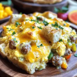 For a hearty sausage and egg casserole, you need specific key ingredients: - 8 large eggs - 1 pound ground sausage (choose mild or spicy) - 2 cups shredded cheddar cheese - 2 cups whole milk - 4 slices of bread, cubed - 1 bell pepper, diced (red or green) - 1 small onion, diced - 1 teaspoon garlic powder - 1 teaspoon dried oregano - Salt and pepper to taste These items create a rich, filling dish. The eggs provide protein, while the sausage gives flavor. Cheese adds creaminess, and the bread makes it hearty. The veggies bring in freshness and color. You can add some optional ingredients to boost flavor: - Fresh herbs like parsley or chives - Spicy peppers for a kick - Different types of cheese like mozzarella or feta These choices let you customize your dish. Fresh herbs brighten the meal, while spicy peppers can make it exciting. Using quality ingredients makes a big difference in taste. Fresh eggs and high-quality sausage enhance the dish. When you pick good cheese, you get a creamier texture. Try to source local or organic items when possible. It not only tastes better but also supports your community. For the full recipe, check out the details above. Gather all your ingredients first. This makes cooking smoother. You will need: - 8 large eggs - 1 pound ground sausage (mild or spicy, as preferred) - 2 cups shredded cheddar cheese - 2 cups whole milk - 4 slices of bread, cubed - 1 bell pepper, diced (red or green) - 1 small onion, diced - 1 teaspoon garlic powder - 1 teaspoon dried oregano - Salt and pepper to taste - Fresh parsley for garnish (optional) Make sure to chop the onion and bell pepper. Cubing the bread helps it soak up the egg mixture well. In a skillet, cook the sausage over medium heat. Stir it often. Cook until it turns brown, which takes about 7-10 minutes. Drain any grease from the pan. Move the sausage to a large mixing bowl. Next, use the same skillet for the onions and bell peppers. Add them to the pan. Sauté until the onion is soft and clear, around 5 minutes. Once done, mix these cooked veggies into the bowl with the sausage. In another bowl, whisk the eggs and milk. Add garlic powder, oregano, salt, and pepper. Mix well until smooth. Now, fold the cubed bread into the sausage and veggie mix. Pour the egg mixture over everything. Gently stir it all together. This creates a rich and tasty filling. Transfer the mixture into a greased 9x13 inch baking dish. Spread it evenly. Sprinkle the shredded cheese on top. Set your oven to 350°F (175°C). Bake for 35-40 minutes. The casserole should be firm in the center and the cheese golden. Let it cool for a few minutes before slicing. Enjoy your Easy Sausage and Egg Casserole! To get that soft and fluffy texture, the balance of eggs and milk is key. I suggest using a mix of eight eggs and two cups of milk. This ratio keeps the casserole light. Whisk them well to incorporate air, which helps fluff it up as it bakes. Also, let the casserole sit for a few minutes after baking. This helps it set and makes slicing easier. One common mistake is overcooking the casserole. Bake it just until the center is set. If you bake it too long, it can become dry. Another mistake is not draining excess grease from the sausage. This can lead to a soggy bottom. Lastly, avoid using stale bread. Fresh bread cubes give better texture and flavor. Serve your sausage and egg casserole warm. It pairs well with fresh fruit like berries or sliced oranges. For a tasty touch, sprinkle chopped parsley on top. You can also serve it with a side of toast or a light salad for extra color. For a special treat, add a dollop of salsa or hot sauce on top for some heat. For the complete recipe, check out the Full Recipe section. {{image_2}} If you want a meatless version, swap the sausage for vegetables. You can use mushrooms, zucchini, or spinach. These veggies add great taste and texture. They also keep the dish light and fresh. You still get a hearty meal, but without the meat. Just sauté your chosen vegetables until soft, then mix them in with the eggs and cheese. This way, you create a delicious vegetarian casserole that everyone will enjoy. Spices can turn your casserole from good to great. Try adding a pinch of red pepper flakes for heat. You can also use smoked paprika for a rich flavor. Other options include cumin or chili powder. These spices bring depth to the dish. Mix them into the egg mixture before pouring it over the bread and sausage. This small step makes a big difference in taste. Cheese plays a big role in your casserole's flavor. While cheddar is classic, feel free to mix it up. Try using pepper jack cheese for a spicy kick. For a milder taste, mozzarella works well too. You can even combine different cheeses for a unique flavor blend. Just remember to adjust the amount based on how cheesy you want it. Using a variety of cheeses can create a more complex taste that delights your palate. For the full recipe, check out the provided instructions, and enjoy your cooking! To store leftovers, let the casserole cool first. Once cool, cut it into squares. Place the squares in an airtight container. This helps keep the casserole fresh for later meals. You can store it in the fridge for up to three days. If you plan to eat it beyond that time, freezing is a better option. When reheating, I recommend using the oven. Preheat your oven to 350°F (175°C). Place the casserole pieces on a baking sheet. Cover them with foil to keep them moist. Bake for about 15 to 20 minutes. You can also use the microwave. Just heat each piece for 1 to 2 minutes. Make sure to check that it is hot all the way through. Freezing is simple and a great way to save time. First, let the casserole cool completely. Then, wrap the pieces tightly in plastic wrap. Place the wrapped pieces in a freezer-safe bag or container. You can keep it frozen for up to three months. When you're ready to eat, just thaw it overnight in the fridge. Then, reheat as needed for a quick meal. Enjoy the flavors of this hearty dish anytime! For more details, check the Full Recipe. Yes, you can prepare the casserole the night before. Just follow the full recipe to mix the ingredients. Cover it well and store it in the fridge. In the morning, bake it straight from the fridge. This saves you time and makes breakfast easy. You can serve this casserole with fresh fruit, yogurt, or toast. A simple green salad can add a nice crunch. Pairing it with coffee or juice makes a great breakfast spread. Feel free to get creative with your sides! Leftovers will stay fresh in the fridge for about 3 to 4 days. Store them in an airtight container to keep them tasty. You can reheat slices in the oven or microwave. This makes for a quick meal during busy mornings. This blog post shows you how to make a sausage and egg casserole. We discussed key ingredients and optional flavors to boost taste. I shared simple steps for cooking and baking this dish. With useful tips, you’ll avoid common mistakes and find great serving ideas. You can also explore variations for different diets. Remember to store leftovers properly for the best flavor later. Enjoy your casserole adventure and make it your own!