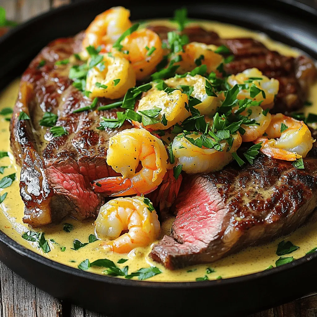 - 2 ribeye steaks (about 1 inch thick) - 8 ounces shrimp, peeled and deveined - 2 tablespoons olive oil - Salt and pepper to taste - 1 teaspoon garlic powder - 1 cup heavy cream - 1 teaspoon Dijon mustard - 1 tablespoon fresh lemon juice - 1 tablespoon fresh parsley, chopped - 1 tablespoon chives, chopped When you prepare surf and turf steak with creamy sauce, using the right ingredients is key. Start with ribeye steaks. They have great marbling and flavor. The shrimp adds a nice touch. Next, don’t forget the seasoning. Salt and pepper bring out the meat's taste. Garlic powder adds a lovely depth. Heavy cream makes the sauce rich and smooth. Fresh ingredients also boost flavor. Dijon mustard adds a bit of tang. Lemon juice brightens the dish. Chopped parsley and chives give it a fresh look and taste. For the full recipe, check the detailed steps above. Enjoy crafting this delicious meal! - Seasoning: Start by seasoning the ribeye steaks. Use salt, pepper, and garlic powder. Make sure to coat both sides well. This adds flavor and helps create a nice crust when cooking. - Letting the steaks rest: Let the seasoned steaks sit at room temperature for about 20-30 minutes. This step helps the steaks cook evenly. It also makes them more tender and flavorful. - Heating the skillet: Heat a large skillet over medium-high heat. Add 1 tablespoon of olive oil. Wait until the oil is hot and shimmering before adding the steaks. - Cooking to desired doneness: Place the steaks in the skillet. Cook for about 4-5 minutes on each side for medium-rare. Adjust the time if you want them more or less done. Once cooked, remove them from the skillet. Cover loosely with aluminum foil and let them rest for a few minutes. - Sautéing techniques: In the same skillet, add 1 tablespoon of olive oil and 1 tablespoon of butter. Once melted, add the peeled and deveined shrimp. Cook for about 2-3 minutes on each side until they turn pink and opaque. - Removing shrimp from the skillet: After cooking, season the shrimp with a pinch of salt and pepper. Remove them from the skillet and set aside. - Ingredients in the skillet: Lower the heat. In the same skillet, add 1 cup of heavy cream, 1 teaspoon of Dijon mustard, and 1 tablespoon of fresh lemon juice. Stir well to combine. - Simmering duration: Let the sauce simmer for about 5 minutes. Stir continuously and scrape any bits from the bottom of the pan. This adds extra flavor to the sauce as it thickens. - Mixing shrimp with the sauce: Stir the cooked shrimp into the creamy sauce. Make sure to coat the shrimp well. - Adjusting seasoning: Taste the sauce and adjust the seasoning if needed. You can add more salt, pepper, or lemon juice for balance. - Plating suggestions: Slice the rested steaks and place them on plates. Spoon the creamy shrimp sauce generously over the steaks. - Presentation tips: Garnish with chopped fresh parsley and chives. This adds color and freshness. Serve with a garden salad or roasted vegetables for a complete meal. For the full recipe, check [Full Recipe]. How do I achieve the perfect steak doneness? To get the perfect steak, know the cooking times. For medium-rare, cook each side for about 4-5 minutes. Use a meat thermometer to check. Aim for 130°F for medium-rare. Let your steak rest after cooking. This helps keep it juicy. What are tips for juicy shrimp? Cook shrimp quickly. Sauté them for 2-3 minutes on each side. They should turn pink and opaque. Don’t overcook, or they become rubbery. Season with salt and pepper for taste. Keep the heat high for a good sear. What are variations for creaminess? You can make the sauce creamier. Add more heavy cream or use cream cheese. For a lighter option, try half-and-half. You can also mix in sour cream for tanginess. How can I add spices for flavor? Boost flavor with spices. Try paprika for a smoky taste. Cayenne pepper adds heat. Fresh herbs like thyme or basil can brighten the sauce. Experiment with your favorite spices to personalize the flavor. What are creative garnishing techniques? Garnish your dish with fresh herbs like parsley and chives. They add color and freshness. You can also use lemon wedges for a bright touch. Arrange the shrimp on top of the steak for a beautiful look. What are serving suggestions with side dishes? Serve with a fresh garden salad or roasted vegetables. They complement the rich flavors. Mashed potatoes or rice work well too. You can even add crusty bread to soak up the sauce. {{image_2}} You can switch the ribeye steaks for other cuts. Cuts like sirloin or filet mignon work well too. These alternatives can change the taste and texture. Each cut brings its own charm to the dish. If you want to try seafood, use scallops or lobster instead of shrimp. Both options add a sweet, rich flavor. They also make the dish elegant and fancy. You can grill or sauté them just like the shrimp. Sauces can change the whole dish. A garlic butter sauce is a delicious option. For this, melt butter in a pan, then add minced garlic. Cook the garlic until fragrant and pour it over your steak and shrimp. This will elevate your dish with a lovely aroma. For those who like heat, try a spicy sauce. You can mix in crushed red pepper flakes or hot sauce. This adds a kick that pairs well with the creamy sauce. Experiment with different spices to find your favorite blend. You can easily adapt this dish for special diets. For a gluten-free version, just check all your ingredients. Many common sauces and seasonings are gluten-free. Always read labels to ensure they meet your needs. If you want a dairy-free option, use coconut milk or cashew cream. These alternatives will keep your sauce creamy without dairy. Just swap them for heavy cream in the recipe. This way, everyone can enjoy your surf and turf. For more details, check the Full Recipe. To store leftovers, let the dish cool down first. Place the steak and sauce in separate airtight containers. This keeps the steak juicy and the sauce creamy. Store them in the fridge for up to three days for the best taste. When you store the shrimp, keep it with the sauce to maintain its flavor. To reheat steak, use an oven set to 250°F. Place the steak on a baking sheet and cover it with foil. This method warms the steak evenly without drying it out. Check it after about 20 minutes. For the creamy sauce, pour it into a small pot over low heat. Stir often until it warms up. Add a splash of cream if it seems too thick. You can freeze the cooked components. Wrap the steak tightly in plastic wrap, then in aluminum foil. For the sauce, pour it into a freezer-safe container. It can last up to three months in the freezer. When you’re ready to eat, thaw the steak in the fridge overnight. For the sauce, place it in the fridge to thaw. Reheat it gently on the stove when you’re ready to enjoy your meal again. Surf and turf is a dish that combines meat and seafood. You can enjoy steak and shrimp or lobster together. Many variations exist. Some people use filet mignon or crab. Each combo brings new flavors. To make your steak tender, follow these tips: - Choose high-quality meat, like ribeye. - Let the steak sit at room temperature. - Season it well before cooking. - Don't overcook; aim for medium-rare. - Let it rest after cooking to keep juices inside. Yes, you can prep Surf and Turf ahead. Here’s how: - Season the steaks and let them rest. - Cook the shrimp and sauce but store separately. - Keep them in the fridge, covered. - Reheat gently before serving. Great sides for Surf and Turf include: - Garlic mashed potatoes - Grilled asparagus - Fresh garden salad - Roasted vegetables - Creamy risotto To boost the sauce's flavor, try these ideas: - Add fresh herbs like thyme or basil. - Mix in a splash of white wine. - Stir in some grated Parmesan. - Use spicy mustard instead of Dijon. - Incorporate sautéed onions or mushrooms. For the complete guide, see the Full Recipe. This blog post covered a delicious surf and turf recipe. You learned about the key ingredients, like ribeye steaks and shrimp, along with how to make a creamy sauce. We went through step-by-step instructions on cooking and combining the dish, plus tips for the best results. In the end, enjoy exploring variations and enhancing flavors. With practice, you'll make the perfect meal every time. Happy cooking!