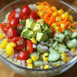 To make this vibrant vegetable quinoa salad, gather these fresh ingredients: - 1 cup quinoa, rinsed - 2 cups vegetable broth (or water) - 1 bell pepper (red or yellow), diced - 1 medium cucumber, diced - 1 cup cherry tomatoes, halved - 1 large carrot, grated - 1 cup corn (fresh or frozen) - ½ cup red onion, finely chopped - ½ cup parsley, chopped - 1 avocado, diced - 3 tablespoons olive oil - 2 tablespoons lemon juice - 1 teaspoon cumin - Salt and pepper to taste One serving of this salad provides a balanced mix of nutrients. Each serving has: - Calories: 250 - Protein: 7g - Carbohydrates: 38g - Dietary Fiber: 6g - Total Fat: 10g This salad is a great source of protein and fiber, perfect for keeping you full. Each ingredient in this salad has its own health perks: - Quinoa: High in protein and gluten-free, it's a great grain for all diets. - Bell Pepper: Packed with vitamin C, it boosts your immune system. - Cucumber: Hydrating and low in calories, it keeps you refreshed. - Cherry Tomatoes: Rich in antioxidants, they promote heart health. - Carrot: Full of beta-carotene, it supports good vision. - Avocado: Contains healthy fats that are good for your heart. Using these fresh ingredients makes the salad not just tasty but also a healthy choice. For the full recipe, check out the details above. Start by rinsing 1 cup of quinoa under cold water. This step removes any bitter taste. In a medium saucepan, bring 2 cups of vegetable broth to a boil. Once boiling, add the rinsed quinoa. Lower the heat and cover the pot. Let it simmer for about 15 minutes. The quinoa is ready when all the liquid is gone. Fluff it with a fork and let it cool. While the quinoa cooks, it’s time to prep the veggies. Dice 1 bell pepper and 1 medium cucumber. Halve 1 cup of cherry tomatoes and grate 1 large carrot. For extra flavor, finely chop ½ cup of red onion and ½ cup of parsley. If you use fresh corn, cut it off the cob. If frozen, just measure 1 cup. In a small bowl, whisk together 3 tablespoons of olive oil, 2 tablespoons of lemon juice, 1 teaspoon of cumin, and some salt and pepper. This dressing adds a bright flavor to the salad. In a large mixing bowl, combine the cooled quinoa, diced bell pepper, cucumber, halved tomatoes, grated carrot, corn, red onion, and parsley. Pour the dressing over the mixture. Toss gently to coat everything. Just before serving, add 1 diced avocado and fold it in carefully. Taste the salad and adjust the seasoning if necessary. For the full recipe, check the Vibrant Vegetable Quinoa Salad section. To cook quinoa, start by rinsing it well. This removes a bitter coating called saponin. Next, bring two cups of vegetable broth to a boil. Add one cup of rinsed quinoa. Lower the heat, cover, and let it simmer for about 15 minutes. When the liquid is gone, fluff the quinoa with a fork. Let it cool before mixing it with the veggies. Use fresh, ripe fruits and vegetables for the best taste. When you pick your produce, look for vibrant colors and firm textures. For the bell pepper, choose one with smooth skin. The cucumber should feel crisp and snap when you bend it. Slice the cherry tomatoes in half to boost their flavor. Grate the carrot finely to mix well with other ingredients. Serve the salad in a clear bowl for a colorful display. Add a sprinkle of parsley on top for a fresh note. Drizzle a bit of olive oil right before serving. For extra zest, squeeze fresh lemon juice over the salad. This adds brightness and enhances all the flavors. Enjoy it as a light lunch or a side dish at dinner. For the full recipe, check out the complete guide. {{image_2}} You can boost the protein in your salad easily. Grilled chicken adds a nice flavor. Simply cube it and mix it in. If you prefer plant-based options, tofu works well, too. Just press, cube, and sauté it for a few minutes. You can also add beans like black beans or chickpeas. They are easy and add great texture. The beauty of this salad lies in its flexibility. You can swap veggies based on the season. In spring, try adding asparagus or peas. Summer is great for zucchini or radishes. In fall, add roasted sweet potatoes or Brussels sprouts. Each swap brings a new taste and keeps the salad fresh and exciting. While the lemon dressing is fresh and bright, you can change it up. For an Asian twist, use soy sauce and sesame oil. If you want a creamy touch, try a yogurt-based dressing. A balsamic vinaigrette can add a sweet tang. Each dressing can change the vibe of your salad and make it unique. For the full recipe, check out the Vibrant Vegetable Quinoa Salad. To keep your salad fresh, store it in an airtight container. This helps lock in moisture and flavor. You can separate the dressing from the salad to keep everything crisp. If you mix in the dressing, eat it within a day. When stored properly, the salad lasts up to four days in the fridge. After that, the flavors may fade, and the veggies might get soggy. Always check for any off smells or changes in texture before eating. You can freeze your quinoa salad, but it may change texture. Freeze the salad without the avocado and dressing. Place it in a freezer-safe bag and remove as much air as possible. When ready to eat, thaw it overnight in the fridge. Add fresh avocado and dressing just before serving. Yes, you can make this salad ahead of time. It tastes great after chilling in the fridge. I recommend making it a few hours before serving. This way, the flavors blend well. Just store it in an airtight container to keep it fresh. You can also prepare the quinoa and veggies separately. Mix them together right before you serve. If you want a different base, try using rice. Brown rice or jasmine rice works well. You could also use farro or bulgur for a chewy texture. Each option gives a unique taste and feel to the salad. Just remember to adjust cooking times based on the grain you choose. Yes, this recipe is both gluten-free and vegan. Quinoa is a gluten-free grain, making it safe for those with gluten sensitivities. All the veggies and dressings are plant-based too. This salad is perfect for anyone who wants a healthy meal without animal products. Enjoy it guilt-free! For the full recipe, check the details above. This blog post covered a delicious vegetable quinoa salad. We explored each ingredient and its health benefits. I provided step-by-step cooking instructions to make your salad perfect. You learned tips for cooking quinoa and how to choose fresh veggies. Variations add protein and allow for seasonal swaps. Lastly, we discussed storage tips for leftovers. You now have the tools to create a nutritious salad. Enjoy experimenting with flavors and ingredients. This salad is healthy, easy, and perfect for meal prep.