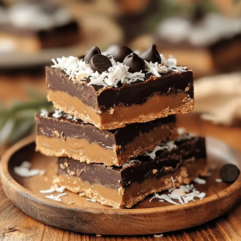 - 1 cup rolled oats - 1 cup natural peanut butter (smooth or crunchy) - 1/2 cup honey or maple syrup - 1/2 cup unsweetened cocoa powder - 1/4 cup dark chocolate chips - 1/4 cup shredded coconut (optional) - 1/4 teaspoon sea salt - 1 teaspoon vanilla extract To make no-bake chocolate peanut butter bars, you need simple ingredients. Each item plays a key role in the taste and texture. The rolled oats give the bars a hearty base. They add fiber, which is good for digestion. You can choose either smooth or crunchy peanut butter. Both taste great, but smooth gives a creamier texture, while crunchy adds a fun bite. Using honey or maple syrup adds sweetness and binds the mixture. I prefer honey for its rich flavor, but maple syrup works well too. Unsweetened cocoa powder gives the bars a deep chocolate taste without extra sugar. Dark chocolate chips add little bursts of flavor in every bite. You can skip them if you want a less sweet treat. If you like, shredded coconut gives a tropical twist. It’s optional, but it adds a nice chew. Finally, a pinch of sea salt balances the sweetness. The vanilla extract adds depth and warmth to the overall flavor. - Calories per serving: About 150 - Macronutrient breakdown: - Fats: 9g - Proteins: 4g - Carbs: 15g These bars are tasty and nutritious! Each serving packs a good amount of healthy fats and proteins. They make a great snack or dessert. You can customize these bars with extra ingredients. Here are some ideas: - Chopped nuts for crunch - Chia seeds for added fiber - Dried fruits like raisins or cranberries for sweetness Feel free to mix and match until you find your favorite combo! First, gather your ingredients. You need rolled oats, cocoa powder, and sea salt. Mix these dry ingredients in a large bowl. It should look like a chocolatey blend. Next, you need to heat the wet ingredients. In a separate bowl, combine natural peanut butter and honey. Microwave this for about 20-30 seconds. This makes it easier to mix. Stir in vanilla extract until it's smooth. Now, it’s time to combine the dry and wet. Pour the peanut butter mix into the bowl with the dry ingredients. Stir well until the oats are fully coated. The mix should be thick and sticky. After that, add the dark chocolate chips and coconut if you like. Gently fold these in until they are just combined. Prepare your baking dish by lining it with parchment paper. Leave some paper hanging over the edges for easy removal. Next, pour the mixture into the dish. Press it down firmly with your hands or a spatula. This makes an even layer. Now, put it in the fridge for at least one hour. This helps the bars set properly. After they are firm, lift them out using the paper overhang. Cut them into squares or rectangles as you like. You can find the Full Recipe for more details. Enjoy! - Overheating peanut butter: Heat the peanut butter just enough. If it gets too hot, it may lose its flavor and texture. Aim for a warm, but not bubbling, mixture. - Not mixing well enough: Mix the dry and wet ingredients thoroughly. This ensures every bite is rich and flavorful. If you skip this step, some bars might taste dry. - How to adjust for thicker or thinner bars: If you want thicker bars, add more oats. For thinner bars, reduce the oats. You can also adjust the peanut butter or honey amount. Just remember, these changes affect the taste and feel of the bars. - Ideas for serving and garnishing: Stack the bars neatly on a plate. Sprinkle extra shredded coconut or chocolate chips on top. This adds a nice touch. For a special treat, drizzle melted chocolate over the bars before serving. This makes them look even more inviting. Try these tips to make your no-bake chocolate peanut butter bars shine. For all the details, check the Full Recipe! {{image_2}} You can easily change the flavor of your bars. Try using almond or cashew butter instead of peanut butter. Each nut butter adds a unique taste. For sweetness, swap honey for agave syrup or maple syrup. These choices can alter the flavor profile nicely. Want to make it vegan? Use maple syrup and nut butter that’s vegan. You can also use gluten-free oats to make it gluten-free. This way, more people can enjoy the bars without worry. Get creative with the seasons! In fall, add pumpkin spice to the mix. This gives your bars a warm, cozy flavor. In summer, try adding fresh berries or nuts for a refreshing twist. Adapting your bars keeps them exciting all year round. Store your no-bake chocolate peanut butter bars in an airtight container. This keeps them fresh and prevents drying out. You can refrigerate them for a cool treat. If you want to keep them longer, freezing is a great option too. Just make sure to wrap them well to avoid freezer burn. At room temperature, these bars last about 3 to 5 days. If you store them in the fridge, they can stay fresh for up to 2 weeks. Freezing extends their life to about 2 to 3 months. When you want to eat them, just take out what you need. If your bars are cold from the fridge, they may be hard. To soften them, let them sit at room temperature for about 10 minutes. You can also warm them slightly in the microwave for 10 to 15 seconds. This makes them easier to bite into without losing their shape. No-bake chocolate peanut butter bars can last up to one week in the fridge. Store them in an airtight container to keep them fresh. If you freeze them, they can last about three months. Just let them thaw in the fridge before you eat them. Yes, you can use almond butter instead of peanut butter. Almond butter will change the flavor a bit, but it still tastes great. Just make sure to choose a smooth or crunchy almond butter, just like with peanut butter. For a vegan option, use maple syrup instead of honey. Maple syrup gives a nice sweetness and works well in this recipe. It mixes easily with the other ingredients and keeps the bars moist. Absolutely! Adding protein powder is a great way to boost nutrition. Just mix in a scoop when combining the dry ingredients. This will enhance the bars' protein content without changing the taste too much. Yes, refrigerating the bars is important. It helps them set and keeps them firm. If you skip refrigeration, the bars may be too soft and hard to cut. For full instructions, check the Full Recipe. We covered the key ingredients for no-bake chocolate peanut butter bars. You learned how to mix and set your bars, along with tips to avoid common mistakes. Explore flavor variations and how to store them properly. These bars are simple and fun to make. Experiment with ingredients for unique tastes. Enjoy your delicious creations and share them with others!