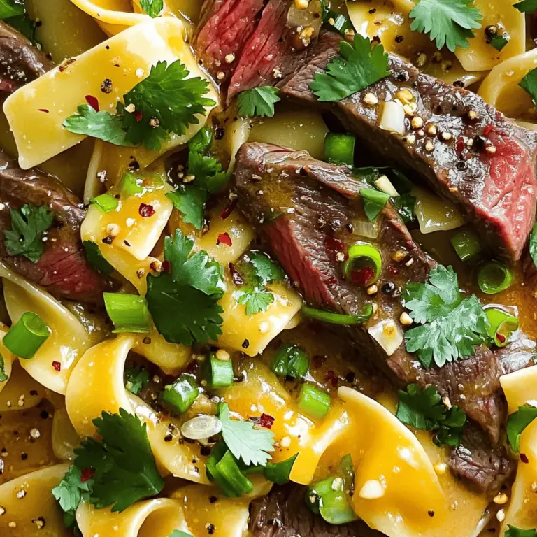 - 8 oz. egg noodles or rice noodles - 1 lb. flank steak, thinly sliced - 4 tablespoons unsalted butter - 5 cloves garlic, minced - 2 tablespoons soy sauce - 1 tablespoon oyster sauce - 1 tablespoon sesame oil - 1 teaspoon black pepper - 2 green onions, sliced (for garnish) - Fresh cilantro leaves (for garnish) - Optional: Red pepper flakes for heat The main ingredients for Garlic Butter Steak Noodles are simple yet impactful. The choice of noodles is key. I love using egg noodles for their texture, but rice noodles work too. The flank steak is a great cut for this dish. It cooks quickly and remains tender. Next, we have the aromatic components. Garlic is a must. It adds a strong and tasty punch. Soy sauce and oyster sauce bring depth and umami to the dish. They balance the rich butter flavor. Finally, we finish with the seasoning and garnish. Sesame oil enhances the nutty taste. Black pepper adds a little heat. Green onions and cilantro make the dish look fresh. If you enjoy spice, sprinkle on red pepper flakes. For the full recipe, check out the instructions to create this tasty meal. To cook egg noodles or rice noodles, start by boiling water in a large pot. Add the noodles and cook them according to the package instructions. This usually takes about 4 to 6 minutes. Stir the noodles occasionally to keep them from sticking together. Once done, drain the noodles in a colander and set them aside. To avoid stickiness, drizzle a bit of sesame oil on the drained noodles. Toss them gently to coat. This step helps keep your noodles nice and separate for the final dish. Next, we get to the steak. In a large skillet or wok, melt 2 tablespoons of butter over medium-high heat. Then, add the minced garlic. Sauté it for about one minute until you smell that great garlic aroma. This brings out its flavor and makes your dish shine. Now, crank up the heat to high and add your thinly sliced flank steak. Season it with black pepper. Cook the steak for about 3 to 4 minutes, stirring frequently. You want it browned and cooked through, but not overdone. Once your steak is ready, it’s time to bring it all together. Add the cooked noodles to the skillet. Pour in the soy sauce and oyster sauce, and toss everything together. This step ensures that the noodles and steak are well coated. Next, add the remaining 2 tablespoons of butter. Stir until it melts and mixes well with the noodles and steak. This creates a rich, flavorful dish. Taste it and see if it needs more seasoning. If you like heat, sprinkle in some red pepper flakes. Finally, remove your pan from the heat. Garnish your dish with sliced green onions and fresh cilantro before serving. For the full recipe, check out the complete instructions. Enjoy your delicious Garlic Butter Steak Noodles! To make Garlic Butter Steak Noodles shine, pick the right cut of steak. Flank steak is a great choice. It cooks quickly and has a nice flavor. Slice it thin for tender bites. Next, focus on the noodles. For the best texture, cook them until just tender. You want them soft but firm enough to hold their shape. Toss them with sesame oil right after cooking. This will keep them from sticking together. Want to spice things up? Add red pepper flakes to the skillet when you cook the steak. This gives the dish a nice kick. If you prefer a milder taste, skip the heat. Fresh herbs can brighten your meal. I love using cilantro or green onions. Sprinkle them on top just before serving for added freshness. Garlic Butter Steak Noodles taste great with simple side dishes. Try a fresh salad or steamed veggies. They balance the richness of the steak and butter. Want to impress your guests? Serve the noodles in a big bowl with the steak on top. Add a sprinkle of fresh herbs for color. This makes a beautiful presentation that looks as good as it tastes. For the full recipe, check out the detailed instructions on how to create this delightful dish. {{image_2}} You can switch up the protein in this dish easily. Want to use chicken? Just slice it thin and cook it the same way as the steak. Shrimp works great too. Cook it until it turns pink, which only takes a few minutes. For a vegetarian option, try tofu or tempeh. Press the tofu to remove water, then cut it into cubes. Sauté it until golden. Tempeh can be sliced thin and cooked like the steak. Both options absorb flavors well, making them tasty choices. The type of noodle you use can change the dish. Egg noodles give a rich taste, but rice noodles are light and chewy. Try soba noodles for a different twist. They add a nutty flavor that pairs well with garlic butter. If you need gluten-free options, choose rice noodles or gluten-free pasta. These will still deliver a delicious meal without any gluten. To enhance flavors, think about adding more sauces. Teriyaki sauce can give a sweet touch. Hoisin sauce adds depth and richness. You can also play with homemade sauces. Mixing soy sauce with lime juice or sesame oil can create a fresh twist. Try adding fresh herbs, like basil or mint, for a bright flavor. A splash of hot sauce can bring heat. Feel free to experiment; the sauce is key to making this dish your own. For the complete recipe, check the [Full Recipe]. To keep your Garlic Butter Steak Noodles fresh, let them cool to room temperature. This step helps prevent moisture build-up. Once cooled, place them in an airtight container. I recommend using glass containers as they seal well and do not absorb odors. Store your leftovers in the fridge for up to three days. When it’s time to enjoy your leftovers, you want to reheat them just right. The best way is to use a skillet over medium heat. Add a splash of water or broth to keep the noodles moist. Stir often until everything is heated through. This method keeps the texture nice and prevents the noodles from becoming mushy. Yes, you can freeze Garlic Butter Steak Noodles! To prepare for freezing, let the dish cool completely first. Portion it into freezer-safe bags or containers. Remove as much air as possible to avoid freezer burn. You can store them for up to three months. When you’re ready to eat, thaw overnight in the fridge and reheat as mentioned above. It takes about 10 minutes to prep and 15 minutes to cook. You can enjoy this dish in just 25 minutes! This quick timing makes it perfect for busy weeknights. Yes, you can prep many parts ahead of time. Slice the steak and mince the garlic the day before. Store them in the fridge. You can also cook the noodles in advance. Just toss them with sesame oil to keep them from sticking. You can pair these noodles with a fresh salad or steamed vegetables. A side of garlic bread also goes well with this dish. For a complete meal, add some crispy spring rolls for extra crunch. Absolutely! You can portion the noodles and steak into containers. Store them in the fridge for up to four days. This makes it easy to grab a meal on busy days. Just reheat and enjoy! Yes, you can use chicken, shrimp, or pork instead of steak. Thinly sliced chicken breast or shrimp cook quickly and taste great. For a vegetarian option, try tofu or tempeh. They absorb flavors well and add protein. For the full recipe, check the detailed instructions above. Garlic Butter Steak Noodles are a tasty choice for any meal. We covered the key ingredients, with steak and noodles at the heart. You learned how to cook these well and add great flavor. Remember, you can switch proteins or noodles to fit your taste. Proper storage helps keep your dish fresh for later. Use these tips to impress at your next dinner. Enjoy your cooking journey with Garlic Butter Steak Noodles!