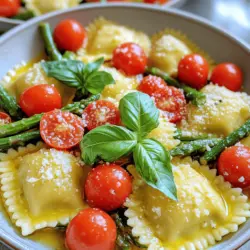 - 12 oz fresh or frozen ravioli (cheese or spinach-filled) - 1 cup cherry tomatoes, halved - 1 bunch asparagus, trimmed and cut into 2-inch pieces - 3 cloves garlic, minced - 2 tablespoons olive oil - Salt and pepper to taste - 1 teaspoon Italian seasoning - 1/4 cup grated Parmesan cheese (optional) - Fresh basil, for garnish This dish shines with simple, fresh ingredients. You can use either fresh or frozen ravioli, but I prefer fresh for its taste and texture. Cherry tomatoes bring sweetness and color, while asparagus adds a nice crunch. Garlic is a must; it gives that lovely aroma and flavor. Olive oil adds richness, and salt and pepper help balance everything. Italian seasoning ties it all together, making the dish sing. Parmesan cheese is optional, but it adds a creamy finish. Fresh basil on top brightens the dish and gives a pop of color. You can find the full recipe in the earlier section. Enjoy preparing this delightful meal! Start by boiling water in a large pot. Add a generous pinch of salt to the water. This helps to flavor the ravioli. If you use fresh ravioli, cook it for 3 to 5 minutes. For frozen ravioli, it takes about 7 to 9 minutes. Keep an eye on it to avoid overcooking. When they float, they are ready! Drain the ravioli but save 1/2 cup of the water. You may need it later. While the ravioli cooks, heat 2 tablespoons of olive oil in a large skillet over medium heat. Once the oil is hot, add 3 minced garlic cloves. Sauté the garlic for about 30 seconds. You want it fragrant but not burnt. Next, add the chopped asparagus pieces. Cook the asparagus for about 3 minutes, stirring often. Then, toss in 1 cup of halved cherry tomatoes and 1 teaspoon of Italian seasoning. Cook this mixture for another 4 to 5 minutes. The tomatoes should soften, and the asparagus should be tender. Now it’s time to bring everything together. Add the drained ravioli to the skillet with the veggies. Gently toss everything together. If the dish seems dry, add some of the reserved pasta water. This creates a light sauce that coats the ravioli. Season with salt and pepper to taste. If you want a richer flavor, sprinkle 1/4 cup of grated Parmesan cheese over the top and toss gently. For a fresh touch, garnish with basil before serving. Enjoy your Ravioli with Tomatoes and Asparagus! For the complete recipe, check out the Full Recipe section. To avoid overcooking ravioli, watch the timer closely. Fresh ravioli cooks fast, usually in 3 to 5 minutes. Frozen ravioli takes about 7 to 9 minutes. Check the package for exact times. The ravioli should float to the top when done. This means they are ready! For the best texture in your vegetables, add them at the right time. Start with the asparagus, as it takes longer to cook. Sauté it for about 3 minutes before adding the tomatoes. This way, the asparagus stays crisp, and the tomatoes soften just enough. Adding herbs and spices can really boost the flavor. I recommend using Italian seasoning for a classic touch. Fresh basil adds a nice aroma and flavor too. You might also try crushed red pepper for some heat. If you want to make a homemade sauce, consider adding a splash of lemon juice. It brightens the dish and adds a fresh taste. You could mix in some cream for a richer sauce. Both options make the dish even tastier. Plating is key to making your dish look fancy. Serve the ravioli in shallow bowls for a nice effect. Drizzle a bit of olive oil on top for shine. For garnishing, add fresh basil leaves for color. A sprinkle of grated Parmesan cheese adds a nice touch too. These small details make your dish look as good as it tastes! {{image_2}} You can change the filling in your ravioli for a unique twist. Consider using mushroom or lobster for exciting flavors. Each option brings its own charm to the dish. If you want to keep it fresh, use seasonal vegetables. Peas and zucchini are great choices in spring, while butternut squash shines in fall. This keeps your meal lively and fun. If you need gluten-free options, many stores sell gluten-free ravioli. These taste great and feel just like traditional options. For vegan diets, swap the cheese with cashew cream or nutritional yeast. Both add a rich flavor without dairy. These adjustments make the dish enjoyable for everyone at your table. Pair your ravioli with a light salad for a refreshing contrast. A simple arugula salad with lemon vinaigrette works well. Bread, like a crusty baguette, can soak up delicious sauce. For drinks, a crisp white wine, like Pinot Grigio, enhances the meal's flavors. This combination makes an enjoyable dining experience. If you want to explore more, check out the Full Recipe for additional ideas! To keep your ravioli with tomatoes and asparagus fresh, follow these tips: - Refrigerate Quickly: Place leftovers in a shallow container. This helps them cool fast. - Seal Tight: Use an airtight lid to prevent moisture loss and odors. - Use Within 3 Days: Enjoy your leftovers within three days for best taste. For uncooked ravioli, keep it in a sealed bag or container. Store it in the freezer for up to three months. Make sure to label the date. When reheating, you want to keep the flavors and texture. Here’s how: - Stovetop Method: Heat a skillet over medium heat. Add a splash of water and the ravioli. Cover it to steam for a few minutes. - Microwave Method: Place the ravioli in a bowl. Add a little water and cover it. Heat for one minute, then check and stir if needed. If you have leftover ravioli, consider making a pasta salad. Toss it with some fresh veggies and a light dressing. You can also blend it into a creamy soup for a warm dish. I recommend using fresh ravioli for the best flavor and texture. Fresh ravioli cooks quickly and has a light, delicate taste. Frozen ravioli, while convenient, may have a denser texture. If you use frozen ravioli, make sure to adjust the cooking time to 7-9 minutes. Both types work well, but fresh ravioli truly shines in this dish. Yes, you can easily add protein to your ravioli. Grilled chicken pairs nicely with the flavors of tomatoes and asparagus. Shrimp adds a nice seafood touch, and it cooks quickly. If you prefer a plant-based option, tofu works well too. Simply sauté your protein of choice before adding it to the dish. Ravioli with tomatoes and asparagus lasts about 3 days in the fridge. To keep it fresh, store it in an airtight container. Make sure to cool it down before putting it away. Always check for any signs of spoilage before enjoying leftovers. This dish pairs great with a simple green salad. A side of garlic bread complements the flavors nicely too. You can also serve it with roasted vegetables for added nutrition. These sides balance the meal and make it even more delightful. For the full recipe, check out the [Full Recipe]. This blog post covered the tasty ravioli dish with tomatoes and asparagus. You learned about the best ingredients and step-by-step cooking instructions. I shared tips for perfecting the dish and ideas for variations. Remember to store leftovers properly and reheat them with care. Lastly, consider pairing it with fresh salads or a nice wine. Enjoy making this meal, and feel free to get creative with your own twists!
