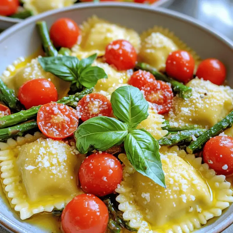 - 12 oz fresh or frozen ravioli (cheese or spinach-filled) - 1 cup cherry tomatoes, halved - 1 bunch asparagus, trimmed and cut into 2-inch pieces - 3 cloves garlic, minced - 2 tablespoons olive oil - Salt and pepper to taste - 1 teaspoon Italian seasoning - 1/4 cup grated Parmesan cheese (optional) - Fresh basil, for garnish This dish shines with simple, fresh ingredients. You can use either fresh or frozen ravioli, but I prefer fresh for its taste and texture. Cherry tomatoes bring sweetness and color, while asparagus adds a nice crunch. Garlic is a must; it gives that lovely aroma and flavor. Olive oil adds richness, and salt and pepper help balance everything. Italian seasoning ties it all together, making the dish sing. Parmesan cheese is optional, but it adds a creamy finish. Fresh basil on top brightens the dish and gives a pop of color. You can find the full recipe in the earlier section. Enjoy preparing this delightful meal! Start by boiling water in a large pot. Add a generous pinch of salt to the water. This helps to flavor the ravioli. If you use fresh ravioli, cook it for 3 to 5 minutes. For frozen ravioli, it takes about 7 to 9 minutes. Keep an eye on it to avoid overcooking. When they float, they are ready! Drain the ravioli but save 1/2 cup of the water. You may need it later. While the ravioli cooks, heat 2 tablespoons of olive oil in a large skillet over medium heat. Once the oil is hot, add 3 minced garlic cloves. Sauté the garlic for about 30 seconds. You want it fragrant but not burnt. Next, add the chopped asparagus pieces. Cook the asparagus for about 3 minutes, stirring often. Then, toss in 1 cup of halved cherry tomatoes and 1 teaspoon of Italian seasoning. Cook this mixture for another 4 to 5 minutes. The tomatoes should soften, and the asparagus should be tender. Now it’s time to bring everything together. Add the drained ravioli to the skillet with the veggies. Gently toss everything together. If the dish seems dry, add some of the reserved pasta water. This creates a light sauce that coats the ravioli. Season with salt and pepper to taste. If you want a richer flavor, sprinkle 1/4 cup of grated Parmesan cheese over the top and toss gently. For a fresh touch, garnish with basil before serving. Enjoy your Ravioli with Tomatoes and Asparagus! For the complete recipe, check out the Full Recipe section. To avoid overcooking ravioli, watch the timer closely. Fresh ravioli cooks fast, usually in 3 to 5 minutes. Frozen ravioli takes about 7 to 9 minutes. Check the package for exact times. The ravioli should float to the top when done. This means they are ready! For the best texture in your vegetables, add them at the right time. Start with the asparagus, as it takes longer to cook. Sauté it for about 3 minutes before adding the tomatoes. This way, the asparagus stays crisp, and the tomatoes soften just enough. Adding herbs and spices can really boost the flavor. I recommend using Italian seasoning for a classic touch. Fresh basil adds a nice aroma and flavor too. You might also try crushed red pepper for some heat. If you want to make a homemade sauce, consider adding a splash of lemon juice. It brightens the dish and adds a fresh taste. You could mix in some cream for a richer sauce. Both options make the dish even tastier. Plating is key to making your dish look fancy. Serve the ravioli in shallow bowls for a nice effect. Drizzle a bit of olive oil on top for shine. For garnishing, add fresh basil leaves for color. A sprinkle of grated Parmesan cheese adds a nice touch too. These small details make your dish look as good as it tastes! {{image_2}} You can change the filling in your ravioli for a unique twist. Consider using mushroom or lobster for exciting flavors. Each option brings its own charm to the dish. If you want to keep it fresh, use seasonal vegetables. Peas and zucchini are great choices in spring, while butternut squash shines in fall. This keeps your meal lively and fun. If you need gluten-free options, many stores sell gluten-free ravioli. These taste great and feel just like traditional options. For vegan diets, swap the cheese with cashew cream or nutritional yeast. Both add a rich flavor without dairy. These adjustments make the dish enjoyable for everyone at your table. Pair your ravioli with a light salad for a refreshing contrast. A simple arugula salad with lemon vinaigrette works well. Bread, like a crusty baguette, can soak up delicious sauce. For drinks, a crisp white wine, like Pinot Grigio, enhances the meal's flavors. This combination makes an enjoyable dining experience. If you want to explore more, check out the Full Recipe for additional ideas! To keep your ravioli with tomatoes and asparagus fresh, follow these tips: - Refrigerate Quickly: Place leftovers in a shallow container. This helps them cool fast. - Seal Tight: Use an airtight lid to prevent moisture loss and odors. - Use Within 3 Days: Enjoy your leftovers within three days for best taste. For uncooked ravioli, keep it in a sealed bag or container. Store it in the freezer for up to three months. Make sure to label the date. When reheating, you want to keep the flavors and texture. Here’s how: - Stovetop Method: Heat a skillet over medium heat. Add a splash of water and the ravioli. Cover it to steam for a few minutes. - Microwave Method: Place the ravioli in a bowl. Add a little water and cover it. Heat for one minute, then check and stir if needed. If you have leftover ravioli, consider making a pasta salad. Toss it with some fresh veggies and a light dressing. You can also blend it into a creamy soup for a warm dish. I recommend using fresh ravioli for the best flavor and texture. Fresh ravioli cooks quickly and has a light, delicate taste. Frozen ravioli, while convenient, may have a denser texture. If you use frozen ravioli, make sure to adjust the cooking time to 7-9 minutes. Both types work well, but fresh ravioli truly shines in this dish. Yes, you can easily add protein to your ravioli. Grilled chicken pairs nicely with the flavors of tomatoes and asparagus. Shrimp adds a nice seafood touch, and it cooks quickly. If you prefer a plant-based option, tofu works well too. Simply sauté your protein of choice before adding it to the dish. Ravioli with tomatoes and asparagus lasts about 3 days in the fridge. To keep it fresh, store it in an airtight container. Make sure to cool it down before putting it away. Always check for any signs of spoilage before enjoying leftovers. This dish pairs great with a simple green salad. A side of garlic bread complements the flavors nicely too. You can also serve it with roasted vegetables for added nutrition. These sides balance the meal and make it even more delightful. For the full recipe, check out the [Full Recipe]. This blog post covered the tasty ravioli dish with tomatoes and asparagus. You learned about the best ingredients and step-by-step cooking instructions. I shared tips for perfecting the dish and ideas for variations. Remember to store leftovers properly and reheat them with care. Lastly, consider pairing it with fresh salads or a nice wine. Enjoy making this meal, and feel free to get creative with your own twists!
