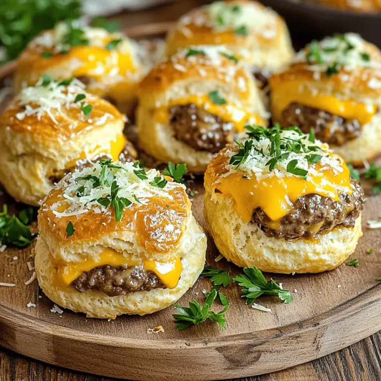 - 1 pound ground beef - 1 cup shredded sharp cheddar cheese - 1/2 cup grated Parmesan cheese - 1 can (8 oz) refrigerated biscuit dough - 1 tablespoon garlic powder - 1 teaspoon onion powder - 1 teaspoon salt - 1/2 teaspoon black pepper - 2 tablespoons unsalted butter, melted - 1 tablespoon fresh parsley, chopped (for garnish) - Optional: 1 tablespoon of your favorite burger sauce When I make Garlic Parmesan Cheeseburger Bombs, I love to use fresh ingredients. It starts with the ground beef, which brings great flavor. The sharp cheddar cheese adds a nice kick. And, of course, the Parmesan cheese gives that extra cheesy goodness. I always choose the refrigerated biscuit dough for ease. It makes the process simple and fun! Mixing in the garlic powder and onion powder is key. These spices create a rich taste. The salt and black pepper round out the flavor profile. For garnishing, melted butter makes everything shiny and tasty. I always chop fresh parsley for color. If you want to add a little kick, a burger sauce is a great option. You can find the complete recipe [Full Recipe]. These ingredients come together to create a delicious bite. Enjoy the process of making these fun bombs! - Preheat your oven to 375°F (190°C). - Line a baking sheet with parchment paper to make cleanup easy. - In a large mixing bowl, combine 1 pound of ground beef, 1 tablespoon of garlic powder, 1 teaspoon of onion powder, 1 teaspoon of salt, and 1/2 teaspoon of black pepper. Mix well until the spices blend into the meat. - Take about 2 tablespoons of the beef mixture and flatten it in your palm. - Add about 1 tablespoon of shredded sharp cheddar cheese to the center. - Wrap the beef around the cheese, forming a ball. Repeat until you use all the meat. - Open the biscuit dough and separate it into individual biscuits. Roll each biscuit into a flat circle. - Place a beef ball in the center of each biscuit circle. Carefully wrap the biscuit around the beef, pinching it at the top to seal it. - Arrange the stuffed biscuits on the prepared baking sheet. - Brush the tops with 2 tablespoons of melted unsalted butter. - Sprinkle 1/2 cup of grated Parmesan cheese evenly over each bomb. - Bake in the preheated oven for about 15-20 minutes. Look for golden brown tops and ensure the beef is cooked through. - Once done, let them cool for a few minutes. You can add your favorite burger sauce for extra flavor before serving. - Garnish with chopped fresh parsley for a nice touch. You can find the full recipe for Garlic Parmesan Cheeseburger Bombs above. To get even cooking, space the bombs well on the baking sheet. This allows hot air to flow around each bomb. For golden brown tops, brush melted butter evenly on each one before baking. You can also use an air fryer. Just set it at 375°F and cook for about 10-12 minutes. This method gives a nice crisp outside. Dipping sauces make these bombs even better. Try ranch, ketchup, or a spicy mayo. For a fancy touch, serve the bombs on a bright platter. Add a small bowl of dip in the center. Sprinkle fresh parsley around for color. To prevent the filling from exploding, seal the biscuit dough tightly. Pinch the dough well at the top. Another mistake is not rolling the dough flat enough. Make sure each biscuit is a good size to wrap the filling fully. {{image_2}} You can easily change the taste of your Garlic Parmesan Cheeseburger Bombs. Try adding spices like paprika or chili powder for a kick. You can also swap the cheddar for other cheeses. Gouda or mozzarella will give a nice twist. For a healthier option, use ground turkey or chicken instead of beef. This keeps the flavor but cuts down on fat. Adding global flavors can make your bombs exciting. For a Mexican flair, incorporate diced jalapeños and taco seasoning. If you love Italian food, use Italian sausage and add some marinara sauce. You can make vegetarian bombs by using black beans or lentils mixed with cheese. This way, everyone can enjoy these tasty treats. You can also change the recipe based on the season. For summer, add fresh herbs like basil or cilantro. During fall, mix in pumpkin puree with your beef for a warm taste. For holidays, use festive shapes by cutting the biscuit dough into stars or hearts. You can also use seasonal veggies like spinach or zucchini in the filling. Each season offers new ways to enjoy these bombs, making them fun all year long. To store your Garlic Parmesan Cheeseburger Bombs, let them cool first. Place them in an airtight container. This keeps them fresh and tasty for later. You can also wrap them tightly in plastic wrap. This helps prevent drying out. You can freeze these bombs either before or after baking. If you freeze them before baking, wrap each bomb in plastic wrap. Then, place them in a freezer bag. For baked bombs, let them cool before freezing. To reheat, bake them at 350°F (175°C). This keeps the texture nice and crispy. In the fridge, these bombs can last about 3 to 4 days. If you freeze them, they are good for up to 3 months. Always check for signs of spoilage. If they smell bad or look off, it’s best to toss them. Garlic Parmesan Cheeseburger Bombs are tasty bites filled with beef and cheese. They use biscuit dough to wrap a juicy meatball filled with cheddar cheese. The garlic powder adds a strong flavor, while Parmesan cheese gives a nice touch. These bombs are fun to eat and perfect for parties! The prep time is about 20 minutes. Cooking them takes another 15 to 20 minutes. So, you can enjoy these bombs in about 35 to 40 minutes total. Yes, you can use lean ground beef. It will change the flavor slightly. Other meats like turkey or chicken also work well. Just keep in mind that they may not be as juicy as beef. You can also use plant-based meat for a vegetarian option! You can make these bombs ahead of time! Prepare them, but don’t bake them yet. Store them in the fridge for up to 24 hours. Just bake them when you’re ready to eat. You can also freeze them for later. Just remember to thaw before baking. These bombs pair well with many side dishes. Try serving them with crispy fries or a fresh salad. You can also add dipping sauces like ketchup or ranch. For drinks, iced tea or lemonade complements them well. Enjoy the flavors! We covered how to make delicious Garlic Parmesan Cheeseburger Bombs with easy steps. You learned about the main ingredients, vital tips, and tasty variations. These bombs can impress your family or friends at any meal. Whether you choose to customize flavors or make them ahead, the possibilities are endless. Enjoy tasty bites that mix comfort and fun. Get ready for a cooking adventure!