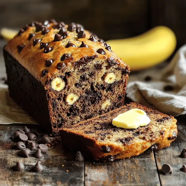 - 3 ripe bananas, mashed - 1/3 cup melted coconut oil - 1/2 cup brown sugar - 1/4 cup honey - 2 large eggs, beaten - 1 teaspoon vanilla extract To make banana bread, start with ripe bananas. They should be soft and brown. The riper they are, the sweeter your bread will taste. Next, use melted coconut oil. It adds moisture and a slight coconut flavor. For sweetness, mix brown sugar and honey. This combo gives a rich taste. Eggs and vanilla extract are also key. Eggs help bind the bread together. They also add richness and moisture. Vanilla adds a lovely aroma. - 1 teaspoon baking soda - Pinch of salt - 1 1/2 cups all-purpose flour - 1/2 teaspoon cinnamon (optional) Baking soda is a leavening agent. It helps the bread rise, making it fluffy. A pinch of salt balances the sweetness. All-purpose flour gives the bread structure. If you love spice, add cinnamon. It pairs well with banana and chocolate. - 1 cup dark chocolate chips - Nuts or seeds For an extra treat, fold in dark chocolate chips. They melt beautifully and add a rich flavor. You can also add nuts or seeds for crunch. Walnuts or pecans work well. They add texture and nutty flavors. For the full recipe, check out the [Full Recipe]. 1. Preheat oven and prepare the loaf pan First, set your oven to 350°F (175°C). Take a 9x5 inch loaf pan. Grease it with non-stick spray or line it with parchment paper. This helps the bread come out easily after baking. 2. Mix wet ingredients In a large bowl, mash the ripe bananas. Use a fork until smooth. Then, pour in the melted coconut oil. Mix well so the oil combines with the bananas. 1. Incorporate sweeteners and dry ingredients Next, add the brown sugar and honey into the banana mix. Stir until everything is blended. Beat in the eggs and vanilla extract. In another bowl, combine the baking soda, salt, and flour. If you want, add cinnamon here too. 2. Fold in optional ingredients Slowly add the dry mix to the wet mix. Stir gently until just combined. Be careful not to over-mix. Now fold in the dark chocolate chips. Make sure they spread evenly in the batter. 1. Pour batter and smooth the top Pour the batter into your prepared loaf pan. Use a spatula to smooth the top. This helps it bake evenly. 2. Baking time and checking for doneness Bake for 50-60 minutes. To check if it's done, insert a toothpick in the center. If it comes out clean, your bread is ready. Let it cool for about 10 minutes in the pan. Then, transfer it to a wire rack to cool completely. For the full recipe, refer to the section above to ensure every detail is followed for delicious results! To get the best texture in your chocolate chip banana bread, avoid over-mixing. Mix the wet and dry ingredients separately before combining them. When you mix them together, stir just until you see no more flour. This helps keep the bread soft and fluffy. Tweaking moisture levels is also key. If your bananas are small, you may need to add a bit more oil. A tablespoon or two of yogurt can add moisture too. Always check the batter; it should be thick but pourable. You can add more flavor to your bread. A pinch of nutmeg or a dash of vanilla can make a big difference. You might even try adding a bit of orange zest for a fresh twist. If you need to change ingredients for dietary needs, you can use maple syrup instead of honey. Swap regular flour for almond flour for a gluten-free option. Each change can lead to a new, tasty bread! Serving your chocolate chip banana bread can be fun. Slice it warm and add a pat of butter on top. You can also serve it with fresh fruit or whipped cream for a special treat. For garnishing, sprinkle some extra chocolate chips or chopped nuts on the top after baking. This gives it a nice look and adds texture. Try to arrange the slices on a colorful plate for a beautiful presentation. Feel free to explore the [Full Recipe] for more details on making this delightful treat! {{image_2}} You can make a yummy banana bread without chocolate. To do this, skip the chocolate chips. Replace them with nuts or dried fruit. You can use walnuts or raisins for added flavor. To keep it sweet, add an extra tablespoon of honey or sugar. You might also try pure maple syrup for a new taste. This bread will still be moist and full of banana flavor. If you need a gluten-free option, use almond flour or coconut flour. They work well and add a nice flavor. Use 2 cups of almond flour or 1 ½ cups of coconut flour. You might need to add a little more liquid. For a vegan version, swap the eggs for flax eggs. Mix 1 tablespoon of ground flaxseed with 3 tablespoons of water. Let it sit for a few minutes until it thickens. This will help bind the ingredients just like eggs. Seasonal fruits can add fun new flavors to your banana bread. In summer, try adding blueberries or strawberries. In fall, you can mix in chopped apples or pumpkin puree. If you have special occasions, add nuts like pecans or almonds for crunch. You can even sprinkle some cinnamon or nutmeg for a festive touch. This keeps your banana bread fresh and exciting! For the full recipe, check out the details above. To keep your chocolate chip banana bread fresh, try these tips: - Let the bread cool completely. - Wrap it tightly in plastic wrap. - Place it in an airtight container. These steps help keep moisture in and air out. You can also use a resealable bag. Just make sure to squeeze out the air before sealing. If you want to keep your banana bread longer, freezing is a great option. Here’s how to do it: - Slice the bread into pieces. - Wrap each slice in plastic wrap. - Place the wrapped slices in a freezer bag. To thaw, just take out a slice and leave it at room temperature. You can also use a microwave for quick thawing. For best results, eat it within three months. Chocolate chip banana bread stays fresh for a few days at room temperature. Here are the details: - At room temperature: 2-3 days. - In the fridge: up to a week. Storing in the fridge can dry it out, so only do this if you need to keep it longer. Enjoy your delicious bread at its best! You can find the full recipe [Full Recipe]. Yes, you can make banana bread without chocolate chips. If you want to change the flavor, try adding nuts or dried fruit. Walnuts and pecans work well. You can also use spices like cinnamon for warmth. Just remember, if you skip the chocolate, you might want to add a bit more sugar to keep it sweet. You can check if the banana bread is done by using a toothpick. Insert it into the center of the loaf. If it comes out clean, your bread is ready. You can also look for a golden-brown top. The edges should pull away from the pan slightly, showing it's baked well. While you can use green bananas, they won’t taste as sweet. Ripe bananas have that rich flavor we love in banana bread. If you can, let your bananas ripen until they turn brown. This way, they will add the best flavor and moisture to your bread. This chocolate chip banana bread recipe blends tasty ingredients and simple steps. We discussed essential items like ripe bananas, coconut oil, and sweeteners. You learned about mixing techniques to achieve a perfect texture and creative variations for dietary needs. In my experience, this recipe is a crowd-pleaser. With proper storage, your banana bread will stay fresh and delicious. Don't hesitate to explore different flavor options for a unique twist. Enjoy baking and sharing your banana bread!