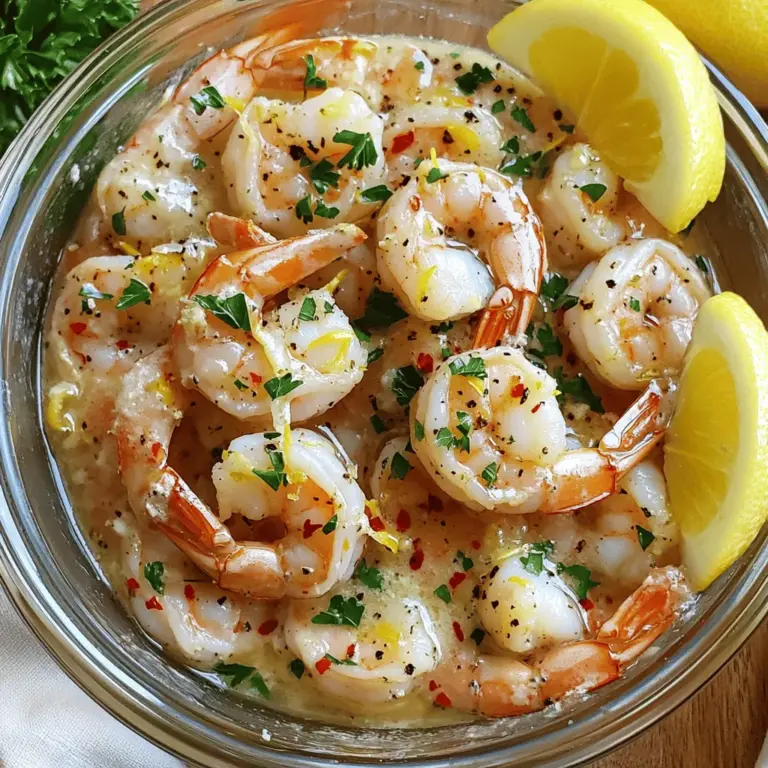 - 1 pound large shrimp, peeled and deveined - 4 tablespoons unsalted butter - 4 cloves garlic, minced - 1 teaspoon red pepper flakes (optional) - Zest and juice of 1 lemon - 1 tablespoon fresh parsley, chopped - Salt and pepper, to taste These ingredients come together for a simple, tasty dish. The main star, shrimp, should be fresh or well-thawed if frozen. The butter adds richness, while garlic gives it a strong flavor. If you like a little heat, the red pepper flakes are perfect. The lemon zest and juice brighten the dish, making it refreshing. Finally, fresh parsley not only adds color but also a burst of flavor. - Large skillet - Spatula - Measuring spoons - Zester or grater You only need a few tools for this recipe. A large skillet helps cook the shrimp evenly. A spatula is great for flipping the shrimp without breaking them. Measuring spoons will help you get the right amounts of butter and spices. A zester or grater is important for adding the lemon zest. With these tools, you will make the cooking process easier and more fun. For the full recipe, check [Full Recipe]. 1. First, take a large skillet and place it on the stove. 2. Melt 2 tablespoons of unsalted butter over medium heat. 3. Watch closely. You want it melted, not browned. 4. Once the butter melts, add 4 cloves of minced garlic. 5. Sauté the garlic for about 1 minute. It should smell great but not burn. 6. If you like heat, sprinkle in 1 teaspoon of red pepper flakes. Mix well. 1. Next, grab 1 pound of large shrimp, peeled and deveined. 2. Add the shrimp to the skillet in a single layer. 3. Season with salt and pepper to taste. Do this before cooking. 4. Cook the shrimp for 2-3 minutes without stirring. Let them sear nicely. 5. After that, flip the shrimp over gently. Cook for another 2 minutes. 6. They should turn pink and opaque, which means they’re done. 1. Now, reduce the heat to low. Add the remaining 2 tablespoons of butter. 2. Zest and juice 1 lemon, then add both to the skillet. 3. Stir until the butter is melted and coats the shrimp evenly. 4. Finally, remove from heat and stir in 1 tablespoon of chopped parsley. 5. Taste your dish and adjust salt and pepper as needed. For the full recipe, check the detailed instructions above. To achieve the perfect sear on shrimp, start with a hot skillet. Heat your skillet over medium-high heat before adding butter. Once the butter melts, it will help create a nice crust on the shrimp. Next, place the shrimp in a single layer. This ensures even cooking. Do not overcrowd the pan. If you have more shrimp, cook them in batches. Do not overcook the shrimp. They cook quickly, usually in 2-3 minutes per side. Look for a bright pink color. If they turn rubbery, you have cooked them too long. You can add extra flavor to your Lemon Garlic Butter Shrimp in many ways. Fresh herbs like basil or cilantro add a unique taste. You might also try adding a pinch of smoked paprika or cayenne pepper for some heat. For sides, consider serving this dish with rice, pasta, or a fresh salad. A glass of white wine pairs well too. The lemony flavors in the shrimp go nicely with a crisp Sauvignon Blanc or a light Pinot Grigio. For the full recipe, check out the details above. Enjoy your cooking! {{image_2}} You can switch up the shrimp for other seafood. Scallops or lobster tails work great too. Each will bring its own flavor to the dish. If you prefer a lighter meal, try using olive oil instead of butter. This change keeps the dish tasty while cutting some calories. Use the same cooking steps, and you'll still enjoy a delicious meal. For those who need gluten-free options, this dish is already safe. Just make sure your shrimp and other ingredients have no gluten. If you want a dairy-free version, swap out the butter for a plant-based alternative. Coconut oil can add a nice hint of flavor. Both changes maintain the dish's essence while catering to different diets. After you enjoy your Lemon Garlic Butter Shrimp, store any leftovers in an airtight container. This keeps the shrimp fresh and prevents them from drying out. Place the container in the fridge as soon as the shrimp cools down. They will stay good for about three days. If you want to keep them longer, consider freezing them. Just make sure to use a freezer-safe container. Frozen shrimp can last for up to three months. When you want to enjoy your leftover shrimp, reheating them well is key. You can use a skillet on low heat for the best results. This method helps keep the shrimp juicy and tasty. Simply add a bit of butter or oil to the pan. Heat until warm, stirring gently. You can also use the microwave, but be careful not to overcook them. Aim for a serving temperature of around 140°F (60°C). This ensures your shrimp tastes fresh and delicious, just like when you first made them. For the full recipe, check out the earlier section! Shrimp cooks quickly. It usually takes about 4 to 6 minutes. The exact time depends on the size of the shrimp. Large shrimp cook for about 2-3 minutes on each side. Cook until they turn pink and opaque. Overcooking makes shrimp tough. So, watch carefully! Yes, you can use frozen shrimp! Just remember to thaw them first. Place the shrimp in a bowl of cold water for about 15-20 minutes. You can also leave them in the fridge overnight. After thawing, pat them dry. This helps the shrimp sear better in the pan. This dish pairs well with many sides. Here are some great options: - Steamed rice for a filling meal - Fresh salad for a light contrast - Garlic bread to soak up the sauce - Roasted vegetables for added color and taste These sides complement the shrimp perfectly and add variety to your plate. Explore these options to create a well-rounded meal! For the full recipe, check out the details above. In this post, we covered how to make Lemon Garlic Butter Shrimp. You learned about key ingredients like shrimp, butter, and garlic. I shared step-by-step cooking instructions and tips for great flavor. You also discovered ways to modify the recipe based on your diet. Remember, cooking shrimp doesn’t have to be hard. Follow these steps, and you’ll impress everyone at the table. Enjoy your delicious meal and have fun experimenting with flavors!