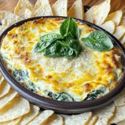 To make a great creamy spinach artichoke dip, you will need the following ingredients: - 1 cup fresh spinach, chopped - 1 cup canned artichoke hearts, drained and chopped - 1 cup cream cheese, softened - 1/2 cup sour cream - 1/2 cup mayonnaise - 1 cup shredded mozzarella cheese - 1/2 cup grated Parmesan cheese - 3 cloves garlic, minced - 1/2 teaspoon onion powder - 1/2 teaspoon red pepper flakes (optional) - Salt and pepper to taste - 1 tablespoon olive oil - Tortilla chips or sliced baguette for dipping You can tweak this recipe to match your taste or diet. Here are some ideas: - Vegan: Use vegan cream cheese and mayonnaise instead of dairy versions. - Low-Fat: Choose low-fat cream cheese and sour cream to cut calories. - Gluten-Free: Use gluten-free chips or veggies for dipping. Using fresh ingredients can enhance flavor and nutrition. Here are some benefits: - Fresh Spinach: It has a vibrant taste and more nutrients than canned. - Canned Artichokes: They are convenient but may lack some freshness. - Mixing: You can use a mix of both. This can give you a great flavor while saving time. Using fresh spinach and canned artichokes allows you to balance taste and ease. For the full recipe, check out the [Full Recipe]. 1. Preheat the oven: Start by setting your oven to 375°F (190°C). This will ensure it’s hot when your dip is ready to bake. 2. Heat olive oil: In a skillet, add 1 tablespoon of olive oil over medium heat. 3. Sauté garlic: Add 3 cloves of minced garlic to the skillet. Cook for about 1 minute. Watch closely to avoid burning. 4. Cook spinach: Toss in 1 cup of chopped fresh spinach. Cook for 2-3 minutes until it wilts. Remove the skillet from heat. 5. Mix the base: In a bowl, combine 1 cup of softened cream cheese, 1/2 cup of sour cream, and 1/2 cup of mayonnaise. Stir well until it’s smooth. 6. Add other ingredients: Mix in the sautéed spinach, 1 cup of canned artichoke hearts (drained and chopped), 1 cup of shredded mozzarella cheese, and 1/2 cup of grated Parmesan cheese. Add 1/2 teaspoon of onion powder, 1/2 teaspoon of red pepper flakes, salt, and pepper to taste. Blend everything until it's well combined. 7. Prepare for baking: Transfer the mix to a baking dish. Spread it evenly and smooth the top with a spatula. 1. Bake the dip: Place your baking dish in the preheated oven. Bake for 25-30 minutes. Look for a bubbly, golden top. 2. Cool before serving: Once baked, remove the dip from the oven. Let it cool for a few minutes before serving. This helps with the texture. - Presentation: Serve the dip right in the baking dish or transfer it to a shallow serving bowl. - Garnish: Sprinkle more grated Parmesan cheese on top and add some fresh spinach leaves for color. - Dipping options: Pair your dip with tortilla chips or sliced baguette. Arrange them around the dip for a nice look. For the complete recipe, see Creamy Spinach Artichoke Delight. Enjoy! To get a creamy texture, mix the cream cheese, sour cream, and mayonnaise well. Use room temperature cream cheese for easy blending. When cooking spinach, make sure to sauté it until just wilted. This keeps the dip from being watery. Adding grated Parmesan gives a rich flavor. Don't skip the garlic; it boosts taste! You can prepare this dip in advance. Mix all the ingredients and put them in a baking dish. Cover it tightly with plastic wrap or foil. Refrigerate it for up to two days. When ready to bake, remove the wrap and pop it in the oven. This saves time for parties! Serve the dip warm for the best flavor. Warm dip is creamy and gooey, perfect for dipping. However, if you let it cool to room temperature, it still tastes great. Just keep it covered to avoid drying out. I recommend pairing it with tortilla chips or sliced baguette for a fun crunch. Check out the Full Recipe to start your dip adventure! {{image_2}} You can change the flavor of your dip easily. Try adding sun-dried tomatoes for a sweet twist. Bacon bits give it a smoky kick. Fresh herbs like basil or parsley add brightness. You can also use roasted red peppers for a rich taste. Mix in some jalapeños for heat or switch the cheeses for a unique flavor. If you need a gluten-free dip, just check your labels. Most ingredients work well. For a dairy-free version, use vegan cream cheese and sour cream. You can make it low-carb by swapping out regular mayonnaise for a low-carb option. Always taste as you go to ensure the best flavor. Tortilla chips and baguette are classic choices, but you can get creative. Try fresh veggies like carrots and bell peppers. Pita chips or crackers work great too. If you want a crunchy option, use pretzel sticks. Each dipper adds its own fun twist to the creamy goodness. For the full recipe, check the details above. To store leftover dip, place it in an airtight container. Seal it tightly to keep out air. The dip stays fresh for about 3 to 5 days in the fridge. Before serving, check for any signs of spoilage, like off smells or changes in color. If you see or smell anything odd, it’s best to toss it. If you want to save the dip for later, freezing is a great option. Here’s how to do it: 1. Allow the dip to cool completely after baking. 2. Transfer it to a freezer-safe container. Leave some space at the top for expansion. 3. Seal the container tightly. You can also wrap it in plastic wrap for extra protection. 4. Label the container with the date. The dip can last for up to 3 months in the freezer. When you’re ready to enjoy it, move the dip to the fridge to thaw overnight before reheating. Reheating your dip correctly keeps its creamy texture. Here are the best methods: - Oven: Preheat your oven to 350°F (175°C). Place the dip in an oven-safe dish. Cover it with foil to prevent drying out. Heat for about 15-20 minutes or until warm. - Microwave: For a quicker option, use the microwave. Place the dip in a microwave-safe bowl. Heat in 30-second intervals, stirring in between, until warm. Remember, avoid overheating, as this can make the dip grainy. Enjoy your creamy spinach artichoke dip warm for the best taste! Creamy Spinach Artichoke Dip lasts about 3 to 5 days in the fridge. Store it in an airtight container. If you freeze it, it can last for about 2 months. Thaw it in the fridge before you heat it up. Yes, you can make this dip a day ahead. Just prepare it and store it in the fridge. When you're ready, bake it as directed. If it seems thick, add a splash of milk or cream before baking. To boost flavor, try adding these ingredients: - Fresh herbs like basil or parsley - A squeeze of lemon juice for brightness - A pinch of smoked paprika for a smoky taste - Crumbled feta cheese for a tangy kick - Cooked and chopped bacon for extra richness Feel free to mix and match to find your favorite flavor boost! For the full recipe, check the earlier section. This blog post covered how to make Creamy Spinach Artichoke Dip. We discussed ingredients, cooking steps, and tips for the best flavor. You can also adapt the recipe to fit your needs and dietary preferences. Remember to store any leftovers properly and enjoy them later. Whether you serve it warm or with suggested dippers, this dip is sure to impress. Now, it’s time for you to get cooking and create your own creamy masterpiece!