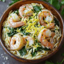 - 1 cup orzo pasta - 1 pound large shrimp, peeled and deveined - 3 tablespoons olive oil - 4 cloves garlic, minced - Zest and juice of 1 lemon - 1 teaspoon red pepper flakes (optional) - Salt and pepper to taste - 2 cups baby spinach - 1/4 cup parmesan cheese, grated - Fresh parsley, chopped for garnish When I cook Lemon Garlic Shrimp Orzo, I focus on fresh ingredients. The orzo pasta is the star, as it soaks up all the tasty flavors. I love using large shrimp, peeled and deveined, because they cook quickly and add a nice bite. Garlic brings depth and aroma to the dish. I always use fresh garlic, minced just before cooking. The zest and juice of a lemon give it a bright flavor. Red pepper flakes can add a kick if you like spice. Adjust the salt and pepper to your taste. The baby spinach adds color and nutrition. I finish the dish with grated parmesan cheese for creaminess. Finally, I sprinkle fresh parsley for a pop of freshness and color. - Large pot for boiling - Skillet - Measuring cups and spoons - Cooking utensils (spatula, tongs) - Colander Gather these tools before you start. A large pot helps boil the orzo, while a skillet is perfect for sautéing the shrimp. Measuring cups and spoons ensure accuracy. Use a colander for draining the orzo. By preparing everything, you save time and cook smoothly. Now, let’s dive into the full recipe! To start, bring a large pot of salted water to a boil. Add 1 cup of orzo pasta and cook it as the package directs. This usually takes around 8 to 10 minutes for a perfect al dente texture. Once done, drain the orzo and be sure to save 1/2 cup of that pasta water. This water has starch that will help our sauce later. Next, take a large skillet and heat 3 tablespoons of olive oil over medium heat. Once hot, add 1 pound of large shrimp. Lay them out in a single layer and sprinkle with salt, pepper, and red pepper flakes if you want a little kick. Cook each side for about 2 to 3 minutes. You want them to look pink and opaque. Once cooked, remove the shrimp and set them aside. In the same skillet, add the minced garlic. You need about 4 cloves for great flavor. Sauté the garlic for about 30 seconds until you can smell that lovely aroma. Then, stir in the zest and juice of 1 lemon. This adds a bright flavor. Pour in the reserved pasta water and mix it all together. Now it’s time to bring it all together. Add the cooked orzo to the skillet with the sauce. Then, toss in 2 cups of baby spinach. Stir everything well and cook until the spinach wilts down, which takes about 2 to 3 minutes. This step adds color and nutrients to your dish. Remove the skillet from heat. Mix in 1/4 cup of grated parmesan cheese until it melts and blends into the dish. Taste and adjust the seasoning with salt and pepper if needed. Finally, plate your Lemon Garlic Shrimp Orzo and garnish with fresh chopped parsley. Serve it right away for the best flavor experience. For a full recipe, check the details mentioned above. Cooking shrimp just right is key for this dish. You want them to turn pink without overcooking. Overcooked shrimp can become rubbery. Cook them for about 2-3 minutes on each side until they change color and look opaque. When choosing fresh shrimp, look for those with a mild sea scent. They should not smell strong or fishy. The shells should be firm and shiny. If you can, buy shrimp that are wild-caught. They often taste better than farmed shrimp. A creamy sauce makes this dish special. You can use the reserved pasta water to help with the sauce's texture. Just add it slowly until you reach the creaminess you like. It helps bind everything together. If you want to switch cheeses, try feta or goat cheese. They add a unique taste. You can also use nutritional yeast for a vegan option that still packs flavor. To make this dish pop, think about adding fresh herbs. Basil and dill work well here. Just chop them up and stir them in at the end. They add freshness and make the meal more vibrant. If you like spice, red pepper flakes are your friend. Add them to the shrimp while cooking for a nice kick. You can adjust the amount based on your taste. Start with a little, and add more if you want more heat. {{image_2}} You can easily add more veggies to this dish. Bell peppers, zucchini, or cherry tomatoes work well. Chop them into small pieces for even cooking. If you add hard veggies like carrots, cook them longer at the start. For softer ones, add them just before the spinach. This way, they stay bright and fresh. If you want a change, try chicken or tofu instead of shrimp. For chicken, cut it into bite-sized pieces and cook until golden brown. If using tofu, press it to remove water, then sauté until crisp. For other seafood, scallops are a great choice. Cook them for about 2-3 minutes on each side until they turn golden. To make this dish gluten-free, use gluten-free orzo or any gluten-free pasta. Quinoa or rice are good swaps too. Just adjust the cooking time based on the pasta you choose. You may need to add a bit more liquid for flavor, so taste as you go. This keeps your dish tasty and satisfying. For the full recipe, refer to the section above. To keep your Lemon Garlic Shrimp Orzo fresh, place it in a container. Use an airtight container to avoid moisture. You can refrigerate it for up to three days. For longer storage, freeze the dish for up to two months. Just make sure to cool it first. This helps keep the shrimp from getting tough. When you want to enjoy leftovers, use the stovetop. Heat it in a skillet on low. Add a splash of water or broth to keep it moist. Stir often to avoid sticking. You can also refresh the flavors by adding a bit of lemon juice or fresh parsley when reheating. In the fridge, Lemon Garlic Shrimp Orzo lasts about three days. In the freezer, it can stay good for two months. Look for signs of spoilage like an off smell or changed texture. If it looks dry or discolored, it’s best to throw it out. Yes, you can use frozen shrimp. Thaw them in the fridge overnight or under cold water. Cook them right after thawing to keep the best texture. This method keeps them juicy. Just remember to dry them well before cooking to avoid extra water in your dish. Yes, you can make Lemon Garlic Shrimp Orzo ahead of time. Prep the orzo and shrimp, then store them separately in the fridge. Combine them when you’re ready to eat. This keeps everything fresh. If you store it, heat it gently to avoid overcooking the shrimp. If you can’t find orzo, you have options. Try small pasta shapes like ditalini or or any grain like quinoa or couscous. These will work well and add different textures. Just make sure to adjust cooking times as needed. The spice level depends on the red pepper flakes. I recommend starting with a pinch. If you like heat, add more to taste. For milder flavors, skip the flakes. You can also add fresh herbs for extra flavor without heat. Absolutely! If you want a dairy-free dish, skip the cheese. Use nutritional yeast for a cheesy flavor. You can also add more lemon zest or herbs to boost the taste. This keeps the dish flavorful and satisfying without dairy. For the full recipe, check out the section above! This blog post explored a delicious Lemon Garlic Shrimp Orzo recipe. We covered the ingredients, kitchen tools, and step-by-step instructions needed to create this dish. You'll find tips for cooking shrimp perfectly, enhancing flavors, and even making variations to suit your taste. Incorporating these insights will help you prepare a tasty meal. Enjoy the cooking process, experiment with flavors, and make this dish your own!