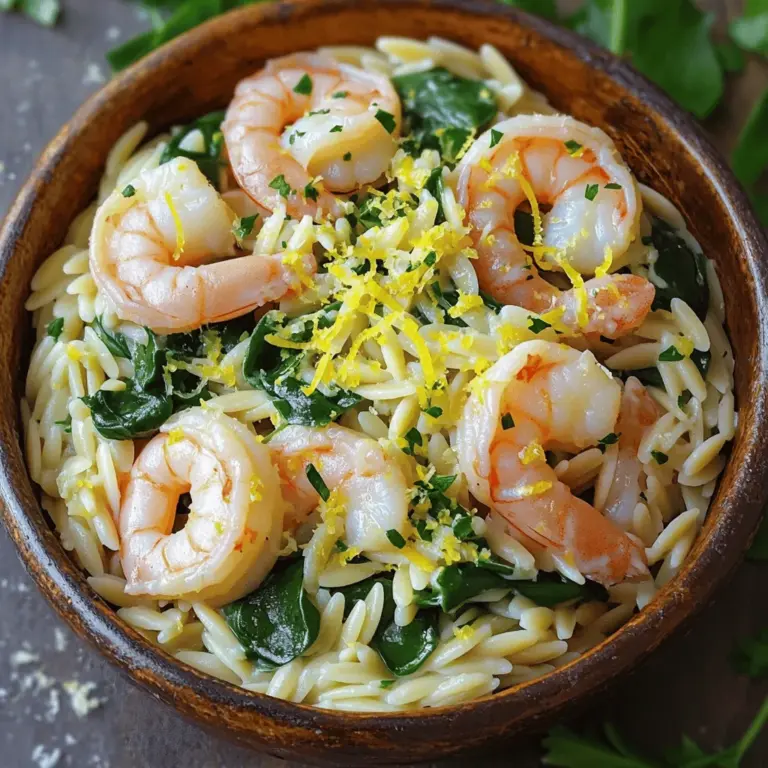 - 1 cup orzo pasta - 1 pound large shrimp, peeled and deveined - 3 tablespoons olive oil - 4 cloves garlic, minced - Zest and juice of 1 lemon - 1 teaspoon red pepper flakes (optional) - Salt and pepper to taste - 2 cups baby spinach - 1/4 cup parmesan cheese, grated - Fresh parsley, chopped for garnish When I cook Lemon Garlic Shrimp Orzo, I focus on fresh ingredients. The orzo pasta is the star, as it soaks up all the tasty flavors. I love using large shrimp, peeled and deveined, because they cook quickly and add a nice bite. Garlic brings depth and aroma to the dish. I always use fresh garlic, minced just before cooking. The zest and juice of a lemon give it a bright flavor. Red pepper flakes can add a kick if you like spice. Adjust the salt and pepper to your taste. The baby spinach adds color and nutrition. I finish the dish with grated parmesan cheese for creaminess. Finally, I sprinkle fresh parsley for a pop of freshness and color. - Large pot for boiling - Skillet - Measuring cups and spoons - Cooking utensils (spatula, tongs) - Colander Gather these tools before you start. A large pot helps boil the orzo, while a skillet is perfect for sautéing the shrimp. Measuring cups and spoons ensure accuracy. Use a colander for draining the orzo. By preparing everything, you save time and cook smoothly. Now, let’s dive into the full recipe! To start, bring a large pot of salted water to a boil. Add 1 cup of orzo pasta and cook it as the package directs. This usually takes around 8 to 10 minutes for a perfect al dente texture. Once done, drain the orzo and be sure to save 1/2 cup of that pasta water. This water has starch that will help our sauce later. Next, take a large skillet and heat 3 tablespoons of olive oil over medium heat. Once hot, add 1 pound of large shrimp. Lay them out in a single layer and sprinkle with salt, pepper, and red pepper flakes if you want a little kick. Cook each side for about 2 to 3 minutes. You want them to look pink and opaque. Once cooked, remove the shrimp and set them aside. In the same skillet, add the minced garlic. You need about 4 cloves for great flavor. Sauté the garlic for about 30 seconds until you can smell that lovely aroma. Then, stir in the zest and juice of 1 lemon. This adds a bright flavor. Pour in the reserved pasta water and mix it all together. Now it’s time to bring it all together. Add the cooked orzo to the skillet with the sauce. Then, toss in 2 cups of baby spinach. Stir everything well and cook until the spinach wilts down, which takes about 2 to 3 minutes. This step adds color and nutrients to your dish. Remove the skillet from heat. Mix in 1/4 cup of grated parmesan cheese until it melts and blends into the dish. Taste and adjust the seasoning with salt and pepper if needed. Finally, plate your Lemon Garlic Shrimp Orzo and garnish with fresh chopped parsley. Serve it right away for the best flavor experience. For a full recipe, check the details mentioned above. Cooking shrimp just right is key for this dish. You want them to turn pink without overcooking. Overcooked shrimp can become rubbery. Cook them for about 2-3 minutes on each side until they change color and look opaque. When choosing fresh shrimp, look for those with a mild sea scent. They should not smell strong or fishy. The shells should be firm and shiny. If you can, buy shrimp that are wild-caught. They often taste better than farmed shrimp. A creamy sauce makes this dish special. You can use the reserved pasta water to help with the sauce's texture. Just add it slowly until you reach the creaminess you like. It helps bind everything together. If you want to switch cheeses, try feta or goat cheese. They add a unique taste. You can also use nutritional yeast for a vegan option that still packs flavor. To make this dish pop, think about adding fresh herbs. Basil and dill work well here. Just chop them up and stir them in at the end. They add freshness and make the meal more vibrant. If you like spice, red pepper flakes are your friend. Add them to the shrimp while cooking for a nice kick. You can adjust the amount based on your taste. Start with a little, and add more if you want more heat. {{image_2}} You can easily add more veggies to this dish. Bell peppers, zucchini, or cherry tomatoes work well. Chop them into small pieces for even cooking. If you add hard veggies like carrots, cook them longer at the start. For softer ones, add them just before the spinach. This way, they stay bright and fresh. If you want a change, try chicken or tofu instead of shrimp. For chicken, cut it into bite-sized pieces and cook until golden brown. If using tofu, press it to remove water, then sauté until crisp. For other seafood, scallops are a great choice. Cook them for about 2-3 minutes on each side until they turn golden. To make this dish gluten-free, use gluten-free orzo or any gluten-free pasta. Quinoa or rice are good swaps too. Just adjust the cooking time based on the pasta you choose. You may need to add a bit more liquid for flavor, so taste as you go. This keeps your dish tasty and satisfying. For the full recipe, refer to the section above. To keep your Lemon Garlic Shrimp Orzo fresh, place it in a container. Use an airtight container to avoid moisture. You can refrigerate it for up to three days. For longer storage, freeze the dish for up to two months. Just make sure to cool it first. This helps keep the shrimp from getting tough. When you want to enjoy leftovers, use the stovetop. Heat it in a skillet on low. Add a splash of water or broth to keep it moist. Stir often to avoid sticking. You can also refresh the flavors by adding a bit of lemon juice or fresh parsley when reheating. In the fridge, Lemon Garlic Shrimp Orzo lasts about three days. In the freezer, it can stay good for two months. Look for signs of spoilage like an off smell or changed texture. If it looks dry or discolored, it’s best to throw it out. Yes, you can use frozen shrimp. Thaw them in the fridge overnight or under cold water. Cook them right after thawing to keep the best texture. This method keeps them juicy. Just remember to dry them well before cooking to avoid extra water in your dish. Yes, you can make Lemon Garlic Shrimp Orzo ahead of time. Prep the orzo and shrimp, then store them separately in the fridge. Combine them when you’re ready to eat. This keeps everything fresh. If you store it, heat it gently to avoid overcooking the shrimp. If you can’t find orzo, you have options. Try small pasta shapes like ditalini or or any grain like quinoa or couscous. These will work well and add different textures. Just make sure to adjust cooking times as needed. The spice level depends on the red pepper flakes. I recommend starting with a pinch. If you like heat, add more to taste. For milder flavors, skip the flakes. You can also add fresh herbs for extra flavor without heat. Absolutely! If you want a dairy-free dish, skip the cheese. Use nutritional yeast for a cheesy flavor. You can also add more lemon zest or herbs to boost the taste. This keeps the dish flavorful and satisfying without dairy. For the full recipe, check out the section above! This blog post explored a delicious Lemon Garlic Shrimp Orzo recipe. We covered the ingredients, kitchen tools, and step-by-step instructions needed to create this dish. You'll find tips for cooking shrimp perfectly, enhancing flavors, and even making variations to suit your taste. Incorporating these insights will help you prepare a tasty meal. Enjoy the cooking process, experiment with flavors, and make this dish your own!