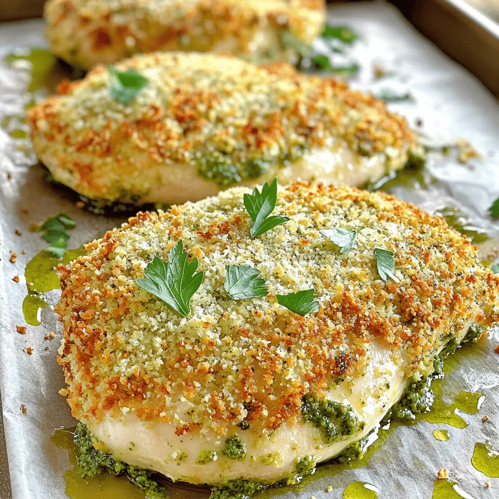 - 4 boneless, skinless chicken breasts - 1 cup grated Parmesan cheese - 1/2 cup breadcrumbs (preferably whole wheat) - 1/4 cup fresh basil pesto - 2 cloves garlic, minced - 1 teaspoon dried oregano - Salt and pepper to taste - 2 tablespoons olive oil - 1/4 cup chopped fresh parsley for garnish (optional) When choosing chicken breasts, look for ones that are firm and pink. They should not have any dark spots. For cheese, grated Parmesan gives a sharp taste. You can also use Pecorino Romano for a stronger flavor. If you want a lighter option, try using nutritional yeast. Breadcrumbs are key for that crunchy crust. Whole wheat breadcrumbs add a nutty flavor and extra fiber. You can also use panko for extra crispiness. Fresh herbs like basil and parsley really boost the flavor. Garlic adds depth and aroma. You can also use thyme or rosemary for a different taste. For a kick, consider adding red pepper flakes. Optional ingredients like lemon zest can enhance the dish. You could try different pestos, like sun-dried tomato or spinach. These add unique flavors and color. Fresh parsley makes a great garnish. It adds color and freshness. You can also use basil leaves for an herbal touch. For sauces, a simple lemon butter sauce pairs well. You can also serve it with marinara for a classic twist. This adds moisture and flavor to your meal. For the full recipe, check out Parmesan-Pesto Crusted Chicken . First, preheat your oven to 400°F (200°C). This step is key for even cooking. Next, line a baking sheet with parchment paper. This prevents sticking and makes cleanup easy. Now, let’s mix the breadcrumb coating. In a shallow bowl, combine: - 1 cup grated Parmesan cheese - 1/2 cup breadcrumbs (preferably whole wheat) - 2 cloves garlic, minced - 1 teaspoon dried oregano - Salt and pepper to taste Mix these ingredients well to ensure a tasty crust. Before coating the chicken, season each breast with salt and pepper on both sides. This adds flavor inside the meat. Now, spread a generous layer of basil pesto over the top of each chicken breast. Make sure it covers well. Next, press each chicken breast into the Parmesan breadcrumb mixture. Coat the pesto side thoroughly. This creates a nice crust when cooked. In a large oven-safe skillet, heat 2 tablespoons of olive oil over medium heat. Once hot, add the coated chicken breasts, crust side down. Cook them for about 3-4 minutes until they turn golden brown. This step adds flavor and texture. After pan-searing, carefully flip the chicken breasts over. Now, transfer the skillet to your preheated oven. Bake for an additional 15-20 minutes. Check for doneness, ensuring the internal temperature reaches 165°F (74°C). This step is vital for safety. Once done, remove the skillet from the oven. Let the chicken rest for a few minutes before serving. Garnish with fresh parsley for a nice touch. For the full recipe, refer to the complete guide. To get a great crust on your chicken, focus on coating techniques. First, press the chicken into the breadcrumb mixture firmly. This helps the crumbs stick better. You want that crunch! For chicken breasts, cook them for about 3-4 minutes on the stove. Then, finish baking for 15-20 minutes in the oven. This method keeps the crust crisp while the chicken cooks through. To keep your chicken juicy, avoid overcooking it. Use a meat thermometer to check the internal temperature. Aim for 165°F (74°C). This ensures it’s safe and moist. Let the chicken rest for a few minutes after cooking. This helps retain juices, making each bite tender and flavorful. Pair your Parmesan crusted chicken with fresh sides. Steamed broccoli or a light salad works well. You can also serve it with roasted potatoes for heartiness. For plating, place the chicken on a colorful plate and add a sprinkle of parsley. This adds a nice touch and looks great! Want to explore more? Check out the Full Recipe for more tips on perfecting this dish. {{image_2}} You can change the flavor of Parmesan crusted chicken easily. Try using different pestos. Sun-dried tomato pesto gives a sweet twist. Spinach pesto adds a fresh taste. Mixing herbs also works well. Try rosemary or thyme for a new flavor. Grilling is a great choice if you want a smoky flavor. Simply season the chicken and grill it for about six to eight minutes per side. Baking is simple and hands-off. Just follow the full recipe for perfect results. You can also use an air fryer. Set it to 375°F (190°C) and cook for about 12 to 15 minutes. This method gives a crispy texture with less oil. If you need gluten-free options, use gluten-free breadcrumbs. They work just as well for the crust. For dairy-free needs, look for cheese made from nuts or soy. These choices can still give you a tasty dish without dairy. After you enjoy your Parmesan Crusted Chicken, store the leftovers well. First, let the chicken cool down to room temperature. This helps keep it fresh. Next, place the chicken in an airtight container. Glass or plastic containers work great. Make sure to seal them tightly to lock in moisture and flavor. When it’s time to eat your leftovers, reheating is key. I recommend using an oven for the best results. Preheat it to 350°F (175°C). Place the chicken on a baking sheet. Heat for about 15-20 minutes until warm. If you want a crispy crust, cover the chicken with foil for the first half. Then, remove the foil for the last few minutes to crisp it up. Yes, you can freeze Parmesan Crusted Chicken! Wrap each piece in plastic wrap, then place it in a freezer bag. This keeps the chicken fresh for about three months. When you’re ready to eat it, thaw it in the fridge overnight. For cooking from frozen, bake it at 375°F (190°C) for 30-35 minutes. Always check that the internal temperature reaches 165°F (74°C) for safe eating. Parmesan crusted chicken takes about 40 minutes from start to finish. You spend 15 minutes prepping the chicken. Cooking takes an additional 25 minutes. You bake it for 15 to 20 minutes in the oven. Make sure the chicken reaches 165°F (74°C) inside. Yes, you can prep this dish ahead of time. Coat the chicken with pesto and breadcrumbs. Cover it tightly and store it in the fridge. This way, you can save time later. It tastes great even after a night in the fridge. Just bake it when you are ready to eat! You can serve this chicken with many tasty sides. Here are some ideas: - Roasted vegetables like carrots and broccoli - Creamy mashed potatoes or garlic mashed cauliflower - A fresh green salad with lemon vinaigrette - Quinoa or rice for a filling option - Steamed asparagus or green beans for a crunch Pairing these sides will make your meal even better. Enjoy your delicious creation! This blog covered all you need for making Parmesan Crusted Chicken. We discussed the right ingredients, seasoning, and garnishing to make your dish shine. I provided step-by-step cooking tips for a perfect crust and offered variations to suit different tastes. If you store and reheat properly, you can enjoy this meal later too. Keep these tips in mind, and you’ll impress family and friends. Cooking can be fun and easy with the right tools and knowledge. Enjoy your delicious creation!