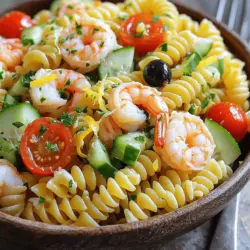 To make this seafood pasta salad, gather these fresh ingredients: - 8 oz fusilli pasta or any pasta of choice - 1 cup cooked shrimp, deveined and tails removed - 1 cup lump crab meat (fresh or canned, drained) - 1 cup cherry tomatoes, halved - 1/2 cup diced cucumber - 1/4 cup red onion, finely chopped - 1/4 cup black olives, sliced - 3 tablespoons capers, rinsed - 1/4 cup fresh parsley, chopped - 1 lemon, zested and juiced - 3 tablespoons olive oil - Salt and pepper to taste You can make this salad even better with these optional add-ins: - 1 avocado, diced - 1/2 cup corn, fresh or frozen - 1/2 cup bell peppers, diced - A pinch of red pepper flakes for heat - Feta cheese, crumbled These add-ins can enhance flavor and texture. Choose what you like best! For this dish, you can use various kinds of seafood. Here are some popular options: - Scallops, cooked and sliced - Lobster, cooked and chopped - Cooked mussels or clams - Smoked salmon, shredded Feel free to mix and match your seafood. This adds your unique touch to the dish. Enjoy creating your own version of this seafood pasta salad! For the full recipe, check out the details above. Start by boiling a large pot of salted water. Add 8 oz of fusilli pasta. Cook it until al dente, about 8 to 10 minutes. After cooking, drain the pasta and rinse it under cold water. This stops the cooking and keeps the pasta firm. Now, set the pasta aside while you prepare the other ingredients. In a large mixing bowl, add the cooled pasta. Then, mix in 1 cup of cooked shrimp and 1 cup of lump crab meat. Next, toss in 1 cup of halved cherry tomatoes, 1/2 cup of diced cucumber, and 1/4 cup of finely chopped red onion. Add 1/4 cup of sliced black olives and 3 tablespoons of rinsed capers. Finally, sprinkle in 1/4 cup of chopped fresh parsley. Stir everything gently until well combined. In a small bowl, whisk together the juice and zest of 1 lemon with 3 tablespoons of olive oil. Add salt and pepper to taste. Mix until everything is combined. This dressing brings all flavors together. - Mixing and Chilling Pour the dressing over the seafood pasta salad. Gently toss everything again until the pasta and seafood are fully coated. Taste the salad and adjust the seasoning if needed. Cover the bowl and chill it in the fridge for at least 30 minutes. This lets the flavors blend. Serve the salad chilled or at room temperature. For an extra touch, garnish with more parsley. Enjoy this fresh and flavorful dish, inspired by my love for seafood and pasta. For the full recipe, check the details above! To get the best pasta, follow a few simple steps. Start with a large pot of water and add salt. The water should taste like the sea. Boil the water before adding the pasta. Cook the pasta until it is al dente, which means it should have a slight bite. This keeps the pasta from getting mushy when mixed. After cooking, drain and rinse the pasta under cold water. This stops the cooking process and helps keep it firm. To boost the flavor of your seafood pasta salad, use fresh herbs and spices. Fresh parsley adds a bright taste. You can also try adding basil or dill for more depth. A squeeze of lemon juice gives a nice tang. For a spicy kick, add red pepper flakes. If you want a creamier texture, you can mix in some Greek yogurt or sour cream. These small changes can make a big difference. Serve your seafood pasta salad cold or at room temperature. It’s great for picnics or parties. For a fancy touch, serve it on a bed of leafy greens. You can also add slices of lemon or lime on the side for garnish. Pair it with crusty bread or a light white wine for a complete meal. Don't forget to chill the salad for at least 30 minutes before serving. This helps all the flavors blend together beautifully. For the full recipe, check out Ocean Breeze Seafood Pasta Salad. {{image_2}} You can switch up the seafood in your pasta salad. Try adding scallops or mussels for a new twist. You can also use cooked lobster or even canned tuna. These choices add unique flavors and textures. Each seafood option pairs well with the salad's fresh ingredients. If you prefer a vegetarian dish, skip the seafood. Add more veggies instead. Bell peppers, artichokes, or avocados make great substitutes. You can also include chickpeas for protein. This way, you keep the salad filling and tasty. You can play with the dressing to change the flavor. Instead of lemon, try lime or orange juice. A dash of balsamic vinegar can add a sweet kick. For a creamier option, mix in some Greek yogurt. Each dressing choice brings a new taste to your salad. For the full recipe, check out the Ocean Breeze Seafood Pasta Salad. To keep your seafood pasta salad fresh, store it in an airtight container. This helps prevent air from spoiling your dish. Place the salad in the fridge right after serving. It stays tasty for about three days. If you're using fresh seafood, try to eat it sooner. I don't recommend freezing seafood pasta salad. The texture changes when thawed. The pasta may become mushy, and seafood can lose its taste. If you must freeze it, do so without the dressing. Store the salad and dressing in separate containers. This way, you can enjoy the salad fresh after thawing. If you have leftovers, enjoy them cold or at room temperature. If you prefer to heat it, do so gently. Place the salad in a pan on low heat. Stir often until heated through. Avoid overheating, as it can ruin the seafood and pasta's texture. For best flavor, add fresh herbs or a splash of lemon juice right before serving. To keep pasta from getting mushy, cook it until it is al dente. This means it should still have a slight bite. After cooking, drain and rinse the pasta under cold water. This stops the cooking process and helps maintain its texture. You can also toss the pasta with a little olive oil to prevent sticking. Yes, you can make this salad ahead of time. In fact, it tastes even better after chilling for a few hours. Just mix all the ingredients and dress the salad. Cover it well and place it in the fridge. You can add many vegetables! Consider adding bell peppers, radishes, or zucchini. These add color and crunch. You can also try adding corn or asparagus for a fresh twist. Feel free to mix and match based on your taste. - Is this recipe suitable for meal prep? Absolutely! This seafood pasta salad works great for meal prep. It stores well in the fridge for up to three days. Just keep the dressing separate if you want to maintain the best texture. When ready to eat, combine everything and enjoy! For the full recipe, check out the Ocean Breeze Seafood Pasta Salad. This blog post covered every step for making a great pasta salad, from choosing ingredients to storage tips. We looked at seafood options and some tasty add-ins. I shared how to cook perfect pasta and make a flavorful dressing. Remember, you can mix and match ingredients for fun variations. Store your salad well, and it will stay fresh. With these tips, you can enjoy a delicious pasta salad any time. Happy cooking!