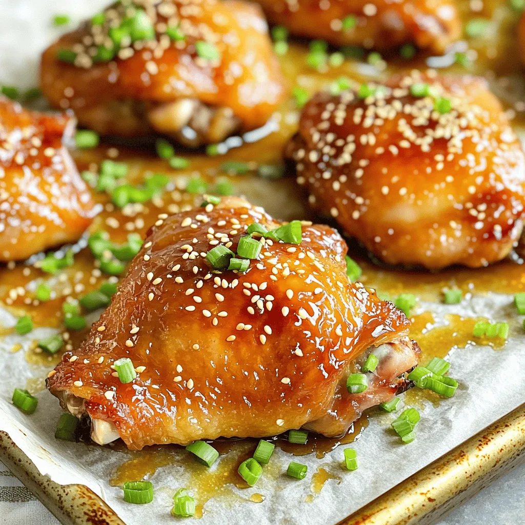 - Chicken thighs (500g, boneless and skinless) - Honey (1/3 cup) - Soy sauce (1/4 cup) To make sticky honey chicken, start with chicken thighs. I prefer thighs for their juicy flavor. Next, use honey to add that sweet touch. The soy sauce gives the dish a nice umami kick. Together, these main ingredients create a rich base for the chicken. - Minced garlic (2 cloves) - Grated ginger (1 teaspoon) - Red pepper flakes (1/4 teaspoon, optional for heat) Aromatics bring the dish to life. I always use fresh garlic and ginger. They add warmth and depth to the sauce. If you like heat, add red pepper flakes. This small touch brings a bit of spice without overpowering the sweetness. - Apple cider vinegar (2 tablespoons) - Sesame oil (1 tablespoon) - Sesame seeds and chopped green onions for garnish Apple cider vinegar balances the sweetness. It adds a slight tang that brightens the dish. Sesame oil brings a nutty flavor that rounds out the taste. For garnish, sesame seeds and green onions add crunch and color. These little details make your dish look and taste amazing. For the full recipe, check out the detailed steps to create this delightful meal. Start by mixing the marinade. In a large bowl, combine honey, soy sauce, apple cider vinegar, minced garlic, grated ginger, sesame oil, and red pepper flakes. Stir well to blend the flavors. Next, add the chicken thighs to the bowl. Make sure each piece is fully coated with the marinade. Cover the bowl and put it in the fridge. I recommend marinating for at least 30 minutes. For even more flavor, you can marinate for up to 2 hours. While your chicken marinates, it's time to prep the oven. Preheat it to 200°C (400°F). This ensures even cooking. Then, line a baking sheet with parchment paper or lightly grease it. This step helps with easy cleanup later. Once ready, remove the chicken from the fridge and place the thighs on the lined baking sheet. Don’t forget to save the leftover marinade in a small saucepan for later. Now it's time to bake! Place the baking sheet in the oven. Bake the chicken for 20 to 25 minutes. You want the chicken to reach an internal temperature of 75°C (165°F). This ensures it is safe to eat and fully cooked. While the chicken bakes, prepare the glaze. Pour the reserved marinade into the saucepan and bring it to a boil over medium heat. Once it boils, reduce the heat and let it simmer for about 5 to 7 minutes. You want it to thicken slightly. After the chicken is done baking, take it out of the oven. Brush the thickened glaze over each piece, coating them well. Return the chicken to the oven for another 5 minutes. This lets the glaze set and caramelize, adding that delicious sticky finish. For the full recipe, check below. For the best flavor, marinate your chicken thighs well. Use a bowl big enough to hold the chicken and marinade. Mix your marinade ingredients in the bowl first. Then, add the chicken. Make sure each piece is covered. Cover the bowl and place it in the fridge. Marinate for at least 30 minutes, but 2 hours gives a stronger taste. To check doneness, use a meat thermometer. The chicken should reach 75°C (165°F). If you don’t have a thermometer, cut into a thigh. The meat should be white, and juices should run clear. To thicken your marinade, boil it in a saucepan. This brings out flavors and reduces the liquid. Simmer it for 5-7 minutes until it thickens slightly. If you want alternatives for glazing, try using a brush to apply the glaze. You can also dip the chicken in the glaze before serving. This makes each bite extra tasty. Sticky honey chicken pairs well with rice or steamed veggies. You can also serve it with a fresh salad for a bright touch. For creative serving ideas, try plating the chicken on a bed of rice. Drizzle extra glaze over the top. Add a sprinkle of sesame seeds and chopped green onions for a pop of color. This makes for a beautiful and tasty dish that impresses everyone! {{image_2}} You can change the proteins in this dish. Try tofu or shrimp instead of chicken. Both options add unique flavors. Tofu absorbs the sauce well, making it tasty. Shrimp cooks fast and adds a nice texture. For sweeteners, honey is great, but you can swap it out. Maple syrup or agave syrup works well too. They give a slightly different taste but still sweeten the dish nicely. Want to jazz it up? Add fruits like pineapple or orange. Pineapple brings a tropical twist, while orange adds a nice zing. Both fruits balance the sweetness of the honey. If you like spice, change up the peppers. Use jalapeños for a kick or bell peppers for a milder taste. Adjusting spice levels can make this dish your own. You can grill or bake the chicken. Grilling gives a smoky flavor and nice char. However, baking is easier for busy cooks. It keeps the chicken juicy and tender while being hands-off. For slow cooks, this recipe adapts well. Just place the marinated chicken in a slow cooker. Cook on low for 4-6 hours. This method makes the chicken super tender and full of flavor. Check the [Full Recipe] for exact cooking times and techniques. To store your sticky honey chicken leftovers safely, place them in an airtight container. Make sure to cool the chicken to room temperature before sealing. This helps keep it fresh. You can store it in the fridge for up to three days. When reheating, I recommend using the oven for the best results. Preheat it to 180°C (350°F). Place the chicken on a baking sheet and cover it with foil. This keeps the chicken moist. Heat for about 10-15 minutes until warm. If you use a microwave, cover the chicken with a damp paper towel. Heat in short bursts, checking often to avoid drying it out. You can freeze sticky honey chicken for future meals. Cut it into portions and place them in freezer bags. Squeeze out the air to prevent freezer burn. It can last for up to three months in the freezer. To thaw, move it to the fridge for a few hours or overnight. This keeps the taste and texture intact. You can pair sticky honey chicken with many tasty sides. Here are some ideas: - Steamed broccoli or green beans - Fluffy white rice or jasmine rice - Roasted or stir-fried vegetables - A fresh garden salad with light dressing - Crispy coleslaw for a crunchy contrast These sides balance the sweet and savory flavors of the chicken. They also add color and nutrition to your plate. Yes, you can make sticky honey chicken ahead of time. It’s great for meal prep! Here are some tips: - Marinate the chicken the night before. This boosts flavor. - Cook the chicken and store it in the fridge for up to three days. - Reheat it gently in the oven for best results. Planning this meal ahead saves time on busy days. You can enjoy it fresh and hot whenever you like. If you want to feed more people, scaling the recipe is easy. Just follow these steps: - Double or triple the amount of chicken. Keep the same ratio of marinade. - Use more honey, soy sauce, and other ingredients in equal parts. - Adjust baking time if you use larger pieces of chicken. This way, you won't lose any flavor. Everyone will enjoy a delicious meal! For the full recipe, check out the Sticky Honey Chicken recipe above. You now understand how to make sticky honey chicken with great flavor and texture. Start with the right ingredients and follow the steps for marinating, baking, and glazing. Use the tips provided to perfect your dish. Remember, you can easily adapt this recipe with different proteins or flavors. Finally, safely store leftovers for later enjoyment. Enjoy your cooking, and share this recipe with friends. Happy eating!