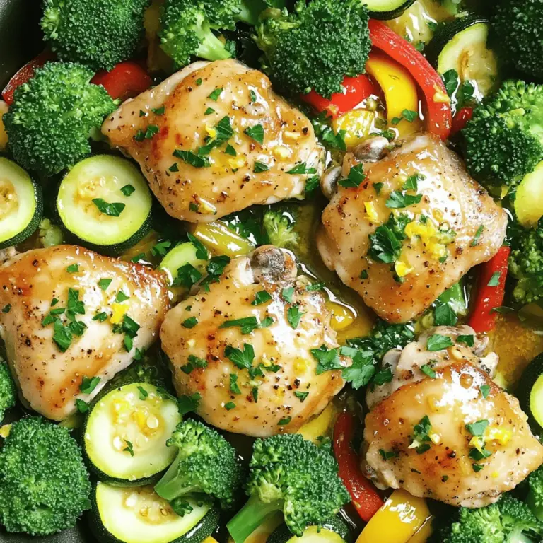 To make One-Pan Lemon Garlic Chicken and Veggies, you'll need fresh and simple ingredients. Here’s what to gather: - 4 boneless, skinless chicken thighs - 1 tablespoon olive oil - 4 cloves garlic, minced - 1 lemon, zest and juice - 1 teaspoon dried oregano - 1 teaspoon paprika - Salt and pepper to taste - 2 cups broccoli florets - 1 red bell pepper, sliced - 1 medium zucchini, sliced - Fresh parsley, chopped (for garnish) Each ingredient adds flavor and nutrition to this dish. The chicken thighs bring protein, while the veggies add color and crunch. The lemon and garlic create a bright, zesty taste that makes this meal special. You can find the Full Recipe above for detailed steps. Enjoy the cooking process! 1. Preheating the Oven First, you need to preheat your oven to 400°F (200°C). This ensures even cooking. 2. Creating the Marinade In a large bowl, mix together one tablespoon of olive oil, four minced garlic cloves, lemon zest, lemon juice, one teaspoon of dried oregano, one teaspoon of paprika, salt, and pepper. This marinade adds great flavor. 3. Marinating the Chicken Add four boneless, skinless chicken thighs to the bowl. Make sure each piece is coated well in the marinade. Let them sit for about 15-20 minutes. If you have more time, let them marinate longer for extra flavor. 4. Preparing the Vegetables While the chicken marinates, prepare the veggies. Toss two cups of broccoli florets, one sliced red bell pepper, and one sliced zucchini with a bit of olive oil, salt, and pepper in another bowl. This step makes the veggies tasty and bright. 1. Arranging Ingredients in Skillet In a large oven-safe skillet or baking dish, place the marinated chicken thighs in the center. Surround them with the prepared vegetables. The colors will look beautiful together. 2. Pouring Over Remaining Marinade Pour any leftover marinade over the chicken and veggies. This adds more flavor and moisture while they cook. 3. Baking Time and Temperature Bake everything in the preheated oven for 25-30 minutes. Your chicken should reach an internal temperature of 165°F (75°C), and the veggies should be tender. Use a meat thermometer to check. 1. Resting the Dish Once done, take the dish out of the oven. Let it rest for about 5 minutes. This helps the juices settle and keeps the chicken moist. 2. Garnishing with Parsley Finally, sprinkle freshly chopped parsley on top before serving. This adds a pop of color and fresh flavor. Enjoy your one-pan lemon garlic chicken and veggies! You can find the Full Recipe for more details. Best Time to Marinate For the best flavor, marinate your chicken for at least 15-20 minutes. If you can, let it sit longer. Up to two hours will deepen the taste. Keep it in the fridge while it marinates. Adjusting Seasonings Taste your marinade! You can add more lemon juice for brightness. If you like it spicy, add a pinch of cayenne. Remember, balance is key. Use salt and pepper to enhance flavors. Ensuring Chicken Doesn’t Dry Out To keep your chicken juicy, don’t overbake it. Use a meat thermometer; cook until it reaches 165°F. Let the chicken rest for 5 minutes after baking. This helps the juices stay inside. Achieving Perfectly Cooked Veggies Cut veggies into similar sizes. This helps them cook evenly. Don’t overcrowd the pan. If they are too close, they’ll steam instead of roast. Aim for a slight char for extra flavor. Pairing Ideas for Sides Serve your chicken and veggies with rice or quinoa. A fresh salad pairs well, too. You could also offer crusty bread to soak up the juices. These sides will round out the meal nicely. Best Drinks to Accompany the Meal A chilled glass of white wine works wonders here. Lemonade is a great non-alcoholic choice. Sparkling water with a slice of lemon also refreshes the palate. Enjoy your meal with these delightful drinks! {{image_2}} Different Protein Options You can change the chicken in this dish. Try chicken breasts, drumsticks, or even turkey. For a meatless option, use firm tofu or chickpeas. These swaps keep the meal tasty and fun. Vegetable Alternatives Feel free to mix in different veggies. Carrots, green beans, or asparagus work great. You can even add potatoes for a heartier dish. Just remember to cut them to a similar size for even cooking. Adding Spices or Herbs Want to boost the flavor? Add fresh herbs like thyme or rosemary. A pinch of red pepper flakes can also give it a nice kick. Experiment with spices like cumin or coriander for new tastes. Incorporating Other Citrus Fruits Lemon is fantastic, but you can also use lime or orange. These fruits add a different twist. Just remember to adjust the zest and juice amounts for balance. Stovetop Cooking You can easily make this dish on the stovetop. Just heat a skillet over medium heat. Cook the chicken for about 6-7 minutes per side, then add the veggies. Cover and cook until everything is tender. Grill Instructions Grilling adds a smoky flavor. Marinate the chicken as usual. Preheat your grill to medium heat and cook the chicken for 6-8 minutes per side. Add the veggies to a grill basket for even cooking. For the full recipe, check out the detailed instructions in the earlier section. Enjoy your cooking! To keep your One-Pan Lemon Garlic Chicken and Veggies fresh, use airtight containers. Glass or plastic containers work well. Make sure to cool the food before sealing it. This helps prevent moisture buildup. You have two main options for storing leftovers: refrigerating or freezing. If you plan to eat within three days, refrigerate. For longer storage, freeze the leftovers. When it comes to reheating, you have two choices: microwave or oven. The microwave is quick, but the oven gives better results. For the microwave, place the chicken and veggies in a safe dish. Heat on medium power until warm. Stir halfway through to heat evenly. If you use the oven, preheat it to 350°F (175°C). Place your dish in the oven for about 15-20 minutes. This way, the chicken stays juicy and the veggies stay crisp. In the refrigerator, your One-Pan Lemon Garlic Chicken and Veggies last up to three days. Keep an eye on it and avoid eating if it smells off. When frozen, the dish can last up to three months. Make sure to label the container with the date. This helps you keep track of freshness. You can use chicken breasts or drumsticks instead of thighs. Breasts cook faster but can dry out. Drumsticks stay juicy but may need more time. Choose what you like best! Yes, you can! Marinate the chicken and chop the veggies a day before. Store them in the fridge, and then bake when you're ready. This makes it easy for busy days. The chicken should reach 165°F (75°C) for safe eating. Use a meat thermometer to check. This ensures your chicken is cooked through and safe to enjoy. The veggies should be tender and bright in color. You can poke them with a fork. If they are soft, they’re ready to eat. Keep an eye on them while baking. Absolutely! Fresh herbs add great flavor. Use about three times more fresh herbs than dried. Chop them and mix them into the marinade or sprinkle them on top before serving. This blog post covered a delicious chicken recipe from start to finish. You learned about the key ingredients, preparation steps, and cooking tips. We discussed how to marinate chicken well and cook veggies perfectly. Additionally, I shared fun ways to swap ingredients and variations to try. Remember, great meals come from experimenting. Play with flavors, and don't hesitate to make it your own! Enjoy your cooking journey and share this tasty dish with friends and family. You can create something special that everyone will love.