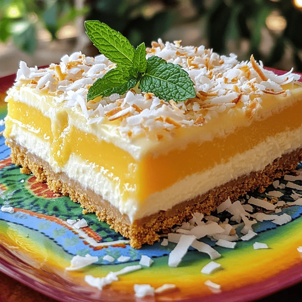 To make these delicious coconut cream pie bars, you will need: - 1 ½ cups graham cracker crumbs - ½ cup unsweetened shredded coconut (plus extra for topping) - ½ cup unsalted butter, melted - 1 cup granulated sugar - 1 (8 oz) package cream cheese, softened - 1 cup coconut cream (canned) - 2 teaspoons vanilla extract - 1 (8 oz) container whipped topping, thawed - Fresh mint leaves for garnish (optional) You can easily swap some ingredients if needed. Here are some ideas: - Graham Cracker Crumbs: Use crushed digestive biscuits or vanilla wafers. - Cream Cheese: Softened mascarpone cheese works well too. - Coconut Cream: You can use coconut milk for a lighter version. - Whipped Topping: Whip heavy cream as a fresh alternative. Garnishes enhance the look and taste of your bars. Consider these options: - Sprinkle extra shredded coconut on top for more texture. - Add fresh mint leaves for a bright flavor. - Drizzle with chocolate or caramel sauce for a twist. - Top with sliced bananas for added freshness. These simple ingredients and swaps let you create a delightful treat. Enjoy the process! Check out the Full Recipe for more details on making these bars. Start by preheating your oven to 350°F (175°C). In a medium bowl, mix the graham cracker crumbs, shredded coconut, and melted butter. Stir until the crumbs are coated. This mixture will form a nice base for your bars. Next, press the crumb mixture firmly into the bottom of an 8x8-inch baking dish. Bake for 8 to 10 minutes until golden brown. Once done, take it out and let it cool completely. In a large mixing bowl, beat together the sugar and softened cream cheese. Do this until the mixture is smooth and creamy. Next, gradually add the coconut cream and vanilla extract. Beat until everything blends well and is fluffy. This step gives your filling a rich and creamy texture. Finally, gently fold in the whipped topping until everything is just combined. Be careful not to deflate the mixture. Now, pour the coconut cream mixture over the cooled crust. Spread it evenly across the top. Use a spatula to smooth the surface. Cover the dish with plastic wrap and refrigerate for at least 4 hours. This chilling time helps the bars set properly. Once set, cut them into squares. You can sprinkle extra shredded coconut on top for garnish. Add fresh mint leaves for a nice touch, too. Enjoy your Coconut Cream Pie Bars! For the complete recipe, check the Full Recipe section. To make the best crust, use fresh graham cracker crumbs. You can crush them yourself for a better texture. Mix in melted butter and shredded coconut. This adds flavor and helps the crust hold together. Press the mixture firmly into the bottom of your baking dish. Bake it until golden brown for a crisp base. Let it cool completely before adding the filling. This step is key to avoid a soggy crust. For a light and fluffy filling, start with room temperature cream cheese. This helps it mix smoothly with sugar. Beat them together until creamy. Gradually add coconut cream and vanilla extract. Mix until combined, but don’t overbeat. Finally, fold in the whipped topping gently. This keeps the air in the mixture, making it light and fluffy. Serve these bars chilled for the best taste. Cut them into squares and place them on a colorful plate. Sprinkle extra shredded coconut on top for a nice finish. For a touch of freshness, add mint leaves as a garnish. This not only looks good but also adds a burst of flavor. Enjoy these bars with friends and family for a sweet treat everyone will love. For the complete recipe, check out the Full Recipe. {{image_2}} Want to add some chocolate? You can easily make chocolate coconut cream pie bars! Start by adding ½ cup of cocoa powder to the crust mix. This will give your base a rich chocolate flavor. Then, melt some dark chocolate and mix it into the cream filling. This will create a creamy, dreamy chocolate layer that pairs perfectly with coconut. For a fruity twist, try tropical fruit coconut cream pie bars. You can add diced pineapple, mango, or banana to the cream filling. Mix in about a cup of chopped fruit after combining the coconut cream and cream cheese. This will give each bite a burst of fruity flavor. Top the bars with extra fruit and toasted coconut for a beautiful finish. If you want a vegan option, it is simple to switch things up! Replace the cream cheese with vegan cream cheese. Use coconut whipped cream instead of regular whipped topping. Make sure to check the labels for any hidden dairy. For the crust, use melted coconut oil instead of butter. These swaps keep all the delicious flavors you love while making it plant-based. You can find the full recipe here to help you make the perfect coconut cream pie bars! To keep your coconut cream pie bars fresh, store them in the fridge. Place the bars in an airtight container. If you don’t have one, cover the dish tightly with plastic wrap. This helps to keep them from drying out. Make sure they stay cool until you're ready to enjoy them. These bars last about 4 to 5 days in the fridge. If you want to save some for later, you can freeze them. Cut the bars into pieces, and wrap each piece in plastic wrap. Then, put them in a freezer-safe bag or container. They will stay good for up to 3 months in the freezer. If you want to enjoy the bars at room temperature, simply take them out of the fridge. Let them sit for about 15 minutes before serving. If they are frozen, thaw them in the fridge overnight. You do not need to heat them; they taste great cold! For the best flavor, serve them chilled. To make Coconut Cream Pie Bars, follow these steps: 1. Preheat your oven to 350°F (175°C). 2. In a bowl, mix graham cracker crumbs, shredded coconut, and melted butter. 3. Press this mixture into an 8x8-inch baking dish. 4. Bake for 8-10 minutes until golden brown. 5. In a new bowl, beat granulated sugar and softened cream cheese until smooth. 6. Add coconut cream and vanilla extract, mixing until fluffy. 7. Gently fold in thawed whipped topping. 8. Pour this mixture onto the cooled crust and smooth it out. 9. Cover and chill for at least 4 hours or until set. 10. Cut into bars and top with extra coconut. You can find the full recipe above. Yes, you can use low-fat ingredients. Substitute low-fat cream cheese and whipped topping. Keep in mind, the taste and texture may change slightly. The bars might be less creamy but still delicious. If you want a substitute for whipped topping, use homemade whipped cream. To make it, beat heavy cream with sugar until stiff peaks form. You can also use coconut cream whipped until fluffy for a dairy-free option. Yes, you can use sweetened shredded coconut. Just reduce the sugar in the filling to balance the sweetness. It adds a nice texture and flavor to the bars. The bars need to chill for at least 4 hours. This helps the filling set properly. If you can, chill them overnight for the best results. Yes, these bars are great for making ahead of time. You can prepare them up to two days in advance. Just keep them covered in the fridge until you are ready to serve. Use a sharp knife to cut the bars. Dip the knife in warm water before each cut for clean slices. This helps prevent the filling from sticking to the knife. To make these bars gluten-free, use gluten-free graham cracker crumbs. This way, you can enjoy the same great taste without gluten. Coconut Cream Pie Bars are delicious and fun to make. We covered the key ingredients and their substitutes to suit your taste. You learned how to prepare the crust and make a light cream filling. I shared tips for the best results and fun variations to try. Don’t forget how to store your treats for later! Now, you have all the tools to create these bars. Get ready to enjoy a tasty dessert that everyone will love.