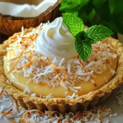 To make a great coconut cream pie, you need these key items: - 1 pre-baked 9-inch pie crust (store-bought or homemade) - 1 cup shredded unsweetened coconut (toasted if desired) - 1 cup whole milk - 1 cup heavy cream - 1/2 cup granulated sugar - 1/4 cup cornstarch - 1/4 teaspoon salt - 4 large egg yolks - 1 teaspoon vanilla extract - 1 teaspoon coconut extract - Whipped cream (for topping) - Additional toasted coconut flakes (for garnish) These ingredients create a rich, creamy filling with a lovely coconut flavor. The pie crust holds everything together and adds a nice crunch. You can change the pie up with these fun additions: - Dark chocolate shavings for a twist - Lime zest for a citrus kick - Fresh fruit like pineapple for added sweetness These choices can give your pie a unique flair. Feel free to mix and match to find your perfect flavor! To make your coconut cream pie, gather these tools: - Medium saucepan - Whisk - Mixing bowls - Spatula - Measuring cups and spoons - Pie dish Using the right equipment makes the process smooth and enjoyable. With these items, you’ll be ready to whip up a delightful dessert. Don't forget to check the [Full Recipe](#) for detailed steps! To start, gather your ingredients. In a medium saucepan, mix the sugar, cornstarch, and salt. Whisk in the whole milk and heavy cream until smooth. This step helps to blend everything well. It is key for a creamy filling. Place your saucepan over medium heat. Stir the mixture constantly. Watch closely as it heats. In about 5 to 7 minutes, it should start to thicken and bubble. This is when the magic happens! Next, you need to temper the egg yolks. In a bowl, lightly beat the egg yolks. Once your milk mix is bubbling, take a cup of it and whisk it into the yolks. This keeps the eggs from cooking too fast. Pour the yolk mix back into the saucepan. Cook for 2-3 more minutes until thickened. Remove it from heat. Stir in the vanilla, coconut extract, and shredded coconut. Pour this wonderful filling into your pie crust. Smooth it out with a spatula. Let it cool for 30 minutes at room temperature. Then, refrigerate it for at least 4 hours until set. Before serving, top it with whipped cream. Sprinkle toasted coconut flakes on top for a nice finish. Enjoy your tropical dream of a Coconut Cream Pie! For the complete process, check out the Full Recipe. To get the right pie texture, focus on the cooking time. When cooking the filling, stir constantly. This helps it cook evenly. You want it to thicken and bubble, which shows it is ready. If it’s too runny, it may not set well in the fridge. Aim for a thick, custard-like feel. This will give your pie a smooth finish. For a great whipped cream topping, start with cold cream. Use heavy cream for the best results. Whip it in a bowl until it forms soft peaks. Be careful not to over-whip, as it can turn grainy. You can add a little sugar and vanilla for sweetness. Spread the whipped cream over your cooled pie just before serving. This keeps it fresh and fluffy. One big mistake is not letting the filling cool enough. If you pour it into the crust while hot, the crust can get soggy. Always let it cool at room temperature first. Another mistake is skipping the tempering step with the egg yolks. This step is key to avoid scrambling the eggs. Lastly, don’t forget to refrigerate the pie for at least four hours. This helps it set properly. Follow these tips for a perfect Coconut Cream Pie. For the complete recipe, check out the Full Recipe section. {{image_2}} You can make a vegan coconut cream pie using simple swaps. Replace the eggs with cornstarch for thickening. Use coconut milk instead of whole milk and heavy cream. This gives a rich, creamy texture. For flavor, add a splash of vanilla and coconut extracts. The crust can be made with crushed graham crackers and coconut oil. This recipe keeps the delicious coconut flavor while being dairy-free. To make a gluten-free version, choose a gluten-free pie crust. You can find pre-made options at stores. If you prefer homemade, blend gluten-free cookies with melted butter. The filling remains the same, using cornstarch for thickening. This way, you enjoy the same creamy texture without the gluten. You can play with flavors in your coconut cream pie. Try adding chocolate by mixing cocoa powder into the filling. This gives a rich twist. For a citrus kick, add lime zest and juice. A key lime coconut cream pie is refreshing and bright. You can also mix in different extracts, like almond or pineapple, to create your unique pie. Each variation brings a new taste adventure! For more details on making the perfect coconut cream pie, check out the Full Recipe. To store leftover coconut cream pie, cover it tightly. Use plastic wrap or foil to keep air out. Place the pie in the fridge. It will stay fresh for about 3 days. If you notice any change in smell or texture, it’s best to toss it. You can freeze coconut cream pie, but it’s tricky. Wrap the pie well in plastic wrap, then foil. This helps prevent freezer burn. It can last for about 2 months in the freezer. When you’re ready to eat it, move it to the fridge overnight to thaw slowly. Reheating coconut cream pie is easy, but do it gently. Use the oven at a low temperature, around 300°F. Cover the pie with foil to avoid browning the topping. Heat it for about 10-15 minutes. Check it often to make sure it warms up without cooking the filling again. Enjoy your pie warm or chilled! You can tell the filling is thick enough when it coats the back of a spoon. When you run your finger through it, the line should stay clear. The mixture usually takes about 5-7 minutes to thicken on medium heat. If it bubbles and holds its shape, you’re good to go! Yes, you can use canned coconut milk. It adds a richer coconut flavor. If you want the pie to be creamier, mix it with heavy cream. Just keep in mind that using only coconut milk may change the texture slightly. Common toppings include whipped cream and toasted coconut flakes. You can also add chocolate shavings or fresh fruit for a twist. A dusting of cocoa powder or a drizzle of caramel can make it even more special. Enjoy making it your own! In this post, we explored the key ingredients and steps for making a great coconut cream pie. We discussed essential and optional ingredients, the right equipment, and detailed the cooking process with tips to avoid mistakes. You can also try variations like vegan or gluten-free options. Always store leftovers properly, and reheating is simple. Remember, a well-made coconut cream pie can bring joy to any gathering. Enjoy your baking and impress others with your skills!