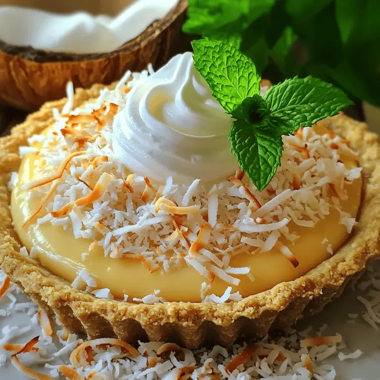 To make a great coconut cream pie, you need these key items: - 1 pre-baked 9-inch pie crust (store-bought or homemade) - 1 cup shredded unsweetened coconut (toasted if desired) - 1 cup whole milk - 1 cup heavy cream - 1/2 cup granulated sugar - 1/4 cup cornstarch - 1/4 teaspoon salt - 4 large egg yolks - 1 teaspoon vanilla extract - 1 teaspoon coconut extract - Whipped cream (for topping) - Additional toasted coconut flakes (for garnish) These ingredients create a rich, creamy filling with a lovely coconut flavor. The pie crust holds everything together and adds a nice crunch. You can change the pie up with these fun additions: - Dark chocolate shavings for a twist - Lime zest for a citrus kick - Fresh fruit like pineapple for added sweetness These choices can give your pie a unique flair. Feel free to mix and match to find your perfect flavor! To make your coconut cream pie, gather these tools: - Medium saucepan - Whisk - Mixing bowls - Spatula - Measuring cups and spoons - Pie dish Using the right equipment makes the process smooth and enjoyable. With these items, you’ll be ready to whip up a delightful dessert. Don't forget to check the [Full Recipe](#) for detailed steps! To start, gather your ingredients. In a medium saucepan, mix the sugar, cornstarch, and salt. Whisk in the whole milk and heavy cream until smooth. This step helps to blend everything well. It is key for a creamy filling. Place your saucepan over medium heat. Stir the mixture constantly. Watch closely as it heats. In about 5 to 7 minutes, it should start to thicken and bubble. This is when the magic happens! Next, you need to temper the egg yolks. In a bowl, lightly beat the egg yolks. Once your milk mix is bubbling, take a cup of it and whisk it into the yolks. This keeps the eggs from cooking too fast. Pour the yolk mix back into the saucepan. Cook for 2-3 more minutes until thickened. Remove it from heat. Stir in the vanilla, coconut extract, and shredded coconut. Pour this wonderful filling into your pie crust. Smooth it out with a spatula. Let it cool for 30 minutes at room temperature. Then, refrigerate it for at least 4 hours until set. Before serving, top it with whipped cream. Sprinkle toasted coconut flakes on top for a nice finish. Enjoy your tropical dream of a Coconut Cream Pie! For the complete process, check out the Full Recipe. To get the right pie texture, focus on the cooking time. When cooking the filling, stir constantly. This helps it cook evenly. You want it to thicken and bubble, which shows it is ready. If it’s too runny, it may not set well in the fridge. Aim for a thick, custard-like feel. This will give your pie a smooth finish. For a great whipped cream topping, start with cold cream. Use heavy cream for the best results. Whip it in a bowl until it forms soft peaks. Be careful not to over-whip, as it can turn grainy. You can add a little sugar and vanilla for sweetness. Spread the whipped cream over your cooled pie just before serving. This keeps it fresh and fluffy. One big mistake is not letting the filling cool enough. If you pour it into the crust while hot, the crust can get soggy. Always let it cool at room temperature first. Another mistake is skipping the tempering step with the egg yolks. This step is key to avoid scrambling the eggs. Lastly, don’t forget to refrigerate the pie for at least four hours. This helps it set properly. Follow these tips for a perfect Coconut Cream Pie. For the complete recipe, check out the Full Recipe section. {{image_2}} You can make a vegan coconut cream pie using simple swaps. Replace the eggs with cornstarch for thickening. Use coconut milk instead of whole milk and heavy cream. This gives a rich, creamy texture. For flavor, add a splash of vanilla and coconut extracts. The crust can be made with crushed graham crackers and coconut oil. This recipe keeps the delicious coconut flavor while being dairy-free. To make a gluten-free version, choose a gluten-free pie crust. You can find pre-made options at stores. If you prefer homemade, blend gluten-free cookies with melted butter. The filling remains the same, using cornstarch for thickening. This way, you enjoy the same creamy texture without the gluten. You can play with flavors in your coconut cream pie. Try adding chocolate by mixing cocoa powder into the filling. This gives a rich twist. For a citrus kick, add lime zest and juice. A key lime coconut cream pie is refreshing and bright. You can also mix in different extracts, like almond or pineapple, to create your unique pie. Each variation brings a new taste adventure! For more details on making the perfect coconut cream pie, check out the Full Recipe. To store leftover coconut cream pie, cover it tightly. Use plastic wrap or foil to keep air out. Place the pie in the fridge. It will stay fresh for about 3 days. If you notice any change in smell or texture, it’s best to toss it. You can freeze coconut cream pie, but it’s tricky. Wrap the pie well in plastic wrap, then foil. This helps prevent freezer burn. It can last for about 2 months in the freezer. When you’re ready to eat it, move it to the fridge overnight to thaw slowly. Reheating coconut cream pie is easy, but do it gently. Use the oven at a low temperature, around 300°F. Cover the pie with foil to avoid browning the topping. Heat it for about 10-15 minutes. Check it often to make sure it warms up without cooking the filling again. Enjoy your pie warm or chilled! You can tell the filling is thick enough when it coats the back of a spoon. When you run your finger through it, the line should stay clear. The mixture usually takes about 5-7 minutes to thicken on medium heat. If it bubbles and holds its shape, you’re good to go! Yes, you can use canned coconut milk. It adds a richer coconut flavor. If you want the pie to be creamier, mix it with heavy cream. Just keep in mind that using only coconut milk may change the texture slightly. Common toppings include whipped cream and toasted coconut flakes. You can also add chocolate shavings or fresh fruit for a twist. A dusting of cocoa powder or a drizzle of caramel can make it even more special. Enjoy making it your own! In this post, we explored the key ingredients and steps for making a great coconut cream pie. We discussed essential and optional ingredients, the right equipment, and detailed the cooking process with tips to avoid mistakes. You can also try variations like vegan or gluten-free options. Always store leftovers properly, and reheating is simple. Remember, a well-made coconut cream pie can bring joy to any gathering. Enjoy your baking and impress others with your skills!