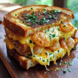 To make the Cheesy Garlic Bread Shrimp Grilled Cheese, gather these ingredients: - 8 slices of thick-cut sourdough bread - 2 cups cooked shrimp, peeled and deveined - 1 cup shredded mozzarella cheese - 1 cup shredded cheddar cheese - 4 tablespoons butter, softened - 4 cloves garlic, minced - 1 tablespoon fresh parsley, chopped - 1 teaspoon paprika - Salt and black pepper to taste These ingredients are key for a rich and tasty experience. The sourdough gives a nice crunch. The shrimp adds a delightful seafood flavor. Both mozzarella and cheddar melt beautifully, creating a gooey center. Garlic enhances the aroma, while parsley adds freshness. Paprika gives a subtle warmth to the dish. Salt and pepper balance all the flavors. When you combine these ingredients, you're in for a treat. This grilled cheese is not your ordinary sandwich. It’s a cheesy delight with a seafood twist! For the full recipe, check the detailed steps provided. 1. Start by mixing the shrimp and cheese filling. In a bowl, combine 2 cups of cooked shrimp, 1 cup of shredded mozzarella cheese, 1 cup of shredded cheddar cheese, 4 cloves of minced garlic, 1 tablespoon of chopped parsley, 1 teaspoon of paprika, and salt and black pepper to taste. Stir until the shrimp are coated evenly. 2. Next, prepare the sourdough bread with butter. Take 8 slices of thick-cut sourdough bread. Spread 1 tablespoon of softened butter on one side of each slice. This butter will give you a nice crispness. 3. Now, assemble the grilled cheese sandwich. Place one slice of bread butter-side down in a skillet. Add half of the shrimp and cheese mixture on top. Cover it with another slice of bread, butter-side up. Press down gently to keep it together. 1. Cook the first side until golden brown. Heat your skillet over medium heat. Cook the sandwich for about 3-4 minutes. Look for a nice golden color and melting cheese. 2. Flip the sandwich carefully. Cook the second side until crispy and the cheese melts completely, about another 3-4 minutes. You can use a spatula to help flip it over. 3. Once cooked, slice the sandwich in half. Let it cool for a minute before serving. Enjoy this tasty Cheesy Garlic Bread Shrimp Grilled Cheese with a side of your favorite dipping sauce. For the full recipe, refer to the earlier section. To get the perfect golden crust, use medium heat. This keeps the bread crisp and the cheese melty. Keep an eye on it while it cooks. Flip it when the bottom is golden brown. A cast-iron skillet works best for even heat. For melting cheese effectively, use a lid. Cover the sandwich while it cooks. This helps the heat circulate and melts the cheese fast. You can also lower the heat slightly after flipping. This way, the cheese melts without burning the bread. If you want to try alternative cheeses, consider gouda or fontina. These cheeses provide a rich flavor and melt nicely. Mixing different cheeses can create unique tastes in your grilled cheese. To make it spicy, add sliced jalapeños or crushed red pepper flakes. You can mix these into the shrimp and cheese filling. This will give your sandwich a nice kick. Adding a splash of hot sauce also works well for heat. For the full recipe, check out the details above. {{image_2}} You can easily change up your Cheesy Garlic Bread Shrimp Grilled Cheese. Adding vegetables can boost flavor and nutrition. Try spinach or diced tomatoes. Both add freshness and color. If you want a different protein, shrimp is not your only choice. You can use crab or lobster for a luxe twist. Chicken or even tofu works well too. Each option brings a unique taste to your meal. Pair your grilled cheese with tasty sides. A simple salad can add crunch and brightness. Try a light coleslaw or a bowl of soup. Tomato soup is a classic choice, but any broth-based soup works great. For dips, consider garlic aioli or a zesty marinara. These sauces can enhance the flavor and add moisture. You can also serve it with a squeeze of lemon for a fresh pop. For the full recipe, check out the link provided. To store leftovers, place your sandwich in an airtight container. This keeps it fresh for up to three days. Before sealing, let it cool to room temperature. Avoid stacking sandwiches on top of one another to prevent sogginess. When you’re ready to eat, the best way to reheat is in a skillet. Heat it over medium-low heat. This method helps keep the bread crispy and the cheese gooey. You can cover the skillet to melt the cheese faster. For long-term storage, you can freeze the sandwiches. Wrap each sandwich tightly in plastic wrap, then place it in a freezer bag. This can last up to three months. To keep the texture, avoid freezing them for too long. When you're ready to eat, thaw in the fridge overnight. Reheat in a skillet for the best results. This way, you'll enjoy a tasty grilled cheese just like fresh! For the full recipe, check the earlier section. How to make Cheesy Garlic Bread Shrimp Grilled Cheese without shrimp? You can use cooked chicken or mushrooms instead of shrimp. These options keep the dish tasty. Just follow the same mixing steps. Mix your chosen protein with the cheese and garlic. Then, assemble and cook as you would with shrimp. This way, you still enjoy a cheesy and flavorful sandwich. Can I use gluten-free bread for this recipe? Yes, gluten-free bread works great for this recipe. It keeps the same taste and texture. Just choose a sturdy gluten-free bread to hold the filling. Follow the same steps for buttering and cooking. You’ll still get that crispy, cheesy goodness. What are some good pairings with Cheesy Garlic Bread Shrimp Grilled Cheese? Tomato soup is a classic pairing here. It adds a nice, warm touch. You can also serve it with a fresh salad. A simple green salad or coleslaw complements the sandwich well. For drinks, try a light soda or iced tea. These choices balance the rich flavors of the grilled cheese. This blog post shared how to make a delicious Cheesy Garlic Bread Shrimp Grilled Cheese. We covered the key ingredients, step-by-step instructions, and tips to perfect your sandwich. You learned about fun variations and how to store leftovers too. As you try this recipe, remember to get creative with ingredients. Enjoy the tasty flavors and make it your own. Happy cooking!