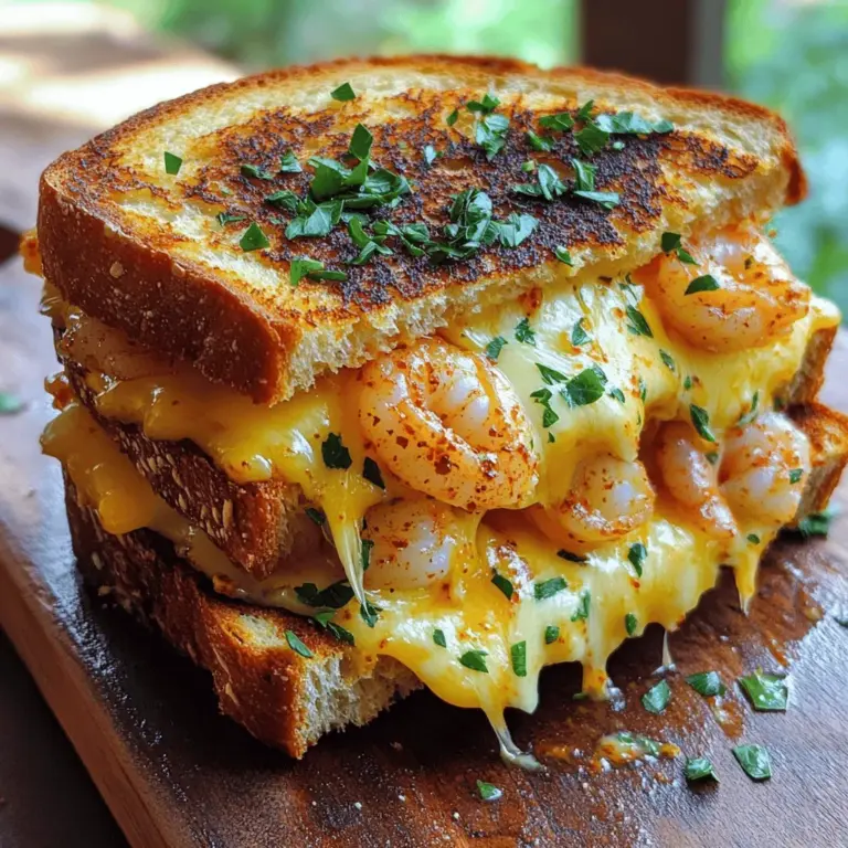 To make the Cheesy Garlic Bread Shrimp Grilled Cheese, gather these ingredients: - 8 slices of thick-cut sourdough bread - 2 cups cooked shrimp, peeled and deveined - 1 cup shredded mozzarella cheese - 1 cup shredded cheddar cheese - 4 tablespoons butter, softened - 4 cloves garlic, minced - 1 tablespoon fresh parsley, chopped - 1 teaspoon paprika - Salt and black pepper to taste These ingredients are key for a rich and tasty experience. The sourdough gives a nice crunch. The shrimp adds a delightful seafood flavor. Both mozzarella and cheddar melt beautifully, creating a gooey center. Garlic enhances the aroma, while parsley adds freshness. Paprika gives a subtle warmth to the dish. Salt and pepper balance all the flavors. When you combine these ingredients, you're in for a treat. This grilled cheese is not your ordinary sandwich. It’s a cheesy delight with a seafood twist! For the full recipe, check the detailed steps provided. 1. Start by mixing the shrimp and cheese filling. In a bowl, combine 2 cups of cooked shrimp, 1 cup of shredded mozzarella cheese, 1 cup of shredded cheddar cheese, 4 cloves of minced garlic, 1 tablespoon of chopped parsley, 1 teaspoon of paprika, and salt and black pepper to taste. Stir until the shrimp are coated evenly. 2. Next, prepare the sourdough bread with butter. Take 8 slices of thick-cut sourdough bread. Spread 1 tablespoon of softened butter on one side of each slice. This butter will give you a nice crispness. 3. Now, assemble the grilled cheese sandwich. Place one slice of bread butter-side down in a skillet. Add half of the shrimp and cheese mixture on top. Cover it with another slice of bread, butter-side up. Press down gently to keep it together. 1. Cook the first side until golden brown. Heat your skillet over medium heat. Cook the sandwich for about 3-4 minutes. Look for a nice golden color and melting cheese. 2. Flip the sandwich carefully. Cook the second side until crispy and the cheese melts completely, about another 3-4 minutes. You can use a spatula to help flip it over. 3. Once cooked, slice the sandwich in half. Let it cool for a minute before serving. Enjoy this tasty Cheesy Garlic Bread Shrimp Grilled Cheese with a side of your favorite dipping sauce. For the full recipe, refer to the earlier section. To get the perfect golden crust, use medium heat. This keeps the bread crisp and the cheese melty. Keep an eye on it while it cooks. Flip it when the bottom is golden brown. A cast-iron skillet works best for even heat. For melting cheese effectively, use a lid. Cover the sandwich while it cooks. This helps the heat circulate and melts the cheese fast. You can also lower the heat slightly after flipping. This way, the cheese melts without burning the bread. If you want to try alternative cheeses, consider gouda or fontina. These cheeses provide a rich flavor and melt nicely. Mixing different cheeses can create unique tastes in your grilled cheese. To make it spicy, add sliced jalapeños or crushed red pepper flakes. You can mix these into the shrimp and cheese filling. This will give your sandwich a nice kick. Adding a splash of hot sauce also works well for heat. For the full recipe, check out the details above. {{image_2}} You can easily change up your Cheesy Garlic Bread Shrimp Grilled Cheese. Adding vegetables can boost flavor and nutrition. Try spinach or diced tomatoes. Both add freshness and color. If you want a different protein, shrimp is not your only choice. You can use crab or lobster for a luxe twist. Chicken or even tofu works well too. Each option brings a unique taste to your meal. Pair your grilled cheese with tasty sides. A simple salad can add crunch and brightness. Try a light coleslaw or a bowl of soup. Tomato soup is a classic choice, but any broth-based soup works great. For dips, consider garlic aioli or a zesty marinara. These sauces can enhance the flavor and add moisture. You can also serve it with a squeeze of lemon for a fresh pop. For the full recipe, check out the link provided. To store leftovers, place your sandwich in an airtight container. This keeps it fresh for up to three days. Before sealing, let it cool to room temperature. Avoid stacking sandwiches on top of one another to prevent sogginess. When you’re ready to eat, the best way to reheat is in a skillet. Heat it over medium-low heat. This method helps keep the bread crispy and the cheese gooey. You can cover the skillet to melt the cheese faster. For long-term storage, you can freeze the sandwiches. Wrap each sandwich tightly in plastic wrap, then place it in a freezer bag. This can last up to three months. To keep the texture, avoid freezing them for too long. When you're ready to eat, thaw in the fridge overnight. Reheat in a skillet for the best results. This way, you'll enjoy a tasty grilled cheese just like fresh! For the full recipe, check the earlier section. How to make Cheesy Garlic Bread Shrimp Grilled Cheese without shrimp? You can use cooked chicken or mushrooms instead of shrimp. These options keep the dish tasty. Just follow the same mixing steps. Mix your chosen protein with the cheese and garlic. Then, assemble and cook as you would with shrimp. This way, you still enjoy a cheesy and flavorful sandwich. Can I use gluten-free bread for this recipe? Yes, gluten-free bread works great for this recipe. It keeps the same taste and texture. Just choose a sturdy gluten-free bread to hold the filling. Follow the same steps for buttering and cooking. You’ll still get that crispy, cheesy goodness. What are some good pairings with Cheesy Garlic Bread Shrimp Grilled Cheese? Tomato soup is a classic pairing here. It adds a nice, warm touch. You can also serve it with a fresh salad. A simple green salad or coleslaw complements the sandwich well. For drinks, try a light soda or iced tea. These choices balance the rich flavors of the grilled cheese. This blog post shared how to make a delicious Cheesy Garlic Bread Shrimp Grilled Cheese. We covered the key ingredients, step-by-step instructions, and tips to perfect your sandwich. You learned about fun variations and how to store leftovers too. As you try this recipe, remember to get creative with ingredients. Enjoy the tasty flavors and make it your own. Happy cooking!