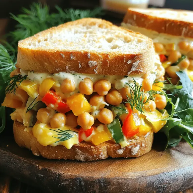 - 1 can (15 oz) chickpeas, drained and rinsed - 1/4 cup plain Greek yogurt - 2 tablespoons mayonnaise - 1 tablespoon Dijon mustard - 1 small onion, finely chopped - 1 celery stalk, finely chopped - 1/4 cup bell pepper, finely chopped - 1 tablespoon fresh dill (or dried) - Salt and pepper to taste - 4 slices whole grain or sourdough bread - 1 cup shredded cheese (cheddar, mozzarella, or your choice) - Olive oil for brushing For my Chickpea Salad Melts, I love to use a can of chickpeas. They are cheap and full of protein. Rinsing them helps remove extra salt. I mix the chickpeas with Greek yogurt for a creamy base. This yogurt adds protein and tangy flavor. I also include mayonnaise and Dijon mustard. These add richness and a touch of spice. A small onion finely chopped gives depth to the mix. I like to add fresh veggies too. Finely chopped celery and bell pepper give crunch and color. Fresh dill brightens the flavor. You can use dried dill if you do not have fresh. Salt and pepper round out the taste and bring all the flavors together. For the bread, I recommend whole grain or sourdough. These breads hold up well and add great texture. I love to top the chickpea mix with cheese. Cheddar or mozzarella melts nicely. Finally, brushing the bread with olive oil helps it crisp up. For the full recipe, check the ingredients list above to create your own Chickpea Salad Melts. First, take one can of chickpeas and drain them well. Rinse them under cold water. In a mixing bowl, use a fork or a potato masher to mash the chickpeas until coarsely crushed. You want to leave some whole for texture. Next, add 1/4 cup of plain Greek yogurt, 2 tablespoons of mayonnaise, and 1 tablespoon of Dijon mustard to the bowl. Then, finely chop one small onion, one celery stalk, and 1/4 cup of bell pepper. Toss these chopped veggies into the bowl. Finally, mix in 1 tablespoon of fresh dill, 1 teaspoon of garlic powder, and season with salt and pepper. Stir until everything blends well. Now it's time to assemble your sandwiches. Take four slices of your choice of whole grain or sourdough bread. Spread a generous layer of the chickpea mixture on half of the slices. Top each with a sprinkle of shredded cheese, about 1 cup total. Place the other slices of bread on top to create sandwiches. Heat a non-stick skillet over medium heat. While it heats, brush the tops of the sandwiches with a little olive oil. This step helps them get crispy. Place the sandwiches in the skillet and cook for about 3-4 minutes on each side. Look for a golden brown color and ensure the cheese melts. Press down slightly with a spatula for an even melt. Once cooked, remove the sandwiches from the skillet and let them cool for just a minute. Cut each sandwich into halves or quarters. For a beautiful presentation, arrange them on a platter. Serve with fresh greens or a simple dipping sauce. Enjoy your savory Chickpea Salad Melts! For the full recipe, refer back to the ingredients list above. To make the best chickpea salad, texture matters. I like to leave some chickpeas whole. This adds a nice bite to each bite. Use a fork or a potato masher to crush the chickpeas. Aim for a coarser mix that holds together well. Spices can change the whole dish. I often add paprika or cayenne to bring some heat. Fresh herbs like parsley or cilantro also brighten the salad. Try adding more dill or even some basil for a fresh taste. Mix and match until you find your favorite flavor. To get that golden brown toast, don’t skip brushing the bread with olive oil. This step helps the bread crisp up nicely. When cooking, press down gently with a spatula. This ensures even cooking and a perfectly melted cheese layer. {{image_2}} You can easily make your Chickpea Salad Melts even better. One simple swap is to use avocado instead of Greek yogurt. This gives a creamy, smooth texture that adds richness. You can also toss in olives or sun-dried tomatoes. These ingredients bring a burst of flavor that makes each bite special. If you're vegan, there are great choices for you too. Replace the Greek yogurt and mayonnaise with vegan mayonnaise and plant-based cheese. This keeps the creamy goodness while being dairy-free. Another fun option is to use chickpea mayo. It offers a unique twist and a creamy spread that pairs well with the other flavors. For those who need gluten-free meals, it’s easy to adapt. You can use gluten-free bread or even lettuce wraps. Just make sure all other ingredients are certified gluten-free. This way, everyone can enjoy the tasty Chickpea Salad Melts without worry. For the full recipe, visit the recipe section above. Store leftover Chickpea Salad in an airtight container. This keeps it fresh and tasty. It tastes best when eaten within 2-3 days. After that, the flavors may fade. You can freeze assembled sandwiches individually for quick meals. Wrap each sandwich tightly in foil. This helps prevent freezer burn. When you're ready to eat, thaw them in the fridge overnight before cooking. To reheat, place the sandwich on a skillet for crispness. You can also use a microwave for a quick option. If you use the microwave, check the cheese melt. This ensures you get the best texture before serving. Enjoy your meal! Yes, you can prepare the chickpea salad a day in advance. Just store it in the fridge. When you're ready, assemble the sandwiches before cooking. This saves time and keeps the flavors fresh. To keep the bread crisp, use crusty bread. Brush it lightly with olive oil before cooking. This step helps maintain a nice crunch, making your melts more enjoyable. You can pair your melts with a simple green salad, pickles, or a warm soup. These sides add freshness and balance to the meal. Consider a light vinaigrette for the salad to enhance the flavors. To lower the calories, use less mayonnaise or Greek yogurt. You can also choose a lower-fat cheese. These swaps keep the taste while making the dish lighter. Enjoy the same great flavor with fewer calories! Chickpea Salad Melts are easy to make and fun to eat. We covered the main ingredients, like chickpeas and Greek yogurt. The step-by-step guide helps you create delicious sandwiches. Tips and variations let you customize to your taste. Store leftovers properly for later enjoyment. Remember, this recipe is flexible for different diets. Enjoy every bite of your tasty, nutritious meal!