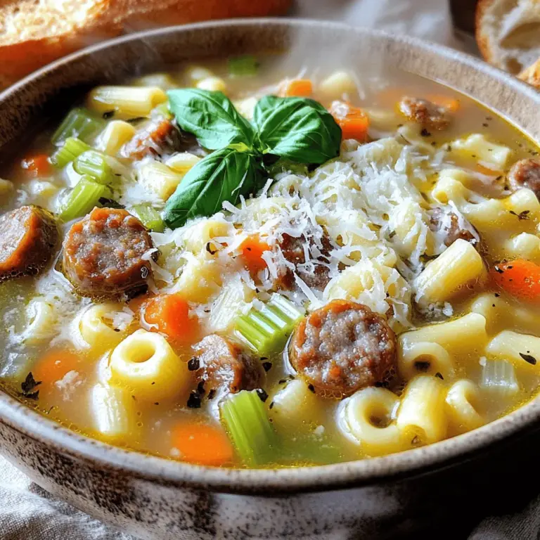 To make Creamy Italian Sausage Ditalini Soup, gather the following ingredients: - 1 lb Italian sausage, casings removed - 1 medium onion, diced - 2 cloves garlic, minced - 2 carrots, diced - 2 celery stalks, diced - 1 can (14 oz) diced tomatoes - 4 cups chicken broth - 1 cup heavy cream - 1 teaspoon dried basil - 1 teaspoon dried oregano - 1 cup ditalini pasta - 2 cups fresh spinach, roughly chopped - Salt and pepper to taste - Grated Parmesan cheese for serving - Fresh basil leaves for garnish For a beautiful finish, sprinkle grated Parmesan on top. Add fresh basil leaves for a pop of color. Serve the soup in large bowls with crusty bread on the side. This makes for a hearty meal that warms the soul. Enjoy your cooking adventure! To start making your creamy Italian sausage ditalini soup, gather all your ingredients. Lay them out on the counter for easy access. This makes cooking smooth and fun. Chop your onion, garlic, carrots, and celery. It helps to have everything ready before you start cooking. Next, remove the casings from the Italian sausage. This step is simple; just squeeze the sausage out of the casing. Now, you are ready to cook! Heat a splash of olive oil in a large pot over medium heat. Add the sausage to the pot and break it apart with a wooden spoon. Cook until it turns brown. This should take about 5-7 minutes. Once the sausage is cooked, add the diced onion, garlic, carrots, and celery. Stir and let them cook until soft. This step really builds the flavor. Next, stir in the diced tomatoes with their juices, chicken broth, dried basil, and oregano. Bring this mixture to a boil. When it starts to boil, add the ditalini pasta. Lower the heat to a simmer. Cook according to the pasta package instructions, usually around 8-10 minutes. After the pasta is al dente, stir in the heavy cream and chopped spinach. Let the soup simmer for another 3-5 minutes. This helps the spinach wilt and the soup heat through. Finally, add salt and pepper to taste. For the best texture in your creamy Italian sausage ditalini soup, make sure to cook the pasta just until it is al dente. This means it should still have a slight bite to it. Overcooking can make the pasta mushy. Also, stir the soup gently when adding the spinach and cream. This keeps the cream smooth and prevents curdling. If you want a thicker soup, let it simmer a little longer. Enjoy this comforting meal with a sprinkle of grated Parmesan on top. For the full recipe, check out the details provided earlier. To enhance the flavor of your creamy Italian sausage ditalini soup, use fresh herbs. Fresh basil and oregano bring bright notes. Try adding a splash of lemon juice for brightness. A pinch of red pepper flakes adds warmth without overpowering. You can also sauté the garlic until fragrant for a deeper taste. If you want a spicy kick, use hot Italian sausage instead of mild. You can also add crushed red pepper flakes. For a milder soup, choose sweet Italian sausage. Remove seeds from peppers if you add them. Balance heat with extra cream or cheese for richness. Serve your soup in large bowls, topped with grated Parmesan and fresh basil leaves. Pair it with crusty bread or a fresh salad for a full meal. A side of garlic bread complements the flavors nicely. You can also serve with a light wine for a special touch. For the full recipe, follow the steps outlined in the section above. {{image_2}} If you want a meat-free version, swap the sausage for plant-based sausage. You can also use lentils or chickpeas for protein. Replace the heavy cream with coconut milk or cashew cream to keep it creamy and rich. This change keeps the flavor strong and satisfying. Fresh herbs like parsley or cilantro can add a nice touch. Ditalini is a classic choice, but you can use any small pasta. Try elbow macaroni or mini shells for a fun twist. Gluten-free pasta works too if you need it. Just adjust the cooking time as needed, since each type cooks differently. This way, you can enjoy the soup no matter your pasta preference. This soup shines with seasonal veggies. In spring, add fresh peas or asparagus. In summer, zucchini or bell peppers can enhance the flavor. Fall brings squash or sweet potatoes for a hearty touch. Use whatever is fresh at your local market. These swaps keep the soup exciting and flavorful throughout the year. To keep your creamy Italian sausage ditalini soup fresh, let it cool first. Transfer it to an airtight container. Store it in the fridge for up to three days. If you want to enjoy it later, consider portioning it out. This makes it easier to reheat only what you need. When you’re ready to enjoy leftovers, gently reheat the soup. Use a pot over medium heat. Stir often to ensure even warming. You can also use the microwave. Heat in short bursts, stirring in between, until hot. Add a splash of broth or cream if it thickens too much. If you plan to freeze the soup, do so before adding the cream or spinach. This keeps the texture nice. Use a freezer-safe container, leaving space for expansion. The soup can last in the freezer for up to three months. To thaw, move it to the fridge overnight. Then, reheat it gently on the stove. Ditalini pasta is a small, tube-shaped pasta. It is about the size of a thimble. The name "ditalini" means "little fingers" in Italian. This pasta works great in soups. It holds sauce well and adds a nice texture. You can find it in most grocery stores. If you can’t find it, try using small shells or elbow macaroni. Yes, you can use different sausages. Sweet or spicy Italian sausages both taste great. Try chicken or turkey sausage for a lighter option. If you prefer a vegetarian dish, use plant-based sausage. Each type adds a unique flavor. Just make sure to cook it well before adding to the soup. This soup lasts about 3 to 4 days in the fridge. Store it in an airtight container. The flavors get better as it sits. When you reheat, add a splash of broth if it seems thick. Always check for freshness before eating. For the best taste, enjoy it as soon as you can! In this post, we explored a delightful soup recipe. We covered the ingredients you need, with tips for great textures and flavor. You learned how to enhance taste, make it spicy, and even adapt it for different diets. I shared storage tips for leftovers and answered common questions about the recipe. Cooking should be fun and rewarding. With these steps and suggestions, you can create a tasty meal. Enjoy your time in the kitchen!