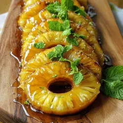 - 1 ripe pineapple - 1/4 cup honey - 1 tablespoon coconut oil - 1 teaspoon ground cinnamon - 1/2 teaspoon vanilla extract - Pinch of sea salt - Shredded coconut - Fresh mint leaves - Lime zest Using ripe pineapple is key. It gives the dish its sweet and juicy taste. Honey adds a rich flavor and helps caramelize the pineapple. Coconut oil adds a hint of tropical goodness. For extra flavor, I use ground cinnamon, vanilla extract, and a pinch of sea salt. These enhance the natural sweetness and make each bite special. You can add optional toppings like shredded coconut, fresh mint leaves, and lime zest. They add a nice crunch and brightness to the dish. For the full recipe, check out the detailed steps to create this tasty treat. 1. First, preheat your oven to 400°F (200°C). This heat makes the pineapple caramelize well. 2. Next, take your ripe pineapple. Cut it into thick rings or chunks. The thickness helps it cook evenly. 1. In a small bowl, mix together the honey, melted coconut oil, ground cinnamon, vanilla extract, and a pinch of sea salt. Whisk until smooth. 2. Now, take the pineapple slices and place them on a baking sheet lined with parchment paper. This keeps them from sticking. 3. Brush the honey glaze generously on each side of the pineapple. Make sure to cover them well for extra flavor. 1. Place the baking sheet in the oven. Roast the pineapple for about 20-25 minutes. You want them to turn golden brown and caramelized. 2. Halfway through roasting, turn the pineapple slices. This helps them cook evenly and get nice color on both sides. For the full recipe, check back to ensure you have all steps covered! To get the perfect caramelization on your pineapple, you want to focus on the sugar content. The natural sugars in the pineapple caramelize as it cooks. To help this, make sure your oven is preheated to 400°F (200°C). This high heat brings out the sweetness and gives that nice golden color. Turning your pineapple halfway through roasting helps it cook evenly. This way, each side gets that delicious, caramelized finish. When it comes to presentation, think about color and arrangement. Place the roasted pineapple on a bright platter. Drizzle any leftover honey glaze on top. This adds shine and flavor. Garnish with fresh mint leaves and lime zest for a pop of color. You can serve roasted pineapple as a side dish or a dessert. It pairs well with grilled meats, like chicken or pork. It also tastes great with vanilla ice cream or yogurt for a sweet treat. To kick up the flavor, try adding spices like nutmeg or cardamom. A hint of chili powder can give it a spicy twist. You can also use different extracts, like almond or coconut, to change the taste. If you want to switch up the sweetness, consider maple syrup or agave nectar. These options add a unique flavor while keeping it sweet. For the full recipe, check the details above. Enjoy your roasted pineapple with honey glaze! {{image_2}} You can roast many fruits, not just pineapple. Some great choices are peaches, nectarines, and apples. Each fruit adds its own sweet twist. You can also mix different fruits for fun flavors. For example, try pairing pineapple with peaches for a tropical treat. If you want a vegan dish, swap honey for maple syrup or agave. Both options add sweetness without animal products. To make it gluten-free, check that any toppings you use are gluten-free. Most fruits are naturally gluten-free, making this dish safe for many diets. You can enhance the flavor by adding spices. Try a dash of nutmeg or ginger for warmth. Citrus zest or juice, like lime or orange, brightens the dish too. Adding these flavors makes your roasted pineapple even more delightful. Each addition can change the taste in a fun way. For the full recipe, check earlier in the article. After enjoying your roasted pineapple, you might have some left. To keep it fresh, store it in an airtight container. This helps lock in flavor and moisture. You can use glass or plastic containers. Glass containers work best as they do not stain or retain odors. Make sure the pineapple cools to room temperature before sealing. This will help prevent condensation inside the container. When you want to enjoy your leftover pineapple, you can reheat it easily. The best way is to use an oven or a microwave. If using an oven, preheat it to 350°F (175°C). Place the pineapple in a baking dish and cover it with foil. Heat for about 10 minutes. This keeps the pineapple juicy and warm. If you prefer the microwave, put the pineapple on a microwave-safe plate. Heat for 30 seconds at a time until warm. Be careful not to overheat; you want to keep its texture and flavor. If you want to keep your roasted pineapple for longer, freezing is a great option. Cut the pineapple into smaller pieces before freezing. Lay them flat on a baking sheet first, then freeze until solid. This way, they won’t stick together. After they are frozen, transfer the pieces to a freezer bag. Remove as much air as possible before sealing. When you’re ready to use them, move the bag to the fridge the night before. This lets them thaw slowly. You can also use a microwave to defrost them quickly if needed. Enjoy the roasted pineapple in smoothies or as a topping for yogurt! Roasting pineapple takes about 20-25 minutes. Preheat your oven to 400°F (200°C). Slice your pineapple into rings or chunks. Place them on a baking sheet. Brush the honey glaze on both sides. Roast until golden brown. Turning halfway helps ensure even cooking. Yes, you can use different types of honey. Each one adds a unique flavor. For instance, wildflower honey has a light taste. Clover honey is mild and sweet. Buckwheat honey gives a rich, bold flavor. Experimenting with different honey types can enhance your dish. Absolutely! You can grill the pineapple instead of roasting. Preheat your grill to medium heat. Brush the honey glaze on the pineapple as you would for the oven. Place the pineapple slices on the grill. Cook for about 4-5 minutes on each side. This gives a nice char and smoky flavor. Roasting pineapple is easy and fun. We covered the ingredients, steps, and tips to make it perfect. You learned how to enhance flavors and create tasty variations. Don't forget the storage tips to keep leftovers fresh. Enjoy your delicious roasted pineapple with clever serving ideas. Experiment with fruits and flavors to find your favorite. This dish can be a hit at any meal. Get ready to impress your taste buds with less effort. Happy roasting!