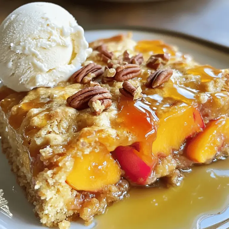 To make a tasty Peach Cobbler Dump Cake, you need some key ingredients. Here’s what you will need: - 4 cups canned peaches in syrup, drained - 1 cup brown sugar - 1 teaspoon cinnamon - 1 lemon, juice and zest - 1 box yellow cake mix - 1 cup unsalted butter, melted - 1 cup chopped pecans (optional) - 1 teaspoon vanilla extract - Ice cream (for serving, optional) These items come together to create a warm, fruity delight that pleases everyone. The canned peaches give a sweet base, while the spices add warmth. You can play with this recipe to match your taste. Here are some fun ideas: - Fresh peaches for a brighter flavor - Almond extract instead of vanilla for a nutty twist - Other nuts like walnuts or almonds for crunch - Different cake mixes like chocolate or spice for a unique touch Adding these optional ingredients gives your cake a personal flair. Feel free to explore what makes your taste buds happy! If you have allergies or dietary needs, you can still enjoy this dessert. Here are some easy swaps: - Use gluten-free cake mix for a gluten-free version - Swap the butter for a dairy-free alternative like coconut oil - Replace the sugar with a sugar substitute if needed - Omit nuts or use seeds if you have nut allergies These substitutions keep the flavors intact while meeting your needs. Cooking should be fun and safe for everyone! Don't forget to check out the Full Recipe for detailed steps on how to put it all together. Start by opening two cans of peaches. Drain the syrup and save it for later. In a large bowl, mix the peaches with one cup of brown sugar. Add in one teaspoon of cinnamon, the juice, and zest of one lemon. Stir gently until everything is well mixed. This step brings out the sweet and tart flavors of the peaches. Grab a greased 9x13 inch baking dish. Pour the peach mixture evenly into the bottom of the dish. Next, sprinkle one box of dry yellow cake mix over the peaches. Make sure it covers all the fruit. Now, take one cup of melted unsalted butter and drizzle it over the cake mix. Do not stir this part. If you like nuts, sprinkle one cup of chopped pecans on top. Preheat your oven to 350°F (175°C). Bake the cake for 45 to 50 minutes. Look for a golden brown top that is bubbly. Once it’s done, remove the cake from the oven. Let it cool for about 10 minutes before serving. For a tasty treat, serve warm with a scoop of ice cream on top. Enjoy this sweet delight! You can find the full recipe above. To get the best texture, you need to watch the baking time. Bake until the top is golden brown and bubbly. This will give you a nice crispy layer. If you bake it too long, it can dry out. If you take it out too soon, it may be gooey. Keep an eye on it in the last few minutes. You can boost the flavor with spices. I love adding a bit of nutmeg along with the cinnamon. Just a pinch can make a big difference. You might also try a splash of vanilla extract to deepen the taste. Don’t be afraid to mix in other spices like ginger or cardamom for a twist! One common mistake is stirring the butter into the cake mix. Just drizzle it on top instead. This way, the butter creates a nice crust. Another mistake is using too much peach syrup. Make sure to drain the peaches well to avoid a soggy dessert. Following these steps will help you create a perfect Peach Cobbler Dump Cake. For the full recipe, check out the details above. {{image_2}} You can swap peaches for many fruits. Try fresh or canned cherries for a tart twist. Apples work well too, adding a cozy flavor. Blueberries or blackberries can give a bright punch. Mix fruits together for a fun blend. Just remember to adjust sugar based on the fruit's sweetness. To make this dessert gluten-free, choose a gluten-free cake mix. Most brands offer great options. You can also use almond flour or oat flour as a base. Just mix it with your fruit and other ingredients. Always check labels to ensure all your items are gluten-free. For a vegan version, replace butter with coconut oil or vegan butter. Use a plant-based milk, like almond or oat milk, instead of regular milk. Make sure to pick a vegan cake mix. You can enjoy the same tasty dessert without any animal products. It’s simple to make it fit your diet. For the full recipe, see the section above. To store leftover Peach Cobbler Dump Cake, let it cool completely. Place it in an airtight container. You can keep it in the fridge for up to four days. If you want to keep it longer, consider freezing. For freezing, slice the cake into portions. Wrap each piece tightly in plastic wrap. Then, place the wrapped slices in a freezer-safe bag. This way, they stay fresh for up to three months. When you are ready to enjoy, just thaw in the fridge overnight. To reheat, preheat your oven to 350°F (175°C). Place a slice on a baking sheet. Heat for about 10-15 minutes, until warm. You can also microwave a slice for 30-40 seconds. Just add a scoop of ice cream on top for a tasty treat! A dump cake is a simple dessert. You just dump the ingredients into a pan. No mixing is needed. It usually has fruit and cake mix. This makes it easy and fun to make. The layers blend while baking. The result is a warm, sweet treat. Yes, you can use fresh peaches! Just slice about 4 cups of ripe peaches. You may need to add a bit of sugar. This helps bring out the sweetness. Fresh peaches give a great flavor. They will make your cake taste even better. Peach Cobbler Dump Cake lasts about 3 to 4 days. Store it in an airtight container. Keep it in the fridge. You can also freeze it for longer storage. Just make sure to wrap it well. It will stay good for up to 3 months in the freezer. Absolutely! You can cut the recipe in half. Use a smaller baking dish, like an 8x8 inch one. Just adjust the baking time. Check it a bit earlier to avoid overbaking. A smaller batch is perfect for a small gathering. You can serve it with ice cream for a tasty treat. Vanilla ice cream pairs well with the warm cake. You can also add whipped cream or a drizzle of caramel. Fresh mint leaves can add a nice touch, too! Check for a golden brown top. The edges should look bubbly and crisp. You can insert a toothpick in the center. If it comes out clean, your cake is ready. Let it cool for a bit before serving. To make this cake gluten-free, use a gluten-free cake mix. Most brands offer great options. Just follow the same steps. Your cake will still taste amazing! Yes, feel free to mix in other fruits! Berries, apples, or cherries work well. Just keep the total amount of fruit the same. This can add new flavors and make your cake unique. This dessert is quick and easy to make. It brings great flavor with minimal effort. The warm peaches mixed with cake mix is a classic combo. You can customize it to fit your tastes! Try the Full Recipe for a delicious treat. In this post, we explored the simple steps for making a Peach Cobbler Dump Cake. You learned about key and optional ingredients, common substitutions, and various methods to craft this dessert. I shared tips for perfect texture and flavor, plus easy variations to suit dietary needs. Storing leftovers and reheating them is a breeze. Remember, this dessert is adaptable and fun to make. Enjoy your delicious creation and share it with loved ones!
