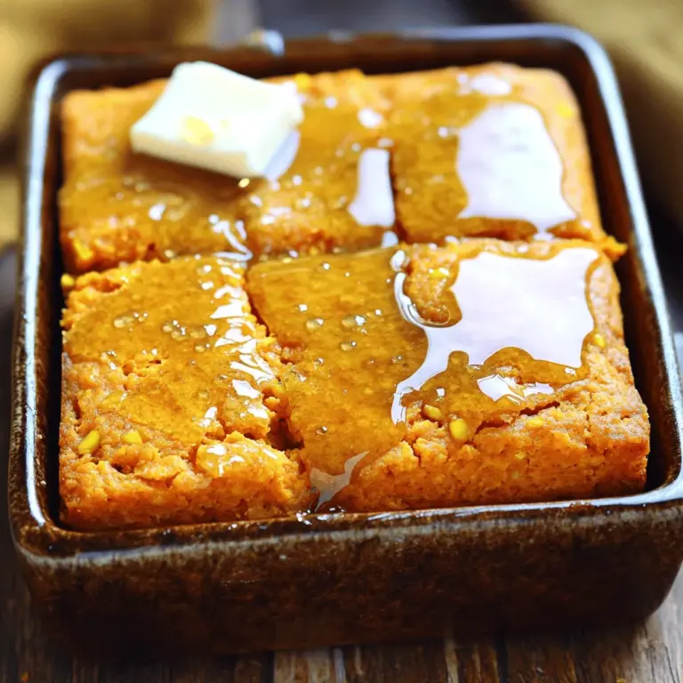 To make Honey Butter Sweet Potato Cornbread, you need simple ingredients. Here’s the list: - 1 cup mashed sweet potatoes - 1/2 cup unsalted butter - 1/2 cup honey - 2 large eggs - 1 cup buttermilk (or yogurt substitute) - 1 1/2 cups all-purpose flour - 1 cup cornmeal - 1 tablespoon baking powder - 1/2 teaspoon salt - 1 teaspoon cinnamon (optional) - 1/2 cup corn kernels Each ingredient adds flavor and texture. The sweet potatoes give a rich taste and sweet notes. Butter makes the cornbread moist, while honey adds sweetness. Eggs bind everything together and buttermilk brings a tender crumb. Cornmeal adds a lovely texture, and the baking powder helps it rise. Salt enhances all these flavors. If you like, add cinnamon for warmth, and corn kernels for extra sweetness and crunch. You can find the complete recipe listed above. Enjoy your cooking! - Preheat the oven to 400°F (200°C) and prepare your baking pan. You can grease a 9-inch square pan or line it with parchment paper for easy removal later. - Next, boil and mash the sweet potato. Peel it, chop it into chunks, and place it in a pot of boiling water. Cook until it's tender, about 15 minutes. Drain and mash it in a large bowl until smooth. - Now, cream the butter and honey together in a separate bowl. Use an electric mixer or whisk for about 2-3 minutes until it becomes light and fluffy. - Incorporate the eggs one at a time, mixing well after each addition. Pour in the buttermilk and the mashed sweet potatoes. Stir until all the wet ingredients blend together nicely. - Prepare the dry mixture by whisking together the flour, cornmeal, baking powder, salt, and optional cinnamon in another bowl. This helps to evenly distribute the baking powder and spices. - Combine the wet and dry ingredients by gradually adding the dry mix to the wet mix. Stir gently just until everything is combined. Do not overmix! Finally, fold in the corn kernels for some added texture and sweetness. - Pour the batter into your prepared pan. Use a spatula to smooth the top for even baking. - Bake in the preheated oven for 25-30 minutes. The top should be golden brown, and a toothpick inserted in the center will come out clean. - Once baked, let it cool in the pan for about 10 minutes. Then, transfer the cornbread to a wire rack to cool further. Serve warm for the best taste. For an extra treat, enjoy it with a bit of honey butter on top. For the Full Recipe, check the detailed instructions above. - Avoid overmixing for a light texture: When you mix the batter, do it gently. Overmixing can make your cornbread tough and dense. Stir just until you see no dry flour. This keeps it light and fluffy. - Adjust sweetness to taste: The recipe calls for a good amount of honey. If you like it sweeter, add a bit more honey. If you prefer a less sweet cornbread, reduce the honey. Find the right balance for your taste buds. - Not measuring ingredients correctly: Precision matters in baking. Use a scale or measuring cups for accuracy. A small error can change the texture and taste of your cornbread. - Not letting the cornbread cool: After baking, let the cornbread cool for at least 10 minutes. This helps it set and makes it easier to cut. If you skip this step, it may crumble when you slice it. {{image_2}} You can make this cornbread even more fun with some spices. Try adding a pinch of nutmeg or ginger. These spices lift the flavor and add warmth. If you like herbs, consider stirring in some fresh rosemary or thyme. These herbs give a savory twist that pairs well with the sweet potatoes. If you need a gluten-free option, swap regular flour for almond or coconut flour. These flours work well and keep the cornbread tasty. For a vegan version, use coconut oil instead of butter. You can also replace eggs with flaxseed meal mixed with water. This keeps the texture light and fluffy. Feel free to explore these variations to suit your taste and dietary needs. You can find the full recipe for Honey Butter Sweet Potato Cornbread earlier in this article. To keep your leftover cornbread fresh, wrap it in plastic wrap or foil. You can also place it in an airtight container. This keeps the moisture in. Store it in the fridge for up to 5 days. If you want to save it for longer, freezing is a great option. - Freezing options: Cut the cornbread into squares. Wrap each piece in plastic wrap, then place them in a freezer bag. Squeeze the air out before sealing. This helps prevent freezer burn. You can freeze the cornbread for up to 3 months. When you're ready to enjoy your cornbread, reheating is easy. You can use the oven, microwave, or stovetop. - Recommended methods: - Oven: Preheat to 350°F (175°C). Place the cornbread on a baking sheet. Heat for about 10-15 minutes. - Microwave: Place a slice on a microwave-safe plate. Heat for 20-30 seconds. - Tips for maintaining moisture: To keep it moist, cover the cornbread with a damp paper towel in the microwave. In the oven, add a small dish of water. This method creates steam and helps keep the cornbread soft. You can use plain yogurt or milk with vinegar. Just add 1 tablespoon of vinegar to a cup of milk. Let it sit for five minutes. This will create a tangy mix, perfect for our cornbread. Check the cornbread after 25 minutes. Insert a toothpick in the center. If it comes out clean, your cornbread is ready. The top should be golden brown and firm to touch. Yes, fresh sweet potatoes work great! Just boil and mash them. Aim for about one medium sweet potato. This will add a great flavor to your cornbread. Absolutely! You can prepare the batter a day ahead. Just store it in the fridge. Bake it the next day for a fresh taste. Serve it warm with honey butter. It pairs well with chili or soups too. You can also enjoy it with a side of greens or a salad. This cornbread is versatile and delicious! For the full recipe, check out the earlier section. This blog post detailed how to make Honey Butter Sweet Potato Cornbread, including key ingredients, step-by-step instructions, and helpful tips. You learned how to achieve the perfect texture and flavor balance. Remember to avoid common mistakes, like overmixing, to ensure your cornbread turns out great. With variations and storage tips, you can enjoy this dish in many ways. Try it out and impress your family and friends with your baking skills! Happy cooking!