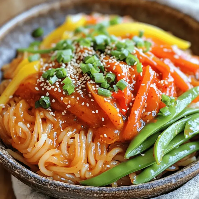 - 8 oz (225g) rice noodles - 2 tablespoons vegetable oil - 1 cup bell peppers (red and yellow), sliced - 1 cup carrots, julienned - 1 cup snap peas, trimmed - 3 green onions, chopped (reserve some for garnish) - 2 cloves garlic, minced - 3 tablespoons gochujang (Korean chili paste) - 2 tablespoons soy sauce - 1 tablespoon sesame oil - 1 teaspoon honey - 1 teaspoon rice vinegar - Sesame seeds for garnish Rice noodles provide a gluten-free option rich in carbs for energy. They cook fast and soak up flavors well. Vegetable oil is a great source of healthy fats. It helps cook the veggies without burning. Bell peppers are full of vitamins A and C. They boost your immune system and add color. Carrots are excellent for your eyes. They have beta-carotene, which your body turns into vitamin A. Snap peas add fiber and protein. They help you feel full and support digestion. Green onions have antioxidants and can improve heart health. They add a mild onion flavor. Garlic has many health benefits. It can help lower blood pressure and boost immunity. Gochujang is spicy and sweet. It contains probiotics, which help gut health. Soy sauce adds umami flavor. It contains amino acids that can aid in muscle repair. Sesame oil is rich in antioxidants. It adds a nutty flavor to the dish. Honey is a natural sweetener. It has antioxidants and can soothe coughs. Rice vinegar helps balance flavors. It may help with digestion and weight loss. Sesame seeds are tiny powerhouses. They contain healthy fats, protein, and minerals. You can find gochujang at most Asian grocery stores. Check the international aisle in big supermarkets too. Rice noodles are often found near the pasta or in the Asian section. Look for brands that make rice noodles. Fresh veggies like bell peppers, carrots, and snap peas are best at local markets or grocery stores. Green onions can be found in the produce section, usually near the herbs. Garlic is widely available. Buy fresh cloves or pre-minced for ease. For soy sauce and sesame oil, look in the Asian foods aisle or specialty shops. Honey and rice vinegar are common in most grocery stores. Check the baking or condiment sections. Lastly, sesame seeds are easy to find. Look for them in the baking aisle or near spices. For a detailed recipe, check the Full Recipe. Start by boiling water in a large pot. Once boiling, add 8 oz of rice noodles. Cook the noodles according to the package instructions. You want them to be al dente, which means they should still have a bite. After cooking, drain the noodles and rinse them under cold water. This stops the cooking process. Set the noodles aside for later. In a large skillet or wok, heat 2 tablespoons of vegetable oil over medium-high heat. Add 1 cup of sliced bell peppers, 1 cup of julienned carrots, and 1 cup of trimmed snap peas. Stir-fry the vegetables for about 4 to 5 minutes. You want them to begin softening but still be crisp. This adds great texture to your dish. Next, add 2 cloves of minced garlic and 3 chopped green onions. Stir-fry for an extra minute until you can smell the garlic. In a small bowl, mix together 3 tablespoons of gochujang, 2 tablespoons of soy sauce, 1 tablespoon of sesame oil, 1 teaspoon of honey, and 1 teaspoon of rice vinegar. Whisk until smooth. This sauce adds a sweet and spicy kick to your noodles. Now it's time to bring it all together. Add the cooked noodles to the skillet with the vegetables. Pour the gochujang sauce over the noodles. Toss everything together until the noodles are well coated. Heat everything for about 2 to 3 minutes. This step makes sure that the flavors blend well. Transfer the gochujang noodles to serving bowls. Garnish with reserved green onions and a sprinkle of sesame seeds. Enjoy your delicious dish! For the full recipe, check the previous sections! To get the best noodle texture, follow these steps: - Choose rice noodles: They have a great chew and soak up flavors well. - Cook to al dente: Boil them just until they are firm but not hard. - Rinse with cold water: This stops the cooking and prevents stickiness. This technique keeps the noodles from clumping together later. For richer flavor in your gochujang noodles, try these tips: - Use high heat: Stir-frying over high heat helps lock in flavors. - Add aromatics early: Sauté garlic and green onions first to release their oils. - Toss quickly: Stir-fry quickly to keep the veggies crisp and vibrant. These methods will give your dish depth and a tasty kick. Garnishing makes your dish look great and adds flavor: - Chopped green onions: Sprinkle these on top for a fresh, oniony taste. - Sesame seeds: Add these for a nutty crunch. - Chili flakes: If you want more heat, sprinkle some chili flakes on top. Serve your gochujang noodles in a bowl and enjoy with chopsticks for an authentic experience. For the full recipe, refer to the recipe section above. {{image_2}} You can easily make this dish vegetarian or vegan. Simply skip the honey or use a plant-based sweetener. For extra flavor, add tofu or tempeh. You can sauté them until golden and crispy, then toss them in. If you want more protein, chicken, beef, or shrimp work great. Just cook the protein first. Remove it from the skillet and set it aside. Then stir-fry the veggies as usual. Add the protein back in when you mix everything together. If you need gluten-free noodles, use rice noodles, which are perfect here. You can also find gluten-free soy sauce. Just check the label to be sure. Enjoy the Full Recipe for all the tasty details! After you enjoy your Korean gochujang noodles, store any leftovers in an airtight container. This keeps out air and moisture. Place the container in the fridge. The noodles will stay good for up to three days. When you are ready to eat your leftovers, you can reheat them easily. Use a microwave-safe bowl. Add a splash of water to keep them moist. Heat in the microwave for about two minutes. Stir halfway through to warm evenly. You can also reheat them in a skillet. Just add a little oil over medium heat. Stir for about five minutes until hot. You can freeze gochujang noodles for later. First, let the noodles cool completely. Then, place them in a freezer-safe bag. Squeeze out as much air as you can before sealing. Label the bag with the date. They will stay fresh for up to three months. To enjoy, thaw them in the fridge overnight. Reheat as mentioned before. For the full recipe, check out the instructions above! Gochujang is a Korean chili paste. It has a thick texture and a deep red color. This paste combines heat and sweetness. It often contains fermented soybeans, salt, and sugar. You can use gochujang in many dishes. It adds flavor to soups, stews, and marinades. I also love it in Korean Gochujang Noodles. The heat from gochujang makes the dish exciting and tasty. Yes, you can use other sauces if needed. Sriracha can work for some heat. However, it lacks the unique sweetness. You might mix sriracha with miso paste for a better match. Another option is chili garlic sauce, but it will change the flavor. If you want a sweet taste, add sugar or honey. Remember, these substitutes change the dish's final taste. Some brands stand out in the market. I recommend Chung Jung One and Sunchang. These brands have good flavor and quality. You can find them in Asian grocery stores or online. They offer different heat levels too, so choose what you like. Always check the label for the best choice. To lower the spice, use less gochujang. Start with one tablespoon. Taste the dish, then add more if you want it spicier. You can also mix in a bit of sugar or honey. This addition balances the heat. For extra spice, add more gochujang or a dash of chili flakes. Adjust to your taste for a perfect meal. Korean Gochujang noodles are simple, tasty, and good for you. We explored the key ingredients, their health benefits, and where to find them. You learned how to cook the noodles, stir-fry the veggies, and make the flavorful sauce. Don't forget the tips for perfect texture and great garnishes. You can also try veggie options, add protein, or go gluten-free. Store leftovers well and follow the reheating tips. Enjoy making this dish your own!