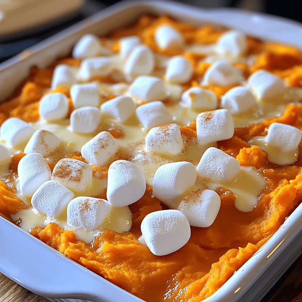 To make a sweet potato casserole, gather these key ingredients: - 3 large sweet potatoes (about 2 pounds), peeled and cubed - 1/2 cup brown sugar - 1/4 cup granulated sugar - 1/2 cup unsalted butter, melted - 1/4 cup milk - 1 teaspoon vanilla extract - 1/2 teaspoon ground cinnamon - 1/4 teaspoon ground nutmeg - 1/4 teaspoon salt - 2 cups mini marshmallows These ingredients create a creamy and sweet base, perfect for your casserole. You can add some fun extras to make your casserole unique. Here are some ideas: - Chopped pecans for crunch - Coconut flakes for a tropical twist - A touch of maple syrup for extra sweetness - A splash of orange juice for brightness Feel free to mix and match these options to suit your taste! If you have dietary needs, here are some substitutions: - Use coconut milk instead of regular milk for a dairy-free option. - Swap the butter with coconut oil for a vegan alternative. - For a lower-sugar version, try using a sugar substitute. These swaps help keep the dish delicious while meeting your dietary needs. For the full recipe, you can check here: [Full Recipe]. Start by peeling the sweet potatoes. I use about three large ones, weighing around two pounds. Next, cut them into cubes. This helps them cook evenly. In a large pot, bring salted water to a boil. Add the sweet potato cubes and cook for about 15 minutes. They should be fork-tender. Once done, drain the water and let them cool for a few minutes. In a mixing bowl, mash the cooled sweet potatoes until they are smooth. This step is key for a creamy texture. Then, add in the brown sugar, granulated sugar, melted butter, milk, vanilla extract, ground cinnamon, ground nutmeg, and salt. Mix everything well until it’s combined and creamy. This mix is the heart of your casserole. Transfer it into a greased 9x13 inch baking dish. Smooth the top with a spatula for even baking. Now, it’s time to bake! Preheat your oven to 350°F (175°C). Sprinkle two cups of mini marshmallows evenly over the sweet potato mixture. Bake in your preheated oven for 25 to 30 minutes. Keep an eye on it; you want the marshmallows to be golden brown and slightly toasted. Once done, remove it from the oven and let it cool for a few minutes before serving. Enjoy this sweet potato casserole as a delightful side dish! For the full recipe, check out [Full Recipe]. To make your sweet potato casserole smooth, start by cooking the sweet potatoes right. Boil them in salted water until they are fork-tender, about 15 minutes. Drain and let them cool a bit. When you mash the sweet potatoes, ensure there are no lumps. A smooth texture is key to a great casserole. You can boost the flavor in your casserole easily. Try adding a pinch of cayenne pepper for a bit of heat. A splash of orange juice can add a nice citrus twist. You might also want to mix in some chopped pecans for a crunchy texture. Don’t forget to taste as you mix! Serve your sweet potato casserole warm from the oven. For a lovely touch, sprinkle some chopped pecans on top. A dusting of cinnamon adds a nice pop of color and flavor. You can also pair it with savory dishes like roast turkey or ham. This makes it a fantastic side for any holiday feast. For the full recipe, check out the details above. {{image_2}} While marshmallows add a sweet touch, you can try other toppings. Consider using crushed graham crackers for a crunchy layer. You can sprinkle brown sugar and butter on top for a caramelized finish. Or, how about a nutty topping made from chopped pecans? These options can give your sweet potato casserole a twist. You can switch the flavor profile by adjusting sweet and savory elements. If you prefer a savory dish, cut back on sugars. Add ingredients like cheese or herbs for a unique taste. For a sweeter version, increase brown sugar and add maple syrup. Both versions can delight your guests! Nuts bring a lovely crunch to the dish. Chopped pecans or walnuts can enhance the texture. You can also mix in fruits like cranberries or apples for a fruity surprise. These additions not only improve flavor but also add nutrition. Experiment with these ideas to create your perfect casserole. For the full recipe, check out the Sweet Potato Marshmallow Delight. To keep your sweet potato casserole fresh, let it cool first. Cover the dish with plastic wrap or a lid. Store it in the fridge. It should stay good for about 3 to 5 days. If you want to save space, transfer it to an airtight container. To reheat, preheat your oven to 350°F (175°C). Place the casserole in an oven-safe dish. Cover it with foil to prevent drying out. Heat for 15 to 20 minutes. If you want to toast the marshmallows, remove the foil for the last 5 minutes. If you want to freeze your casserole, let it cool completely. Wrap it tightly in plastic wrap, then in aluminum foil. Label it with the date. It can freeze well for up to 3 months. To thaw, put it in the fridge overnight before reheating. Enjoy your Sweet Potato Marshmallow Delight later! For the full recipe, check the section above. Yes, you can make Sweet Potato Casserole ahead. Prepare the dish and store it in the fridge. Cover it with plastic wrap or foil. You can keep it for about two days. When ready to bake, remove it from the fridge. Let it sit at room temperature for 30 minutes before baking. This helps it cook evenly. To make this Sweet Potato Casserole vegan, swap butter for plant-based butter. Use almond milk instead of regular milk. For sweeteners, maple syrup is a great choice. You could also use coconut sugar. The mini marshmallows can be replaced with vegan marshmallows. Many brands offer this option today. Sweet Potato Casserole pairs well with many sides. Here are some ideas: - Green beans: Their crispness balances the softness of the casserole. - Stuffing: A savory stuffing complements the sweet flavors. - Roasted vegetables: Carrots or Brussels sprouts add color and nutrition. - Cranberry sauce: Its tartness cuts through the sweetness nicely. Try these sides to create a balanced meal. For the full recipe, check out the Sweet Potato Marshmallow Delight. This blog detailed how to make a delicious sweet potato casserole. We covered the key and optional ingredients, along with swaps for dietary needs. I shared step-by-step instructions and tips for the best texture and flavor. You can also explore different topping choices and ways to store leftovers. In the end, this dish is versatile and quick to prepare. Enjoy making this tasty casserole that fits your style and needs. The joy is in the cooking and sharing!