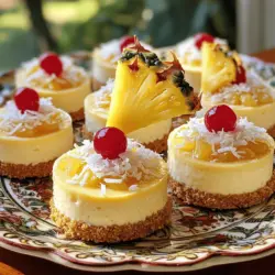 - 1 cup crushed graham crackers - 4 tablespoons unsalted butter, melted - 2 cups cream cheese, softened - 1/2 cup sugar - 2 large eggs - 1 teaspoon vanilla extract - 1/2 teaspoon coconut extract - 1 cup crushed pineapple (drained) The main ingredients create that creamy and sweet base for the mini cheesecakes. Cream cheese gives the cheesecake its rich texture. The graham crackers form a crunchy crust that pairs perfectly with the soft filling. Pineapple adds a tropical twist that makes this dessert delightful. - Maraschino cherries - Fresh pineapple slices Garnishes add fun and flair to your cheesecakes. Maraschino cherries bring a burst of color on top. Fresh pineapple slices enhance the tropical feel and add a fresh taste. These small touches make your dessert look great and taste even better. - Muffin tin - Mixing bowls - Electric mixer Using the right tools is key to success. A muffin tin helps shape the mini cheesecakes nicely. Mixing bowls come in handy for combining ingredients. An electric mixer quickly blends everything until smooth, saving you time and effort. For the full recipe, check out the [Full Recipe] link. This guide ensures you have everything you need for mini pineapple upside down cheesecakes. 1. Preheating: Start by preheating your oven to 325°F (160°C). This step ensures even baking. 2. Preparing the Graham Cracker Mixture: In a medium bowl, mix 1 cup of crushed graham crackers with 4 tablespoons of melted unsalted butter. Stir until the crumbs are moist and well combined. 1. Mixing Cream Cheese and Sugar: In a large bowl, beat 2 cups of softened cream cheese with an electric mixer. Mix until smooth. Gradually add 1/2 cup of sugar. Blend until fully mixed. 2. Adding Eggs and Flavors: Add 2 large eggs one at a time. Mix well after each egg. Then, add 1 teaspoon of vanilla extract and 1/2 teaspoon of coconut extract. Stir until combined. 1. Filling the Muffin Tin: Line a muffin tin with paper liners. Press about 1 tablespoon of the graham cracker mixture into each liner. Bake the crusts for 5 minutes, then let them cool slightly. Pour the cheesecake filling over the crusts, filling each cup about 3/4 full. 2. Baking and Cooling Time: Bake in the preheated oven for 20-25 minutes. The centers should be set but still jiggle slightly. Let them cool at room temperature for 10 minutes, then refrigerate for at least 2 hours to set. Enjoy making these delightful treats! For the full recipe, check out the details above. To get the best texture, always use softened cream cheese. Cold cream cheese makes it hard to mix smooth. Let it sit at room temperature for about 30 minutes before starting. This helps your batter blend well without lumps. Baking time is also crucial. Bake your mini cheesecakes until the center is set but still jiggly. Overbaking will make them dry. They need to chill to get that creamy texture. After baking, let them cool for 10 minutes, then refrigerate for at least 2 hours. Presentation is key for these mini cheesecakes. For garnish, a maraschino cherry on top adds a pop of color. You can also add a slice of fresh pineapple for a tropical touch. Serving on a decorative platter makes them look fancy. For extra flair, sprinkle toasted coconut flakes around the cheesecakes. This adds texture and flavor, making them even more inviting. One mistake to avoid is overmixing the batter. Mix just until combined to keep your cheesecakes light and fluffy. Overmixing can introduce too much air, leading to cracks. Another mistake is not draining the pineapple properly. Excess liquid can make your batter too wet. Always make sure to drain the crushed pineapple well. This step is vital for nice, thick cheesecakes. For the full recipe, check out the complete instructions and ingredient list. {{image_2}} Coconut Cream Variation For a tropical twist, add coconut cream to the cheesecake filling. This will give your mini cheesecakes a rich, creamy flavor. Simply mix in 1/2 cup of coconut cream with the cream cheese before adding the eggs. It brings a delightful taste that complements the pineapple well. Mixed Fruit Toppings You can switch up the toppings for a fun take. Instead of just pineapple, try using a mix of fruits. Fresh berries, bananas, or mango slices work great. Layer them on top of the cheesecake after chilling. This adds color and flavor for a beautiful presentation. Gluten-Free Crust Options If you need a gluten-free version, use gluten-free graham crackers. Crush them as you would regular ones for the crust. You'll still get that nice texture and taste. This keeps your dessert accessible to more people. Using Alternative Sweeteners For those looking to cut sugar, consider using alternative sweeteners. Options like stevia or erythritol can work well. Adjust the amount based on the sweetness level you prefer. Just mix them into the cream cheese like you would with sugar. Cupcake Versions If you want a fun twist, make cupcake versions! Use the same batter and bake it in cupcake liners. This makes for easy serving and fun for kids. Just keep an eye on the baking time, as they may need a few minutes less. No-Bake Options Want an easier route? Try no-bake mini cheesecakes. Simply mix the cream cheese, sugar, and flavorings. Then, pour it over the crust and chill until set. This method saves time and still gives you a yummy dessert. With these variations, you can customize your mini pineapple upside down cheesecakes. Check out the Full Recipe for more details! To keep your mini pineapple upside down cheesecakes fresh, store them in the fridge. Place them in an airtight container. You can layer them with parchment paper to prevent sticking. This method keeps them safe for about one week. If you want to save them longer, freezing is a great option. Wrap each cheesecake in plastic wrap, then place them in a freezer-safe bag. They can last for up to three months in the freezer. When ready to eat, just thaw in the fridge overnight. For the best taste, enjoy your mini cheesecakes within one week. After that, they may lose their flavor. Always check for signs of spoilage. If you see mold or if they have an off smell, it’s best to toss them. If you want to enjoy them warm, reheat them safely. The best way is to use a microwave. Heat each cheesecake for 10-15 seconds at a low setting. This method keeps the texture nice. You can also use an oven. Preheat to 300°F (150°C) and place the cheesecakes on a baking sheet. Heat for about 5-10 minutes. This will warm them without drying them out. Yes, you can prepare these mini cheesecakes ahead of time. They store well in the fridge. I recommend keeping them in an airtight container. They stay fresh for up to five days. This makes them perfect for parties or gatherings. You can also freeze them. Wrap each cheesecake tightly in plastic wrap, then place them in a freezer-safe bag. They can last up to two months in the freezer. Use the jiggle test to check for doneness. When you shake the muffin tin, the centers should jiggle slightly. If the edges are set and the center moves a bit, they are ready. Overbaking can make them dry, so keep an eye on the time. The baking time is typically 20-25 minutes at 325°F (160°C). Absolutely! Fresh pineapple adds a bright flavor. Make sure to cut it into small, even pieces. Drain any excess juice before mixing it into the batter. This keeps the cheesecake from getting too watery. For the best taste, use ripe pineapple. You can also grill the fresh pineapple for added flavor before adding it to the filling. If you lack a muffin tin, don't worry! You can use ramekins or small baking dishes instead. Just adjust the baking time based on the size of your containers. Fill them with the same crust and filling but remember to check for doneness. Larger dishes might need a bit longer to bake. You can also use a baking tray lined with parchment paper. Just scoop the batter into small mounds. Mini cheesecakes are a fun and easy treat, combining key ingredients like cream cheese and graham crackers. We explored how to make them from start to finish, sharing tips on texture and presentation. Remember to avoid common mistakes, like overmixing. Feel free to try flavor twists or dietary adjustments to suit your taste. Store these delights correctly to keep them fresh. Now, get ready to impress with your delicious mini cheesecakes!