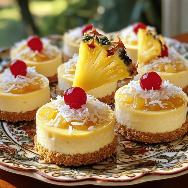 - 1 cup crushed graham crackers - 4 tablespoons unsalted butter, melted - 2 cups cream cheese, softened - 1/2 cup sugar - 2 large eggs - 1 teaspoon vanilla extract - 1/2 teaspoon coconut extract - 1 cup crushed pineapple (drained) The main ingredients create that creamy and sweet base for the mini cheesecakes. Cream cheese gives the cheesecake its rich texture. The graham crackers form a crunchy crust that pairs perfectly with the soft filling. Pineapple adds a tropical twist that makes this dessert delightful. - Maraschino cherries - Fresh pineapple slices Garnishes add fun and flair to your cheesecakes. Maraschino cherries bring a burst of color on top. Fresh pineapple slices enhance the tropical feel and add a fresh taste. These small touches make your dessert look great and taste even better. - Muffin tin - Mixing bowls - Electric mixer Using the right tools is key to success. A muffin tin helps shape the mini cheesecakes nicely. Mixing bowls come in handy for combining ingredients. An electric mixer quickly blends everything until smooth, saving you time and effort. For the full recipe, check out the [Full Recipe] link. This guide ensures you have everything you need for mini pineapple upside down cheesecakes. 1. Preheating: Start by preheating your oven to 325°F (160°C). This step ensures even baking. 2. Preparing the Graham Cracker Mixture: In a medium bowl, mix 1 cup of crushed graham crackers with 4 tablespoons of melted unsalted butter. Stir until the crumbs are moist and well combined. 1. Mixing Cream Cheese and Sugar: In a large bowl, beat 2 cups of softened cream cheese with an electric mixer. Mix until smooth. Gradually add 1/2 cup of sugar. Blend until fully mixed. 2. Adding Eggs and Flavors: Add 2 large eggs one at a time. Mix well after each egg. Then, add 1 teaspoon of vanilla extract and 1/2 teaspoon of coconut extract. Stir until combined. 1. Filling the Muffin Tin: Line a muffin tin with paper liners. Press about 1 tablespoon of the graham cracker mixture into each liner. Bake the crusts for 5 minutes, then let them cool slightly. Pour the cheesecake filling over the crusts, filling each cup about 3/4 full. 2. Baking and Cooling Time: Bake in the preheated oven for 20-25 minutes. The centers should be set but still jiggle slightly. Let them cool at room temperature for 10 minutes, then refrigerate for at least 2 hours to set. Enjoy making these delightful treats! For the full recipe, check out the details above. To get the best texture, always use softened cream cheese. Cold cream cheese makes it hard to mix smooth. Let it sit at room temperature for about 30 minutes before starting. This helps your batter blend well without lumps. Baking time is also crucial. Bake your mini cheesecakes until the center is set but still jiggly. Overbaking will make them dry. They need to chill to get that creamy texture. After baking, let them cool for 10 minutes, then refrigerate for at least 2 hours. Presentation is key for these mini cheesecakes. For garnish, a maraschino cherry on top adds a pop of color. You can also add a slice of fresh pineapple for a tropical touch. Serving on a decorative platter makes them look fancy. For extra flair, sprinkle toasted coconut flakes around the cheesecakes. This adds texture and flavor, making them even more inviting. One mistake to avoid is overmixing the batter. Mix just until combined to keep your cheesecakes light and fluffy. Overmixing can introduce too much air, leading to cracks. Another mistake is not draining the pineapple properly. Excess liquid can make your batter too wet. Always make sure to drain the crushed pineapple well. This step is vital for nice, thick cheesecakes. For the full recipe, check out the complete instructions and ingredient list. {{image_2}} Coconut Cream Variation For a tropical twist, add coconut cream to the cheesecake filling. This will give your mini cheesecakes a rich, creamy flavor. Simply mix in 1/2 cup of coconut cream with the cream cheese before adding the eggs. It brings a delightful taste that complements the pineapple well. Mixed Fruit Toppings You can switch up the toppings for a fun take. Instead of just pineapple, try using a mix of fruits. Fresh berries, bananas, or mango slices work great. Layer them on top of the cheesecake after chilling. This adds color and flavor for a beautiful presentation. Gluten-Free Crust Options If you need a gluten-free version, use gluten-free graham crackers. Crush them as you would regular ones for the crust. You'll still get that nice texture and taste. This keeps your dessert accessible to more people. Using Alternative Sweeteners For those looking to cut sugar, consider using alternative sweeteners. Options like stevia or erythritol can work well. Adjust the amount based on the sweetness level you prefer. Just mix them into the cream cheese like you would with sugar. Cupcake Versions If you want a fun twist, make cupcake versions! Use the same batter and bake it in cupcake liners. This makes for easy serving and fun for kids. Just keep an eye on the baking time, as they may need a few minutes less. No-Bake Options Want an easier route? Try no-bake mini cheesecakes. Simply mix the cream cheese, sugar, and flavorings. Then, pour it over the crust and chill until set. This method saves time and still gives you a yummy dessert. With these variations, you can customize your mini pineapple upside down cheesecakes. Check out the Full Recipe for more details! To keep your mini pineapple upside down cheesecakes fresh, store them in the fridge. Place them in an airtight container. You can layer them with parchment paper to prevent sticking. This method keeps them safe for about one week. If you want to save them longer, freezing is a great option. Wrap each cheesecake in plastic wrap, then place them in a freezer-safe bag. They can last for up to three months in the freezer. When ready to eat, just thaw in the fridge overnight. For the best taste, enjoy your mini cheesecakes within one week. After that, they may lose their flavor. Always check for signs of spoilage. If you see mold or if they have an off smell, it’s best to toss them. If you want to enjoy them warm, reheat them safely. The best way is to use a microwave. Heat each cheesecake for 10-15 seconds at a low setting. This method keeps the texture nice. You can also use an oven. Preheat to 300°F (150°C) and place the cheesecakes on a baking sheet. Heat for about 5-10 minutes. This will warm them without drying them out. Yes, you can prepare these mini cheesecakes ahead of time. They store well in the fridge. I recommend keeping them in an airtight container. They stay fresh for up to five days. This makes them perfect for parties or gatherings. You can also freeze them. Wrap each cheesecake tightly in plastic wrap, then place them in a freezer-safe bag. They can last up to two months in the freezer. Use the jiggle test to check for doneness. When you shake the muffin tin, the centers should jiggle slightly. If the edges are set and the center moves a bit, they are ready. Overbaking can make them dry, so keep an eye on the time. The baking time is typically 20-25 minutes at 325°F (160°C). Absolutely! Fresh pineapple adds a bright flavor. Make sure to cut it into small, even pieces. Drain any excess juice before mixing it into the batter. This keeps the cheesecake from getting too watery. For the best taste, use ripe pineapple. You can also grill the fresh pineapple for added flavor before adding it to the filling. If you lack a muffin tin, don't worry! You can use ramekins or small baking dishes instead. Just adjust the baking time based on the size of your containers. Fill them with the same crust and filling but remember to check for doneness. Larger dishes might need a bit longer to bake. You can also use a baking tray lined with parchment paper. Just scoop the batter into small mounds. Mini cheesecakes are a fun and easy treat, combining key ingredients like cream cheese and graham crackers. We explored how to make them from start to finish, sharing tips on texture and presentation. Remember to avoid common mistakes, like overmixing. Feel free to try flavor twists or dietary adjustments to suit your taste. Store these delights correctly to keep them fresh. Now, get ready to impress with your delicious mini cheesecakes!