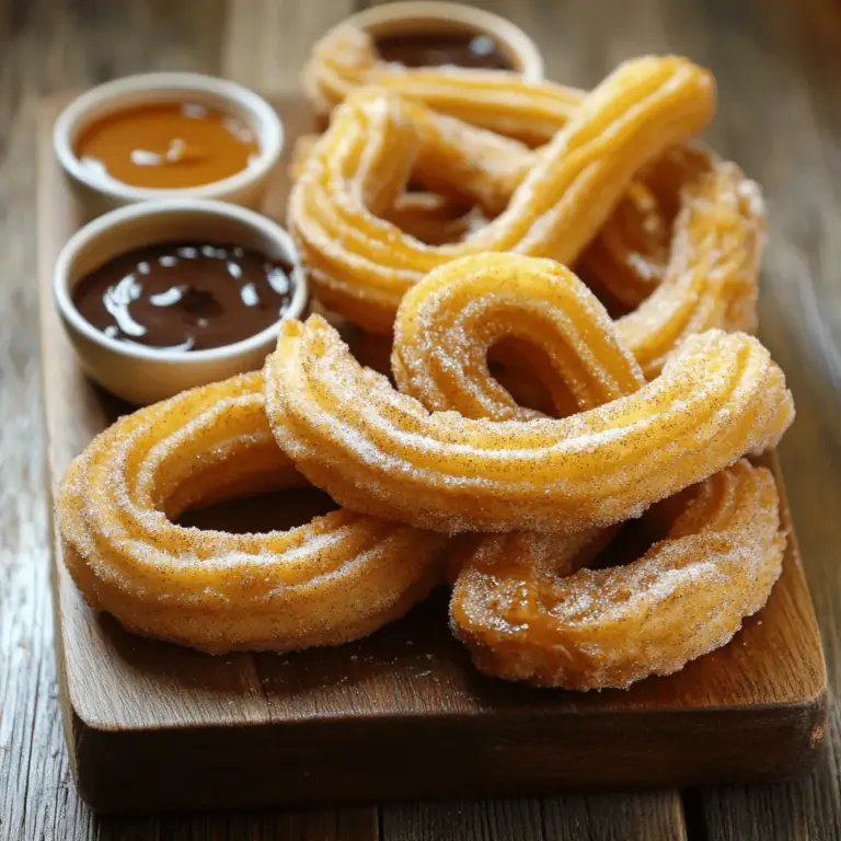 - 1 cup water - 2 tablespoons unsalted butter - 2 tablespoons granulated sugar - 1/4 teaspoon salt - 1 cup all-purpose flour - 2 large eggs - 1 teaspoon vanilla extract - 1 cup granulated sugar (for coating) - 2 teaspoons ground cinnamon - Vegetable oil (for frying) When making cinnamon sugar churros, the right ingredients are key. Each one plays a big role in making them delicious. Water brings moisture. Unsalted butter adds richness. Granulated sugar sweetens the dough. Salt deepens the taste. All-purpose flour gives structure. Eggs help it rise and make it fluffy. Vanilla extract adds a warm flavor that everyone loves. For the topping, a mix of granulated sugar and ground cinnamon creates that classic churro taste. Finally, vegetable oil is what you need for frying. It should be hot enough to make the churros golden and crispy. Using these ingredients will ensure your churros are a hit! - Medium saucepan - Wooden spoon - Deep pot or fryer - Piping bag with a star tip - Slotted spoon - Paper towels Gathering the right tools is just as important as the ingredients. A medium saucepan is perfect for making the dough. You'll need a wooden spoon to stir everything together. A deep pot or fryer is best for frying the churros. A piping bag with a star tip helps shape the churros. A slotted spoon lets you remove them from the hot oil without getting burned. Paper towels are great for draining excess oil. With these tools, you'll make churros like a pro! For the full recipe, check out the details above! To start, I grab a medium saucepan. I combine 1 cup of water, 2 tablespoons of unsalted butter, 2 tablespoons of granulated sugar, and 1/4 teaspoon of salt. I bring this to a boil over medium heat until the butter melts completely. Next, I remove the pan from heat. I add 1 cup of all-purpose flour all at once. Then, I stir vigorously with a wooden spoon. It takes about 1-2 minutes until the dough forms a ball and pulls away from the pan's sides. After that, I let the dough cool for about 5 minutes. I add 2 large eggs one at a time, mixing well after each. Finally, I stir in 1 teaspoon of vanilla extract until the dough is smooth and elastic. Now, I need to heat about 2 inches of vegetable oil in a deep pot. I bring the oil to a temperature of 350°F (175°C). While the oil heats, I prepare a piping bag fitted with a star tip. I fill the bag with the churro dough. I carefully pipe strips of dough, about 4-6 inches long, into the hot oil. I make sure not to overcrowd the pot. I fry the churros until they turn golden brown, which takes about 2-3 minutes per side. Using a slotted spoon, I remove the churros from the oil and place them on a paper towel-lined plate to drain excess oil. In a shallow bowl, I combine 1 cup of granulated sugar and 2 teaspoons of ground cinnamon. While the churros are still warm, I roll them in the cinnamon sugar mixture until they are fully coated. I repeat this frying and coating process until all the dough is used. For presentation, I serve the churros warm on a platter. I like to add small bowls of chocolate or caramel dipping sauce for an extra treat. For the complete recipe, check the Full Recipe section. To make the best churros, start with the oil temperature. Heat the oil to 350°F (175°C). This heat helps the churros cook fast and become crispy. Use a thermometer to check the oil. If it’s too hot, the outside burns before the inside cooks. Too cool oil makes the churros greasy. Next, focus on piping the dough. Use a piping bag with a star tip. This creates the classic churro shape. Pipe straight lines, about 4-6 inches long. Don’t overcrowd the pot; fry just a few at a time. This keeps them from sticking and cooking unevenly. Lastly, avoid sogginess. After frying, place churros on paper towels to absorb extra oil. Coat them while they are warm. This helps the cinnamon sugar stick better. To add fun flavors, try spices or zest. A dash of nutmeg or orange zest can brighten the taste. You can also mix ground ginger for a spicy kick. Consider using flavored dipping sauces. Chocolate sauce is a classic choice. For a twist, try caramel or even a fruit sauce like raspberry. These dips enhance the churro experience and add more fun. Finally, experiment with different coatings. Besides cinnamon sugar, try powdered sugar or even crushed nuts. This adds texture and makes your churros even more special. For the complete recipe, check the Full Recipe section. {{image_2}} You can make churros in fun and tasty ways. Here are some ideas: - Chocolate churros: Add cocoa powder to your dough. This gives a rich, deep flavor that pairs well with chocolate sauce. Just mix in 2 tablespoons of cocoa with your flour. - Pumpkin spice churros: Perfect for fall, add pumpkin puree and spices. Mix in 1/2 cup of pumpkin and 1 teaspoon of cinnamon, nutmeg, or ginger for a seasonal treat. - Matcha-flavored churros: Add a unique twist with matcha powder. Combine 1 tablespoon of matcha with your flour. This gives a subtle, earthy flavor and a beautiful green hue. Dipping sauces add even more fun. Here are some tasty options: - Traditional chocolate sauce: This classic choice is always a hit. Melt chocolate and mix in cream for a rich sauce. - Caramel or caramel-infused sauce: Drizzle warm caramel over the churros for a sweet touch. You can also mix caramel with a bit of sea salt for a savory flavor. - Fruit-based sauces: Try making a sauce with fresh berries. Blend raspberries or strawberries with sugar for a refreshing dip. This adds a nice fruity balance to the sweet churros. Try these variations to make your cinnamon sugar churros even more special. You’ll impress everyone with your creativity! - How to store leftover churros To keep your churros fresh, place them in an airtight container. You can layer parchment paper between them to prevent sticking. Store them at room temperature for the best taste. - Reheating methods for optimal texture To reheat churros, use an oven set to 350°F (175°C). Place them on a baking sheet for 5-7 minutes. This method keeps them crispy. You can also microwave them for 10-15 seconds, but they may lose some crunch. - Freezing churros for future enjoyment For longer storage, you can freeze churros. Allow them to cool completely, then place them in a freezer-safe bag. They can last up to two months in the freezer. When ready to enjoy, reheat directly from the freezer. - Duration of freshness at room temperature Churros are best enjoyed fresh but can stay good for about 1-2 days at room temperature. After that, they may start to lose their texture. - Refrigeration and freezing timelines If refrigerated, churros will last about a week. Freezing them extends their shelf life to about two months while maintaining flavor. - Signs of spoilage Watch for changes in texture or smell. If churros feel soft or have an off smell, it’s best to toss them. Fresh churros should have a delightful cinnamon aroma and a crispy exterior. What is the best type of oil for frying churros? I recommend using vegetable oil. It has a high smoke point, which helps churros fry evenly. Canola oil is another great option. Both oils let you achieve that perfect golden color and crispy texture. Can I make churro dough ahead of time? Yes, you can make the churro dough ahead of time. Keep it in the fridge for up to 24 hours. Just make sure to bring it back to room temperature before piping and frying. This will help the churros puff up nicely. How can I make churros gluten-free? To make gluten-free churros, swap all-purpose flour for a gluten-free flour blend. Look for one that includes xanthan gum for better texture. This way, you can enjoy churros without gluten. Why did my churros turn out flat? Flat churros usually happen if the dough has too much moisture. Make sure you follow the recipe closely and let the dough cool before adding eggs. If it seems too wet, add a little more flour. What if my churro dough is too sticky? If your dough is sticky, it might need more flour. Add it little by little until it reaches a smooth, workable texture. A good dough should hold its shape when piped. Tips for dealing with overcrowding in hot oil Avoid overcrowding the pot while frying. Fry in small batches, leaving space between each churro. This helps maintain the oil temperature and ensures even cooking. If the oil cools too much, the churros won't crisp up. Making churros is a fun and tasty project. You need simple ingredients and equipment. Follow the steps to fry delicious churros and coat them in cinnamon sugar. Use tips to achieve the best texture and flavor. In the end, churros are a treat you can customize with fun twists. Whether you stick to the classic or explore new flavors, you’ll enjoy every bite. Try these tips, and soon, you’ll be a churro expert. Happy frying!