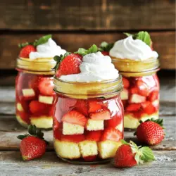 Here is what you need to make Strawberry Shortcake Cake Jars: - 1 cup all-purpose flour - 1 teaspoon baking powder - 1/2 teaspoon baking soda - 1/4 teaspoon salt - 1/4 cup unsalted butter, softened - 1/2 cup granulated sugar - 1 large egg - 1/2 teaspoon vanilla extract - 1/2 cup buttermilk - 2 cups fresh strawberries, hulled and sliced - 2 tablespoons sugar (for macerating strawberries) - 1 cup heavy cream - 3 tablespoons powdered sugar - 1 teaspoon vanilla extract (for whipped cream) - Mint leaves for garnish (optional) Each ingredient plays a key role. The flour gives structure, while the sugar adds sweetness. Fresh strawberries bring a burst of flavor. The heavy cream makes a light and fluffy whipped topping. You can find the full recipe with detailed steps to create these delightful jars. To prepare the strawberries, start by hulling and slicing them. In a small bowl, mix the sliced strawberries with 2 tablespoons of sugar. This process is called maceration. Let them sit for at least 30 minutes. The sugar pulls out the natural juices. This step is crucial. The juices add flavor and moisture to your dessert. You will have a sweet, syrupy mix that enhances every bite. Now, let’s make the shortcake. First, preheat your oven to 350°F (175°C). Grease a small baking dish or line it with parchment paper. In a medium bowl, whisk together the flour, baking powder, baking soda, and salt. This ensures even rising. In a large bowl, beat the softened butter and granulated sugar together. Mix until it looks light and fluffy, which takes about 3-4 minutes. Next, add the egg and vanilla extract. Mix in well. Now, alternate adding the dry mixture and buttermilk to the butter mixture. Start and end with the dry ingredients. Mix just until combined. Do not overmix, as this can make the cake tough. Pour the batter into the prepared dish and bake for 20-25 minutes, or until a toothpick comes out clean. Let the cake cool completely. Once the cake has cooled, cut it into small cubes. Now for the fun part: assembling the jars! In clean jars, layer the cake cubes, macerated strawberries (make sure to include the juices), and whipped cream. Repeat the layers until the jars are full. Finish with a dollop of whipped cream on top. This makes each jar look beautiful and inviting. If you want, add fresh mint leaves for a pop of color and flavor. Each layer should be visible for a stunning presentation. For the best effect, use clear jars so everyone can see the layers. Enjoy your delightful dessert! For the complete recipe, refer to the Full Recipe section. How do I avoid overmixing the batter? To avoid overmixing, mix the wet and dry ingredients just until combined. Look for a few lumps. If you mix too much, the cake can become tough. Remember, a gentle hand keeps your cake soft and fluffy. What is the ideal consistency for whipped cream? The perfect whipped cream should hold soft peaks. This means when you lift the beaters, it forms a gentle curl. To get this, beat the cream until it thickens but still looks creamy. What are some creative garnishing options? You can add fresh mint leaves for a pop of color. Sliced strawberries on top also work well. A sprinkle of crushed cookies can add texture too. How can I set up the jars for a visually appealing look? Layering is key! Start with cake cubes, then strawberries, and finish with whipped cream. Repeat these layers. Use clear jars so everyone can see the beautiful colors inside. What are some good pairing ideas for the dessert? Serve your jars with a scoop of vanilla ice cream for extra creaminess. A cup of tea or coffee pairs nicely too. This dessert also shines at picnics or summer parties. What suggestions do you have for themed events? For a summer event, use bright tablecloths and fresh flowers. For a birthday, add colorful sprinkles to the top. You can also label each jar with fun names for guests to enjoy! {{image_2}} You can play with flavors in many fun ways. Instead of strawberries, try blueberries or raspberries. Both fruits add a nice twist to your cake jars. For whipped cream, you can mix in different flavors. Try adding a splash of almond extract or some cocoa powder for a chocolate treat. These small changes can create new favorites. If you need a gluten-free option for the cake, use almond flour or a gluten-free mix. These will still give you a great texture. For whipped cream, you can use coconut cream or a vegan whipped topping. Both options taste amazing and keep the dessert light and fluffy. You can prep your cake jars in advance. Make the cake and whipped cream a day before. Just store them separately until you are ready to assemble. Keep the jars in the fridge to keep them fresh. For best taste, serve them within three days. This way, you save time and still enjoy a delightful dessert. To keep your Strawberry Shortcake Cake Jars fresh, store them in the fridge. Use airtight containers or jars with lids. This way, they stay moist and tasty. If you stack jars, place parchment paper between them to avoid squishing the layers. These cake jars last for about 3 to 5 days in the fridge. The strawberries may soften over time, but the flavor remains great. Just make sure to enjoy them before they lose their freshness. You can freeze individual jars for later. To do this, let the jars cool completely first. Then, seal them tightly with a lid or plastic wrap. This helps prevent freezer burn. When you're ready to eat, take a jar out and let it thaw in the fridge overnight. For quicker thawing, place the jar in cool water for about an hour. Avoid using a microwave, as this can change the texture of the cake and cream. To ensure the dessert is safe to eat, check for signs of spoilage. If the cake smells off or the strawberries look mushy, it’s best to toss them. Also, if you see any mold, do not eat it. Always look for a change in texture or smell. If you keep good storage habits, you can enjoy your Strawberry Shortcake Cake Jars with peace of mind. You can use milk and vinegar as a buttermilk substitute. Mix 1 cup of milk with 1 tablespoon of white vinegar. Let it sit for 5 minutes. This creates a similar tangy taste and texture. Other options include yogurt or sour cream mixed with water. Each gives your cake a nice moisture. Yes, you can use frozen strawberries. They work well in cake jars. However, fresh strawberries taste best. They add a bright flavor and nice texture. If using frozen, let them thaw and drain excess juice. This keeps your cake jars from getting soggy. Yes, many stores sell pre-made cake jars. You can find them in bakeries or grocery stores. They are a handy option if you’re short on time. Just check the labels for quality ingredients. This can save you time but may lack the freshness of homemade. The prep time is about 20 minutes. After baking, let the cake cool for about 1 hour. This brings the total time to around 2 hours. You need time for the cake to cool before assembling the jars. Don't rush; let the flavors meld for the best taste. You learned how to make delicious strawberry shortcake jars. We went through each step from the ingredients to tips for perfect texture and presentation. Remember to layer carefully and choose fresh fruits or dietary options as you prefer. This dessert is versatile, making it great for any occasion. Enjoy making and sharing these sweet creations, and don't hesitate to experiment with flavors. With the right techniques, your strawberry shortcake jars will impress everyone. Happy baking!