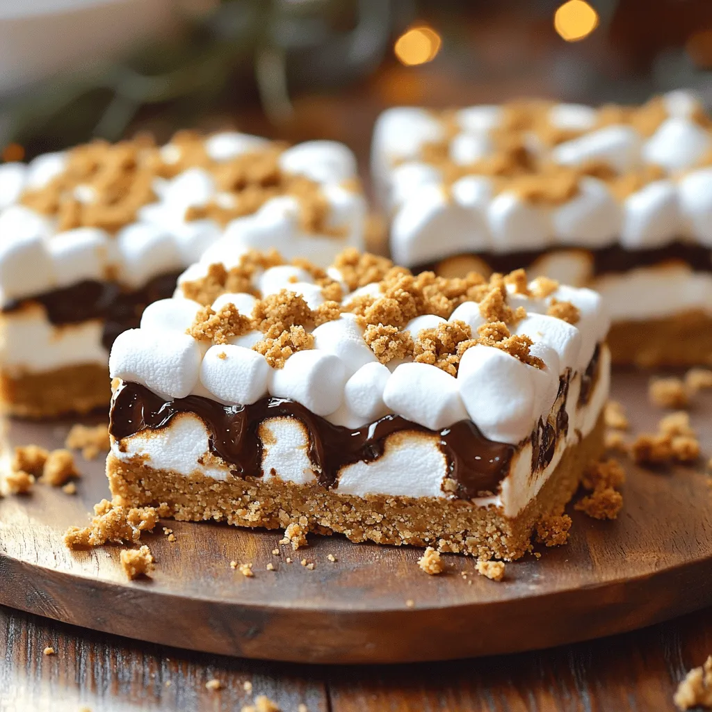 To make these Oven-Baked S'mores Bars, you need the following items: - 1 cup graham cracker crumbs - 1/2 cup all-purpose flour - 1/3 cup brown sugar, packed - 1/2 cup unsalted butter, melted - 1/4 teaspoon salt - 1/2 teaspoon baking powder - 1 cup mini marshmallows - 1 cup chocolate chips (milk or dark) - 1/2 cup chopped nuts (optional) Each ingredient plays a key role. The graham cracker crumbs give a nice base. The flour helps bind everything. Brown sugar adds sweetness and a hint of caramel. Butter brings richness. Salt enhances all the flavors, while baking powder makes them rise slightly. Marshmallows and chocolate chips make it a true s'mores delight. You can add nuts for crunch, or skip them if you prefer. This recipe is simple and fun. You can find the full recipe for more details on how to combine these ingredients. Enjoy making these tasty treats! - Preheat your oven to 350°F (175°C). - Line an 8x8 inch baking dish with parchment paper. This helps with easy removal later. - In a bowl, combine graham cracker crumbs, flour, brown sugar, melted butter, salt, and baking powder. Mix until you have a crumbly dough. - Reserve a half cup of this mixture for later. This will be the topping for the bars. - Bake the crust in the oven for 10 minutes. It should be lightly set and just starting to brown. - Once baked, take the crust out and sprinkle chocolate chips evenly over the top. - Next, add mini marshmallows over the chocolate chips. - Finally, crumble the reserved graham cracker mixture over the marshmallows. For a crunch, you can add chopped nuts if you like. - Return the dish to the oven and bake for another 15-20 minutes. You want the marshmallows to be golden brown and slightly puffed. - Let the bars cool for at least 10 minutes in the pan. Use the parchment overhang to lift them out. - Slice into squares and serve warm for a gooey s'mores treat! For the full recipe, check [Full Recipe]. To get golden marshmallows, watch your oven closely. Bake them until they puff up and turn brown. This usually takes about 15 to 20 minutes. Using parchment paper is key for easy removal. It helps prevent the bars from sticking to the pan. You can lift the bars out easily, thanks to the overhang. This makes cutting and serving much simpler. You can add fun toppings or mix-ins to your bars. Try adding peanut butter chips or crushed candy bars. You can also sprinkle some sea salt on top for a sweet and salty twist. If you need gluten-free options, use gluten-free graham cracker crumbs. For vegan substitutes, swap the butter with coconut oil and use dairy-free chocolate. These tweaks keep the joy of s'mores while catering to different diets. {{image_2}} You can change up the flavor of your Oven-Baked S'mores Bars. Try making peanut butter s'mores bars. Just mix creamy peanut butter into the dough. This adds a rich, nutty taste. It pairs well with chocolate and marshmallows. Mint chocolate s'mores bars are another fun twist. Use mint chocolate chips instead of regular ones. The mint adds a fresh kick that feels special. You can also add crushed mint candies on top for extra flavor. Don't be afraid to swap ingredients for your s'mores bars. You can use dark chocolate instead of milk chocolate. This gives a deeper flavor. You can also mix in different nuts. Try almonds or hazelnuts for a tasty crunch. For the crust, you could use cookie dough instead of graham cracker crumbs. This makes the bars sweeter and softer. It’s a fun way to change the texture while still keeping that s'mores feel. Explore these variations to find your favorite flavor. These twists keep your s'mores bars exciting and fresh! Check out the Full Recipe for more details on making these delicious treats. To keep your s'mores bars fresh, use an airtight container. Glass or plastic containers work well. Place a layer of parchment paper between the bars and the lid. This helps keep them from sticking. You can store the bars at room temperature for about three days. If you want them to last longer, keep them in the fridge for up to a week. When you're ready to enjoy your leftovers, reheating is key. Place a bar on a microwave-safe plate. Heat it for about 10-15 seconds. This warms the bars without making them hard. If you want that gooey texture back, you can also put them in the oven. Preheat to 350°F (175°C) and warm for 5-10 minutes. For a fun twist, serve your reheated bars with a scoop of ice cream. The warm s'mores with cold ice cream create a yummy contrast. You can also drizzle some caramel or chocolate sauce on top for extra flavor. For more ideas, check the Full Recipe. Can I make S'mores bars ahead of time? Yes, you can make S'mores bars ahead of time. Just bake them as directed. Once cooled, store them in an airtight container. They stay fresh for about three days. For the best taste, warm them slightly before serving. What if I don't have graham cracker crumbs? If you lack graham cracker crumbs, you can use digestive biscuits or vanilla wafers. Crush them into fine crumbs. This will give you a similar sweet and crunchy base for your bars. How can I make these bars more decadent? To make these bars more decadent, add toppings like caramel sauce or peanut butter. You can also mix in flavored chocolate chips, like caramel or butterscotch. These small changes create a richer flavor. Why are my bars falling apart? If your bars fall apart, they might lack enough binding. Ensure you pressed the crust well and used the right amount of butter. Let them cool completely before slicing for better stability. What should I do if my marshmallows are not browning? If your marshmallows are not browning, the oven may not be hot enough. Broil them for a minute at the end if needed. Keep a close eye to prevent burning. This will give you that perfect golden top. You learned to make delicious S'mores Bars with simple steps. From gathering ingredients to baking, it’s easy and fun. Remember to use parchment paper and watch your marshmallows turn golden. Try adding fun twists like peanut butter or mint for new flavors. Store leftovers well, and enjoy them later. These bars are great for sharing or a sweet treat just for you. Don't be afraid to experiment and make them your own. Happy baking!